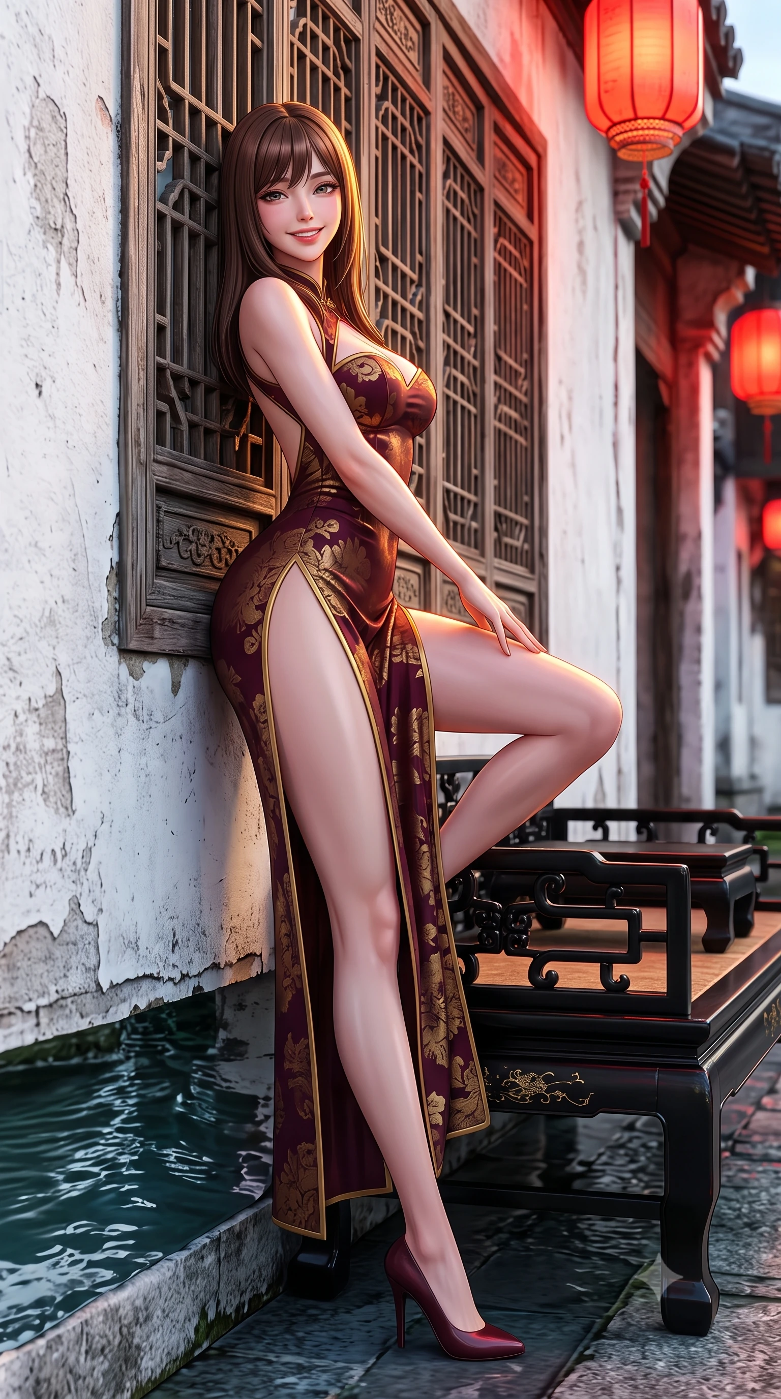 score_9, masterpiece, best quality, ultra-detailed, high-budget anime keyframe, semi-realistic 3D game render, editorial fashion photography, tasteful artistic composition, Korean woman. low angle full-body shot from head to toe showing her feet, filling the entire 9:16 vertical frame with her statuesque presence, stretching her vertical silhouette. leaning deep against the ancient temple wall with hips cocked back in an unapologetically alluring high-fashion stance, flashing a warm beaming smile while lounging in an antique black lacquer daybed with one knee drawn up, her modern high-slit cheongsam displaying her long slender legs. The surrounding environment is rendered in vivid detail and crisp panoramic clarity: sharp carved wooden window lattice patterns, weathered whitewashed plaster texture, and canal water ripples in deep focus. She has an absolutely perfect, statuesque 8.5-heads proportion, an exceptionally tall and slender model-like female figure with impossibly long slender legs, an ultra-slim waist, a flat toned midriff, narrow delicate ribcage, and beautifully sculpted feminine hips creating a graceful, slim hourglass silhouette without any bulky heaviness. sharp v-shaped jawline, high-bridge nose, intricate jewel-like dark sparkling almond eyes with depth, thick lashes, glossy parted lips with a natural rose-plum sheen, bright alluring and coquettish smile with bedroom-eyes, exuding both timeless oriental elegance and sovereign high-fashion allure, flawlessly proportioned anatomical accuracy, strict slender model proportions, natural body alignment, perfectly sculpted long slender limbs, ultra-slim waistline, clean dynamic posture without body distortion. wearing a sweetheart-neckline oriental jacquard bustier top paired with a curve-hugging high-slit mermaid maxi skirt in deep wine burgundy and brushed antique gold, tailored from fine crisp cotton-linen with clean structural lines, finished with sharp laser-cut side hip slits framed by gold piping, the precision-cut side hip slits and low-back scoop framing her graceful spine and the sensual sweep of her slim, toned hips. illuminated by red lantern glow and sharp amber-gold rim lights defining her sculpted collarbones, ultra-slim waist, and curvy hips. highly saturated vibrant anime colors, detailed shading with soft gradients, rich glossy textures, high-contrast stereoscopic depth, volumetric dynamic lighting, master piece, 9:16 ratio