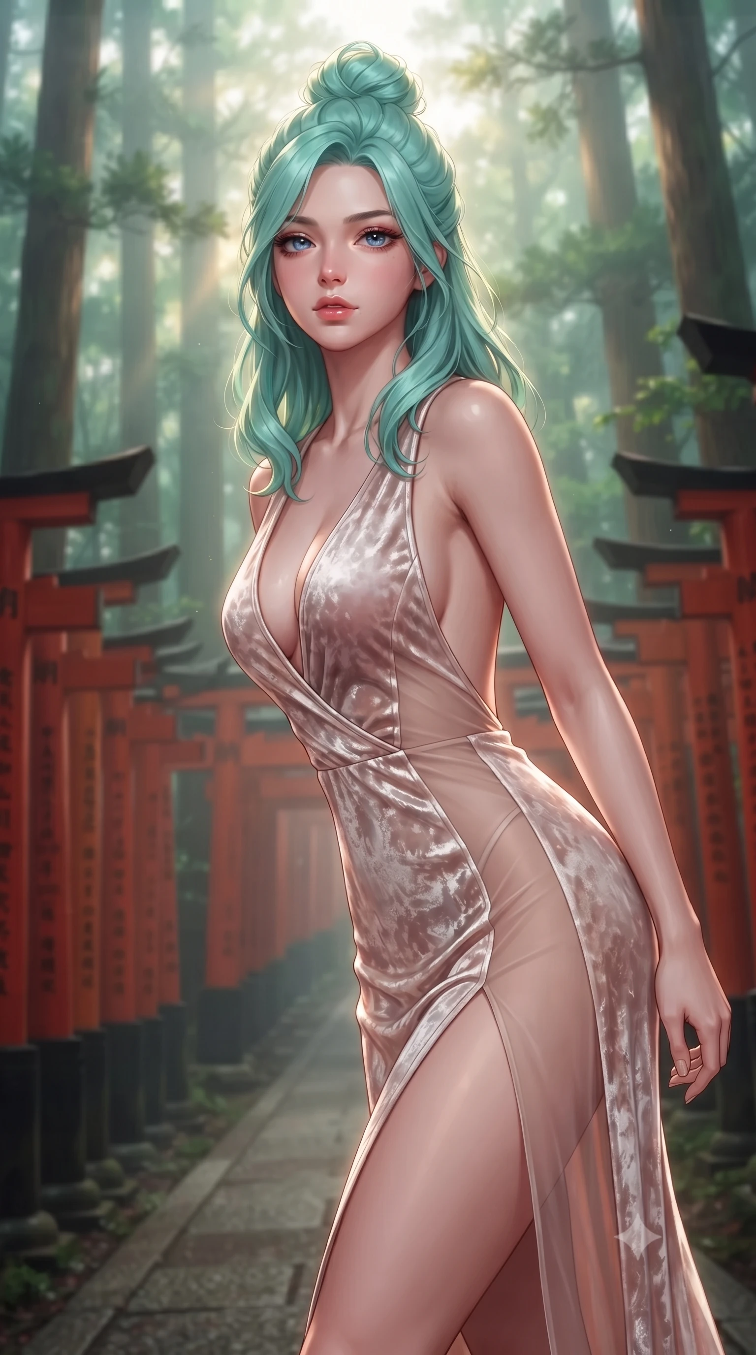 score_9, masterpiece, best quality, ultra-detailed, high-budget anime keyframe, editorial fashion photography, tasteful artistic composition, Japanese woman. close-up cowboy shot from the waist and thighs up, the character dominates the composition, filling the frame with her large presence, background elements kept in soft focus. Leaning slightly forward with a composed, seductive gaze under soft glowing light walking along a pathway lined with thousands of red torii gates in a misty forest, morning fog scattering golden sunlight through towering cedar trees. She has an exceptionally elegant, slender, and willowy female figure with an ultra-slim waist, a gracefully sculpted slender torso, and a refined silhouette. sharp v-shaped jawline, high-bridge nose, intricate jewel-like eyes with depth, thick eyelashes, glossy lips with a natural sheen. wearing a backless crushed velvet gown with a deep V-neckline and high thigh slit in pearl white and rose gold, woven from fine semi-opaque sheer organza, finished with a sleek side slit ascending to mid-thigh, the glove-like fit emphasizing her statuesque silhouette. surrounded by a tranquil, spiritual aura with rich red and green contrast. highly saturated vibrant anime colors, detailed shading with soft gradients, rich glossy textures, high-contrast stereoscopic depth, volumetric dynamic lighting, master piece, 9:16 ratio