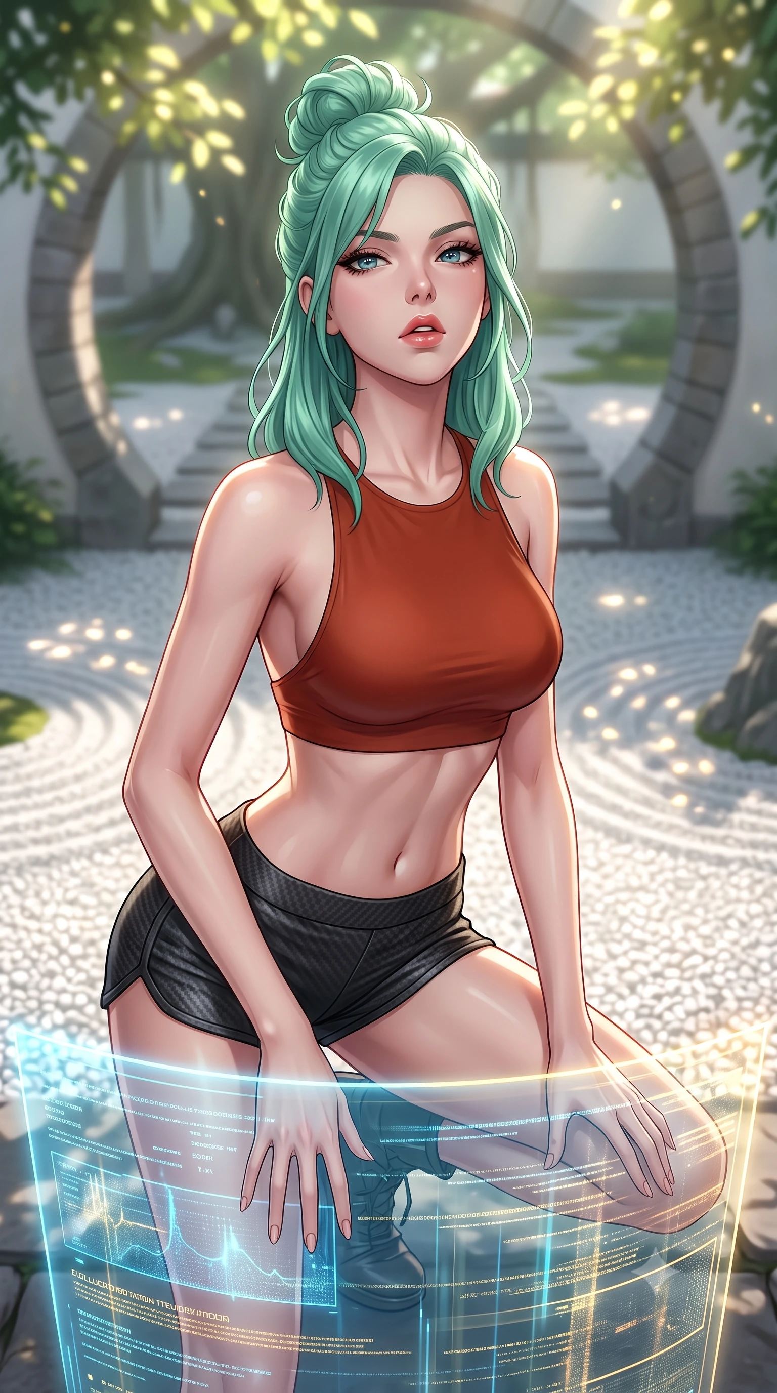 score_9, masterpiece, best quality, ultra-detailed, high-budget anime keyframe, editorial fashion photography, tasteful artistic composition, Japanese woman. close-up cowboy shot from the waist and thighs up, the character dominates the composition, filling the frame with her large presence, background elements kept in soft focus. crouching slightly behind a glowing holographic shield emitter, looking up with defiance and lips slightly parted, the background shows a soft-focus a banyan tree courtyard with white raked gravel and stone path arches. She has an exceptionally elegant, slender, and willowy female figure with an ultra-slim waist, a gracefully sculpted slender torso, and a refined silhouette. sharp v-shaped jawline, high-bridge nose, intricate jewel-like eyes with depth, thick eyelashes, glossy lips with a natural sheen. wearing a body-hugging backless combat top in terracotta red, paired with carbon-fiber micro-shorts. dappled sunlight filtering through glowing leaves onto the white gravel path. highly saturated vibrant anime colors, detailed shading with soft gradients, rich glossy textures, high-contrast stereoscopic depth, volumetric dynamic lighting, master piece, 9:16 ratio
