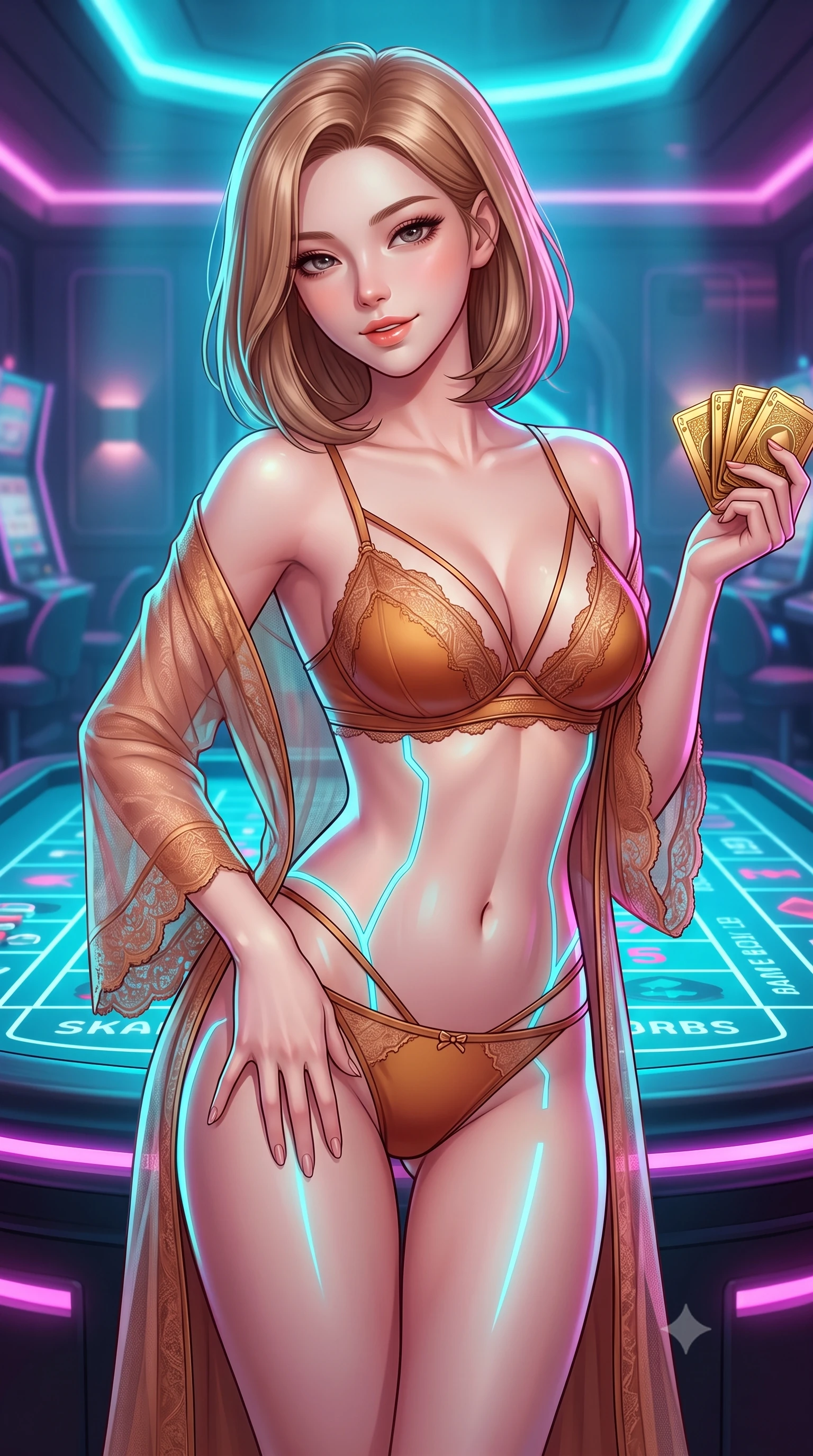 score_9, masterpiece, best quality, ultra-detailed, high-budget anime keyframe, semi-realistic 3D game render, editorial fashion photography, tasteful artistic composition, Korean woman. close-up cowboy shot from the waist and thighs up, the character dominates the composition, filling the frame with her large presence. tilting her head with a teasing half-smile, running one hand slowly down the side of her hip in a flirtatious S-curve as ambient light caresses her silhouette while twisting her slender torso in an alluring S-curve, pulsing cybernetic table lights tracing her flat midriff, narrow waist, and curvy hips. The surrounding environment is rendered in vivid detail and crisp panoramic clarity: detailed second-skin mesh bodysuit cling, glossy parted lips, and high-tech casino mechanics in high resolution. She has an exceptionally elegant, slender, and willowy female figure with an ultra-slim waist, flat toned midriff, narrow ribcage, and sculpted feminine hips creating an alluring, slim hourglass silhouette without bulk. sharp v-shaped jawline, high-bridge nose, sparkling eyes with hypnotic seductive depth, thick curled eyelashes, glossy parted lips with a natural dewy peach sheen, alluring bedroom-eyes with an enchanting coquettish smile, exuding magnetic siren charisma and sophisticated glamour, flawlessly proportioned anatomical accuracy, strict slender model proportions, natural body alignment, perfectly sculpted long slender limbs, ultra-slim waistline, clean dynamic posture without body distortion. wearing a delicate sheer lace boudoir robe worn loose and slipping off bare shoulders over a matching strappy bralette and briefs in warm amber honey and antique terracotta with gilded bronze, tailored from fine breathable linen with soft natural texture and elegant drape, accented with a stack of engraved gold casino plaques held loosely in one hand, the glove-like clinging cut tightly following the natural contour of her hips and long slender legs with youthful 8.5-heads elegance. bathed in vibrant cyan and magenta light radiating directly from embedded table displays. highly saturated vibrant anime colors, detailed shading with soft gradients, rich glossy textures, high-contrast stereoscopic depth, volumetric dynamic lighting, master piece, 9:16 ratio