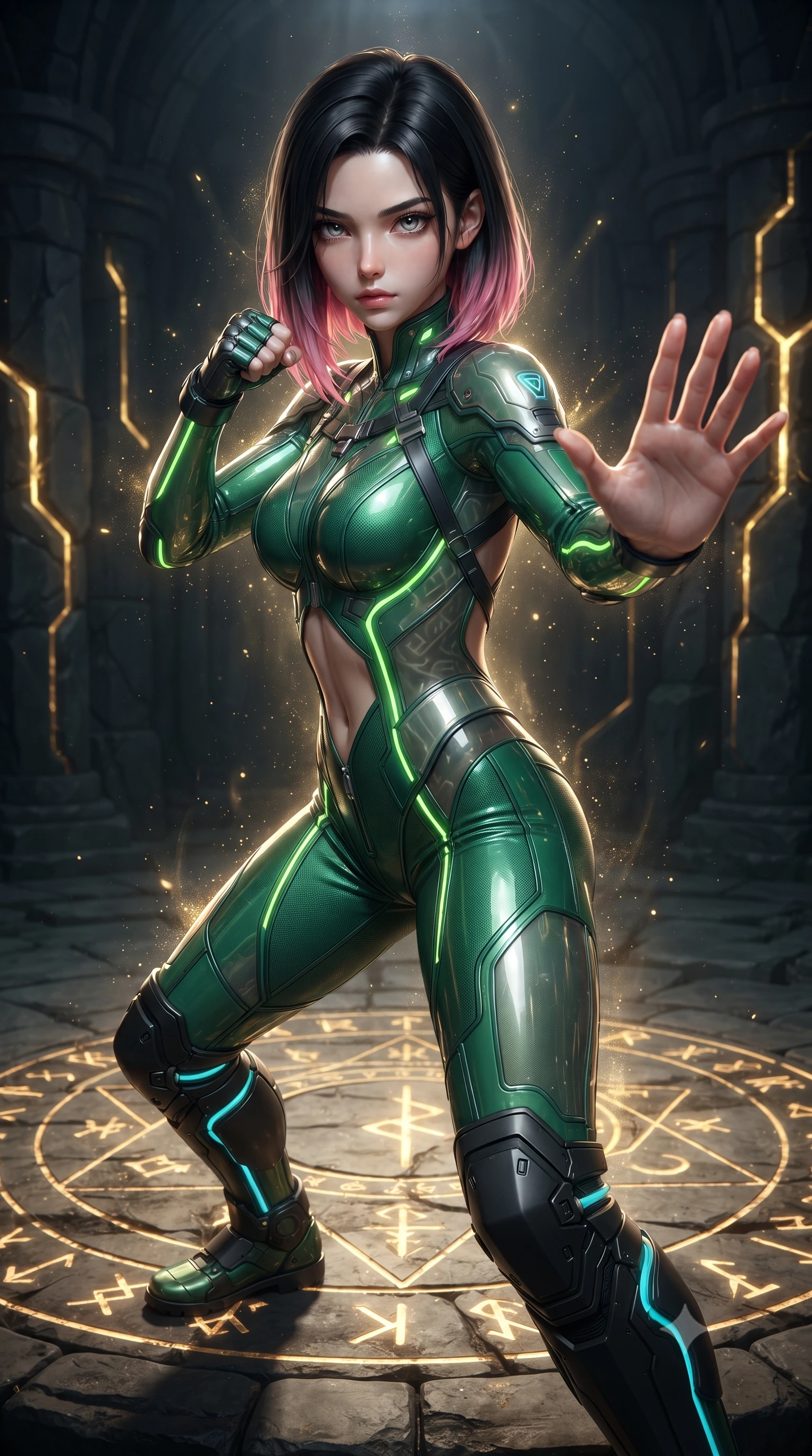 score_9, masterpiece, best quality, ultra-detailed, high-budget anime keyframe, editorial fashion photography, tasteful artistic composition, Korean woman. close-up cowboy shot from the waist and thighs up, the character dominates the composition, filling the frame with her large presence. in a razor-sharp Panzer Kunst fighting guard, one hand extended with palm open in fluid kinetic tension, captivating jewel-like eyes locked onto the viewer with dangerous focus while pivoting dynamically on a circular stone glyph platform as she unleashes a high-frequency vibration palm strike into the open air. The surrounding environment is rendered in vivid detail and crisp panoramic clarity. dramatic chiaroscuro contrast between glowing golden energy and dark mystical architecture in precision. She has an exceptionally elegant, slender, and willowy female figure with an ultra-slim waist, a gracefully sculpted slender torso, toned flat midriff, and a refined slim silhouette. sharp v-shaped jawline, high-bridge nose, intricate jewel-like eyes with depth, thick eyelashes, glossy lips with a natural sheen, flawlessly proportioned anatomical accuracy, strict slender model proportions, natural body alignment, perfectly sculpted long slender limbs, ultra-slim waistline, clean dynamic posture without body distortion. wearing a tailored emerald-green carbon-fiber tactical jumpsuit with glowing lime LED channels, open cowl back, and reinforced combat shin-guards in matte obsidian carbon black with electric cyan conduits, crafted from semi-translucent cybernetic carbon-vinyl interwoven with glowing micro-filaments, complemented by criss-cross back harness straps highlighting her completely bare spine, the precision-cut daring openings accentuating her delicate midriff, graceful bare collarbones, and ultra-slim feminine waistline. surrounded by an awe-inspiring, ancient, and radiantly transcendent martial muse sovereignty aura. ultra-reflective glossy finish, specular highlights, dark metallic sheen, high-contrast stereoscopic depth, volumetric dynamic lighting, 2k, ultra detail, master piece, 9:16 ratio