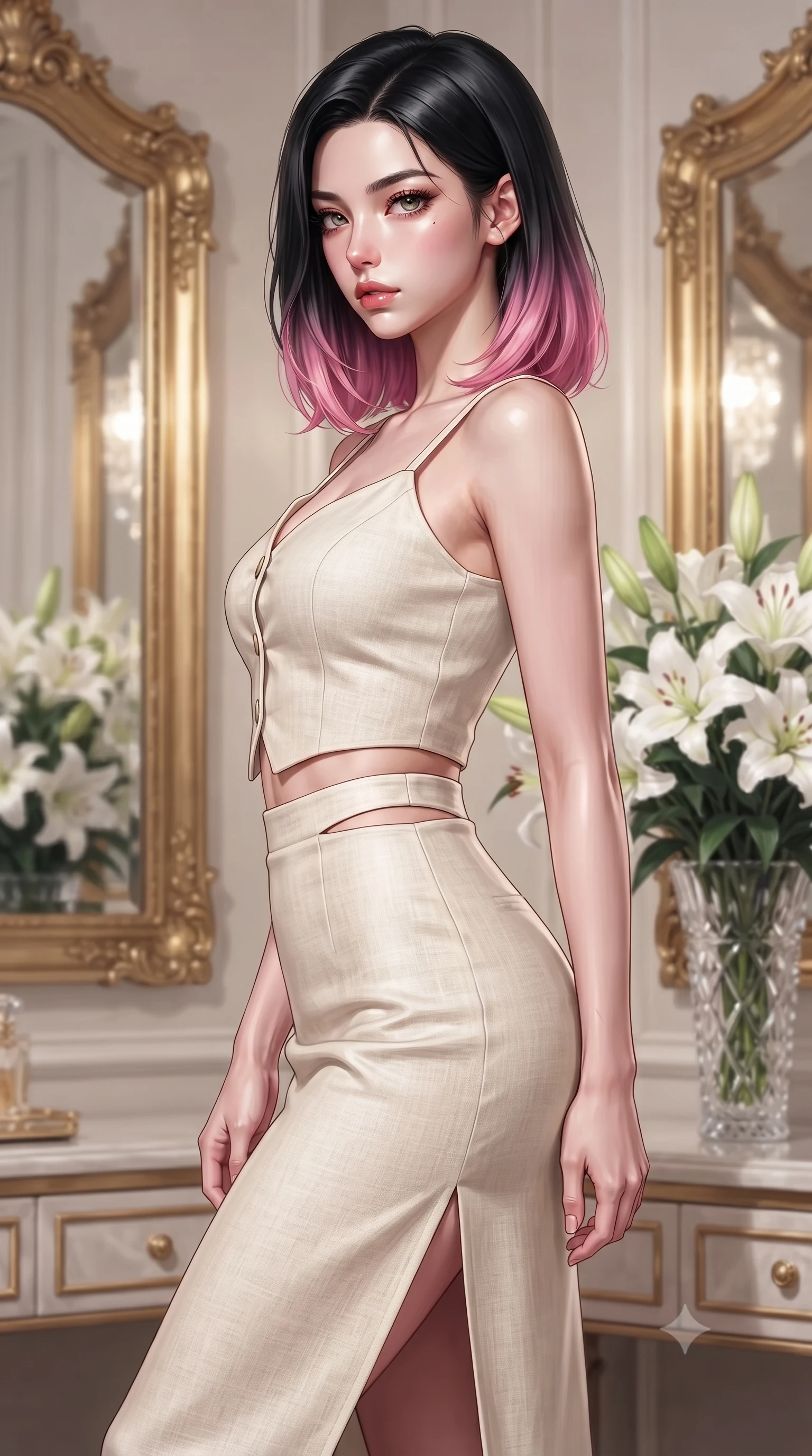 score_9, masterpiece, best quality, ultra-detailed, high-budget anime keyframe, editorial fashion photography, tasteful artistic composition, Korean woman. close-up cowboy shot from the waist and thighs up, the character dominates the composition, filling the frame with her large presence, background elements kept in soft focus. turning her face in sharp profile, casting a cold, mysterious, yet intensely alluring side gaze, the background shows a soft-focus a luxury hotel suite corner with gold mirrors and white lily arrangements. She has an exceptionally elegant, slender, and willowy female figure with an ultra-slim waist, a gracefully sculpted slender torso, and a refined silhouette. sharp v-shaped jawline, high-bridge nose, intricate jewel-like eyes with depth, thick eyelashes, glossy lips with a natural sheen. wearing a form-contouring tailored vacation outfit of a linen crop vest and a matching side-slit midi skirt, revealing a subtle waist cutout. soft spotlighting highlighting silk textures of her outfit. highly saturated vibrant anime colors, detailed shading with soft gradients, rich glossy textures, high-contrast stereoscopic depth, volumetric dynamic lighting, master piece, 9:16 ratio