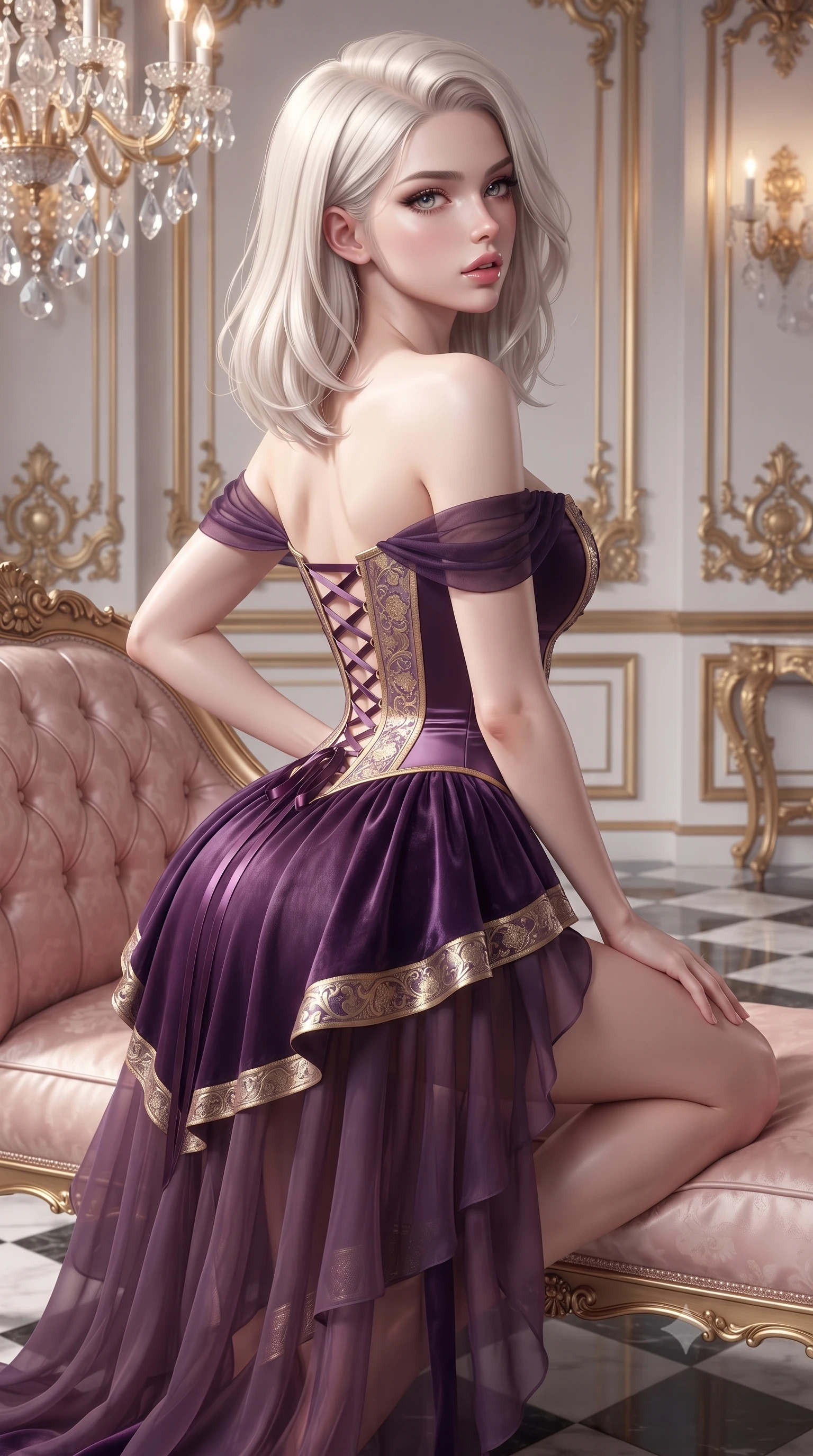 score_9, masterpiece, best quality, ultra-detailed, high-budget anime keyframe, editorial fashion photography, tasteful artistic composition, Caucasian woman. close-up cowboy shot from the waist and thighs up, the character dominates the composition, filling the frame with her large presence. posing in an alluring rear three-quarter angle, arching her lower back in a pronounced S-curve with one hand on her hip, glancing seductively over her bare shoulder with parted glossy lips while reclining on an antique blush silk chaise lounge with one knee drawn up, the dramatic contour of her rounded hips commanding the frame. The surrounding environment is rendered in vivid detail and crisp panoramic clarity. sharp gilded rococo scrollwork, cut crystal chandelier facets, and checkerboard marble floor reflections in deep focus. She has an exceptionally elegant, slender, and willowy female figure with an ultra-slim waist, a gracefully sculpted slender torso, toned flat midriff, and rounded feminine hips creating an alluring hourglass silhouette. sharp v-shaped jawline, high-bridge nose, intricate jewel-like eyes with depth, thick eyelashes, glossy parted lips with a natural sheen, intensely captivating and seductive bedroom-eyes expression, flawlessly proportioned anatomical accuracy, strict slender model proportions, natural body alignment, perfectly sculpted long slender limbs, ultra-slim waistline, clean dynamic posture without body distortion. wearing an off-shoulder French court corset bodice dress paired with a tiered translucent chiffon slit skirt in imperial royal purple velvet and antique gold, tailored from ultra-smooth duchess satin with a pearlescent courtly sheen, accented with criss-cross back satin ribbon lacing highlighting her shoulder blades, the liquid-tight tailored fabric clinging flawlessly to her narrow waist and rounded feminine hips, emphasizing every millimeter of her sculpted hourglass curves during movement. surrounded by an aristocratic, scandalous, and breathlessly mesmerizing imperial duchess aura. ultra-reflective glossy finish, specular highlights, rich textural contrasts, high-contrast stereoscopic depth, volumetric dynamic lighting, 2k, ultra detail, master piece, 9:16 ratio