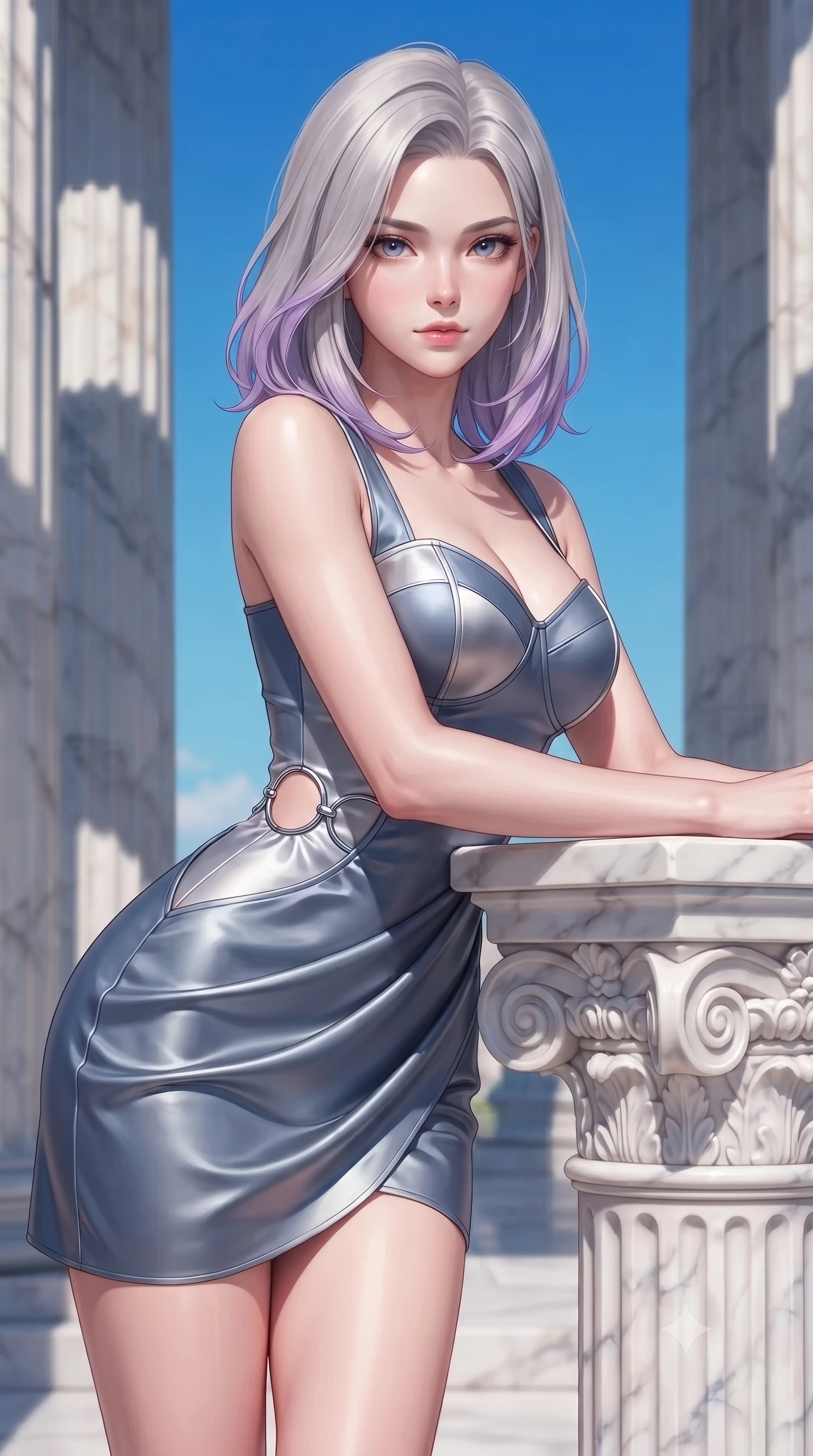 score_9, masterpiece, best quality, ultra-detailed, high-budget anime keyframe, editorial fashion photography, tasteful artistic composition, Caucasian woman. close-up cowboy shot from the waist and thighs up, the character dominates the composition, filling the frame with her large presence, background elements kept in soft focus. Leaning slightly forward with a composed, seductive gaze under soft glowing light resting against a sculpted white marble pedestal under a clear blue sky, crisp architectural shadow lines cast by tall marble columns. She has an exceptionally elegant, slender, and willowy female figure with an ultra-slim waist, a gracefully sculpted slender torso, and a refined silhouette. sharp v-shaped jawline, high-bridge nose, intricate jewel-like eyes with depth, thick eyelashes, glossy lips with a natural sheen. wearing a modern fusion silk hanbok dress with a structured bodice in slate blue and metallic silver, crafted from lustrous satin jersey with fluid draping, accented with delicate chrome ring hardware framing her waist, the tailored fabric tightly following every curve of her athletic build. surrounded by a noble, timeless acropolis radiance. highly saturated vibrant anime colors, detailed shading with soft gradients, rich glossy textures, high-contrast stereoscopic depth, volumetric dynamic lighting, master piece, 9:16 ratio