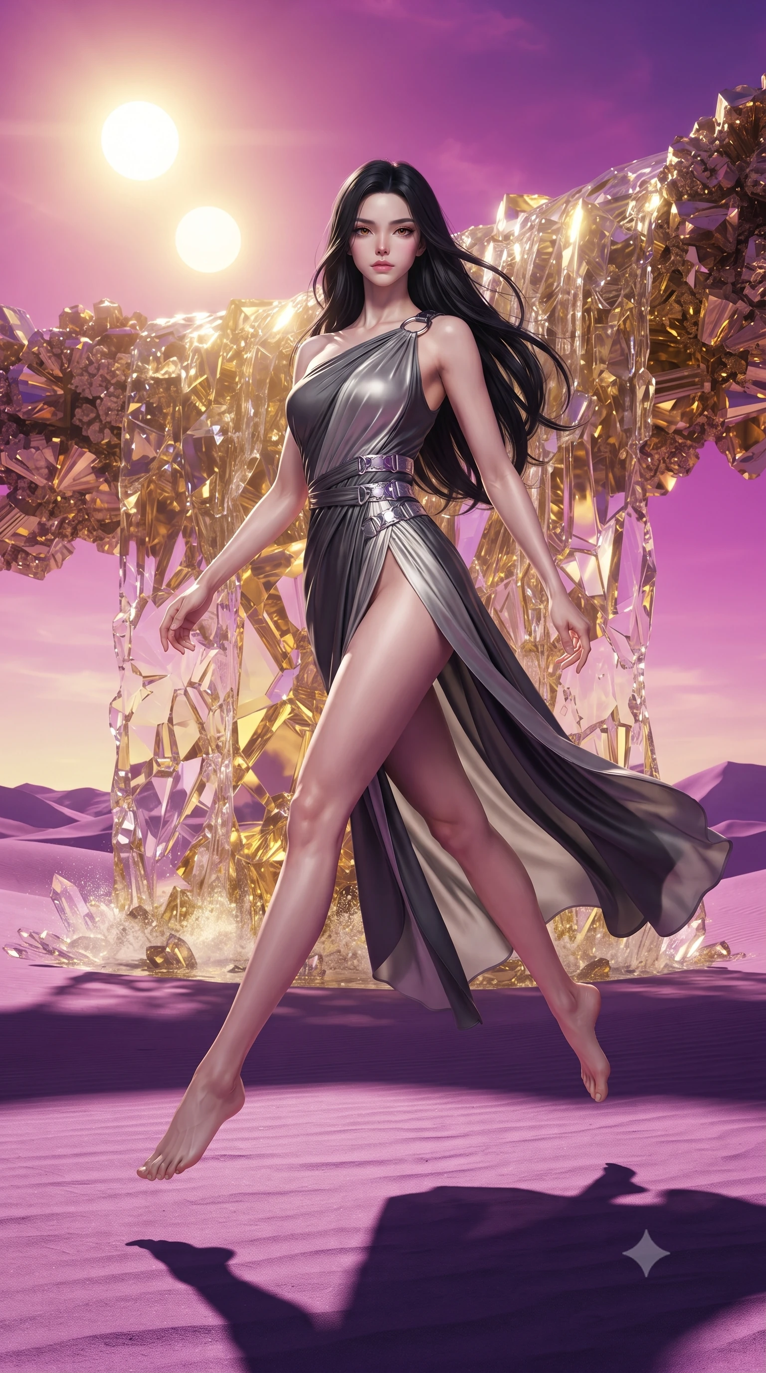 score_9, masterpiece, best quality, ultra-detailed, high-budget anime keyframe, editorial fashion photography, tasteful artistic composition, Korean woman. low angle full-body shot from head to toe showing her feet, filling the entire 9:16 vertical frame with her statuesque presence, stretching her vertical silhouette. leaping gracefully through the environment with statuesque elegance and long slender legs poised before a giant golden fractal waterfall frozen into glass crystals, twin suns casting dramatic dual shadows across the violet desert landscape. She has an absolutely perfect, statuesque 8.5-heads proportion, an exceptionally tall and slender model-like female figure with impossibly long slender legs and an ultra-slim waist. sharp v-shaped jawline, high-bridge nose, intricate jewel-like eyes with depth, thick eyelashes, glossy lips with a natural sheen. wearing an asymmetrical Grecian draped chiffon gown with a metallic shoulder ring in charcoal grey and platinum, crafted from smooth liquid silk, detailed with polished silver buckles along the waistline, the sleek second-skin texture accentuating her magnetic presence. bathed in radiant magenta and gold sky glow with sharp mineral speculars. ultra-reflective glossy finish, specular highlights, metallic sheen, high-contrast stereoscopic depth, volumetric dynamic lighting, 2k, ultra detail, master piece, 9:16 ratio