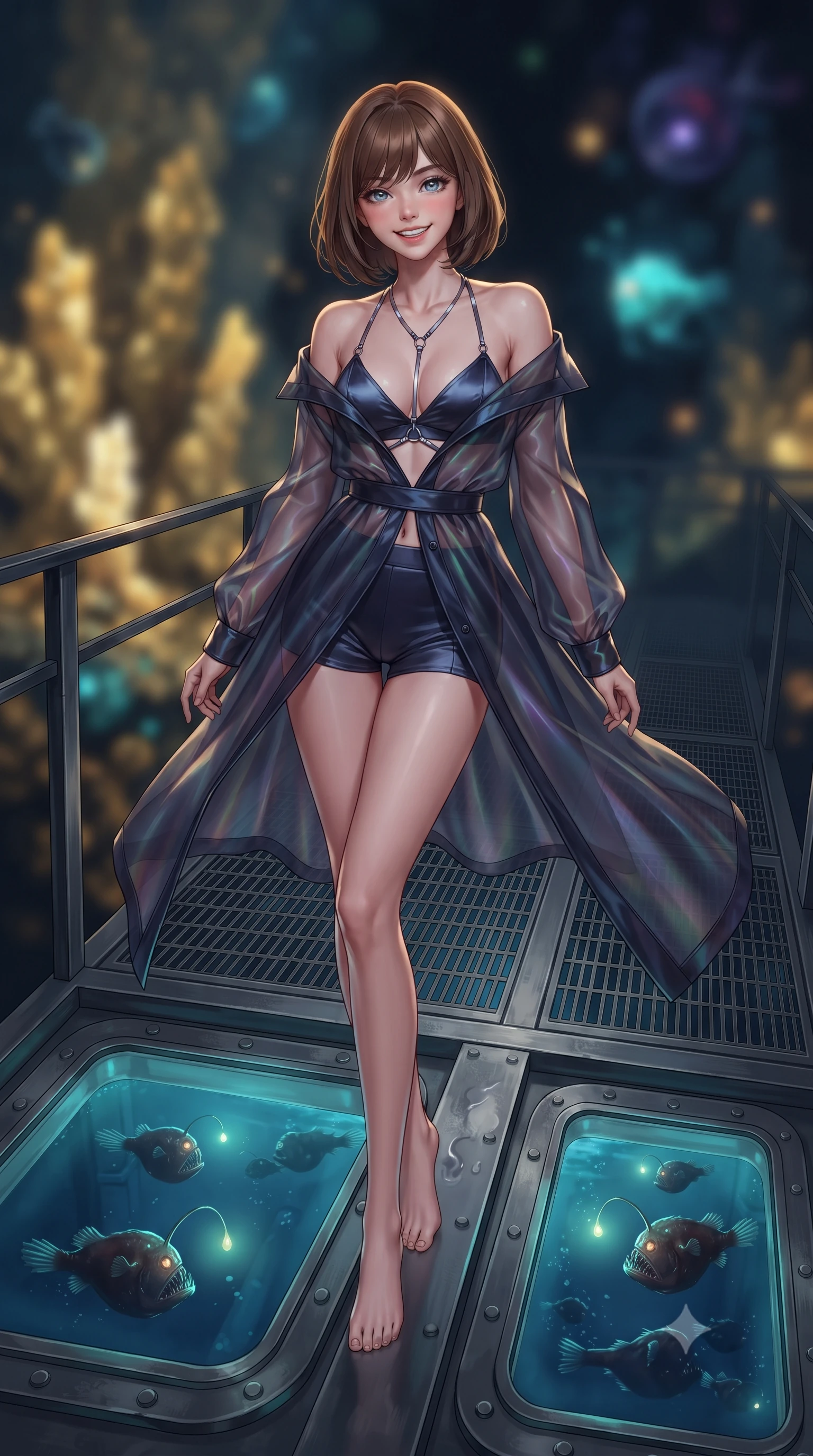 score_9, masterpiece, best quality, ultra-detailed, high-budget anime keyframe, editorial fashion photography, tasteful artistic composition, Caucasian woman. low angle full-body shot from head to toe showing her feet, filling the entire 9:16 vertical frame with her statuesque presence, stretching her vertical silhouette. reclining gracefully across the plush chaise lounge with one leg extended, her sculpted silhouette and flat midriff radiating magnetic nocturnal glamour while standing poised on the grated steel catwalk above flooded torpedo launch tubes, arching her spine with mysterious siren elegance as deep-sea anglerfish glow through the thick glass. The background shows a soft-focus golden mineral heat plumes from hydrothermal vents, glowing bioluminescent abyssal creatures, and deep ink-black ocean blurred into gold, ruby, and indigo bokeh. She has an exceptionally tall and slender model-like 8.5-heads proportion, an ultra-slim waist, a flat toned midriff, narrow delicate ribcage, and beautifully sculpted feminine hips creating a graceful, slim hourglass silhouette without any bulky heaviness, with impossibly long slender legs. sharp v-shaped jawline, high-bridge nose, intricate jewel-like sparkling eyes with depth, thick eyelashes, glossy parted lips with a natural peach sheen, bright cheerful beaming smile with an enchanting and coquettish sensual glint, exuding both youthful cute charm and seductive allure, flawlessly proportioned anatomical accuracy, strict slender model proportions, natural body alignment, perfectly sculpted long slender limbs, ultra-slim waistline, clean dynamic posture without body distortion. wearing a translucent iridescent organza tactical robe slipping off bare shoulders over a matching satin micro-bralette and combat shorts in midnight carbon navy and polished chrome, tailored from high-density tech-wool with subtle metallic thread weave, accented with a chrome-drop body harness subtly framing her dewy collarbones and spine, the bespoke structured tailoring following the natural line of her 8.5-heads silhouette with refined elegance. illuminated by wet steel floor reflection bounce and sharp ruby-gold rim lights sculpting her razor-sharp jawline, narrow waist, and curvy hips. ultra-reflective glossy finish, specular highlights, rich textural contrasts, high-contrast stereoscopic depth, volumetric dynamic lighting, 2k, ultra detail, master piece, 9:16 ratio