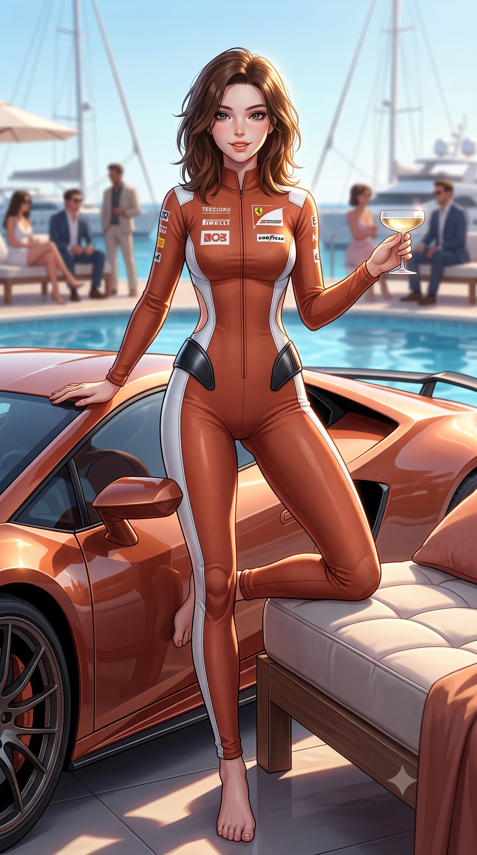 score_9, masterpiece, best quality, ultra-detailed, high-budget anime keyframe, semi-realistic 3D game render, editorial fashion photography, tasteful artistic composition, Korean woman. low angle full-body shot from head to toe showing her feet, filling the entire 9:16 vertical frame with her statuesque presence, stretching her vertical silhouette. standing in a tall, confident posture with one hand on the sports car roof, stretching her statuesque body as she arches her lower back to emphasize her sculpted feminine hips and slender waist while lounging gracefully on a poolside daybed with one knee bent, holding a champagne coupe with sovereign Riviera cool. The background shows a soft-focus chic rooftop pool patrons and luxury yacht masts softened in legendary Monaco Grand Prix shallow focus. She has an absolutely perfect, statuesque 8.5-heads proportion, an exceptionally tall and slender model-like female figure with impossibly long slender legs, an ultra-slim waist, a flat toned midriff, narrow delicate ribcage, and beautifully sculpted feminine hips creating a graceful, slim hourglass silhouette without any bulky heaviness. sharp v-shaped jawline, high-bridge nose, sparkling eyes with athletic focus and depth, thick curled eyelashes, glossy parted lips with a natural coral-peach sheen, bright confident and coquettish smile with alluring bedroom-eyes, exuding both youthful sporty vigor and sovereign high-society glamour, flawlessly proportioned anatomical accuracy, strict slender model proportions, natural body alignment, perfectly sculpted long slender limbs, ultra-slim waistline, clean dynamic posture without body distortion. wearing a second-skin compression stretch racing catsuit with racing team sponsor graphics and sculpted carbon hip guards in classic clay-court terracotta and cloud white, made of second-skin technical compression piqué knit with moisture-wicking stretch, accented with sleek aerodynamic carbon-fiber hip pads framing her narrow waist, the precision-cut side openings and low-back scoop framing her graceful spine and the sensual sweep of her slim, athletic hips. illuminated by pool water caustic bounce and sharp warm-gold rim lights sculpting her razor-sharp jawline, narrow waist, and curvy hips. highly saturated vibrant anime colors, detailed shading with soft gradients, rich glossy textures, high-contrast stereoscopic depth, volumetric dynamic lighting, master piece, 9:16 ratio