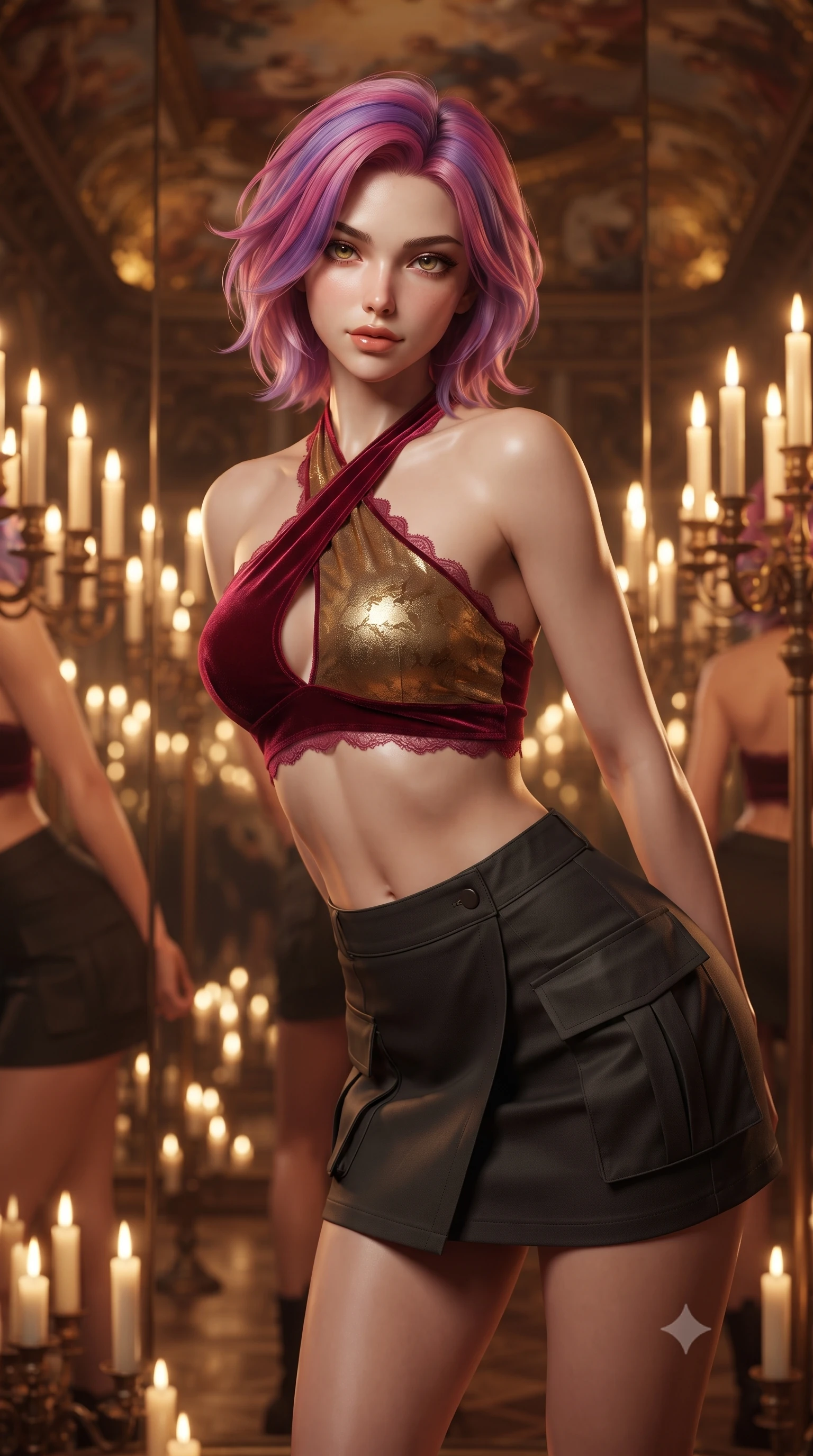 score_9, masterpiece, best quality, ultra-detailed, high-budget anime keyframe, editorial fashion photography, tasteful artistic composition, Caucasian woman. close-up cowboy shot from the waist and thighs up, the character dominates the composition, filling the frame with her large presence. leaning forward while arching her lower back to accentuate her curvy hips, looking into the camera with an intoxicating smoldering gaze and bedroom-eyes while twisting her slender torso in an alluring S-curve, mirrored walls reflecting her sculpted flat midriff, narrow waist, and curvaceous hips. The background shows a soft-focus hundreds of flickering candle flames in tall bronze candelabras and gilded ceiling frescoes blurred into warm honey, amber, and gold bokeh. She has an exceptionally elegant, slender, and willowy female figure with an ultra-slim waist, flat toned midriff, narrow ribcage, and sculpted feminine hips creating an alluring, slim hourglass silhouette without bulk. sharp v-shaped jawline, high-bridge nose, sparkling eyes with hypnotic seductive depth, thick curled eyelashes, glossy parted lips with a natural dewy peach sheen, alluring bedroom-eyes with an enchanting coquettish smile, exuding magnetic siren charisma and sophisticated glamour, flawlessly proportioned anatomical accuracy, strict slender model proportions, natural body alignment, perfectly sculpted long slender limbs, ultra-slim waistline, clean dynamic posture without body distortion. wearing a high-waisted tactical wrap mini skirt with dual utility pockets paired with a plunging criss-cross halter sports top in royal opera house crimson velvet and shimmering gold leaf, made of semi-opaque stretch illusion mesh with soft shadowy contours, finished with scalloped eyelash lace trim framing her sweetheart neckline with intimate elegance, the glove-like clinging cut tightly following the natural contour of her hips and long slender legs with youthful 8.5-heads elegance. illuminated by polished parquet bounce and sharp golden rim lighting sculpting her jawline, flat midriff, and voluptuous hip curves. ultra-reflective glossy finish, specular highlights, rich textural contrasts, high-contrast stereoscopic depth, volumetric dynamic lighting, 2k, ultra detail, master piece, 9:16 ratio