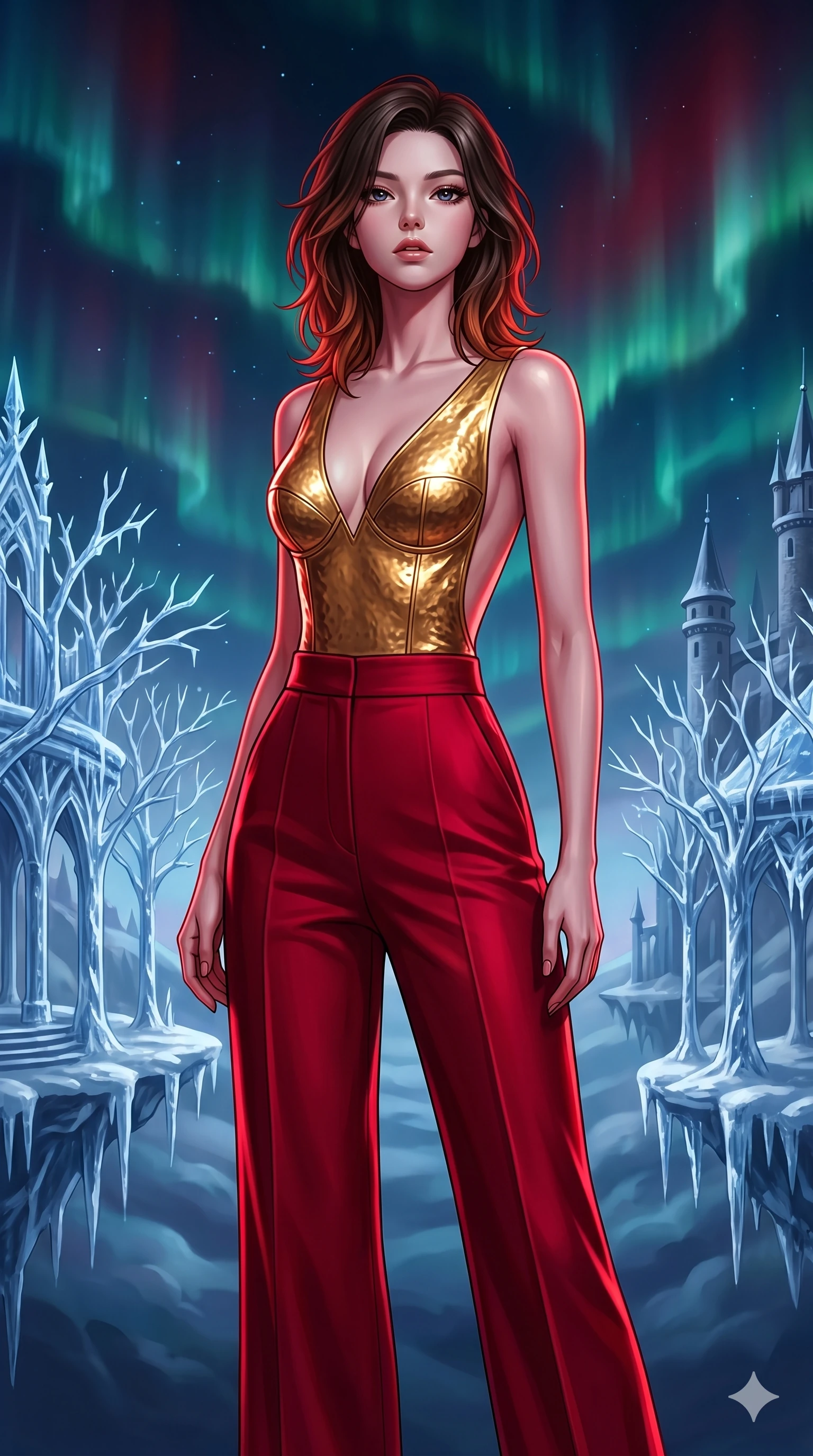 score_9, masterpiece, best quality, ultra-detailed, high-budget anime keyframe, editorial fashion photography, tasteful artistic composition, Korean woman. cowboy shot from the thighs up, character and outfit filling the frame for maximum editorial presence. Tilting her chin up slightly with lips parted in a composed expression within a dreamlike floating winter kingdom with frozen crystal trees and aurora skies. She has an absolutely perfect 8-heads proportion, an exceptionally tall and slender female figure with impossibly long slender legs and an ultra-slim waist. V-shaped jawline, high-bridge nose, intricate jewel-like eyes with depth, thick eyelashes, glossy lips with a natural sheen. wearing a sleeveless deep-V bodysuit in hammered gold with sculptural bust seaming and a bold open-back design descending to the lower back, paired with sharply tailored high-waist wide-leg trousers. drenched in deep crimson theatrical lighting with sharp specular highlights on every curve. 2k, ultra detail, master piece, 9:16 ratio