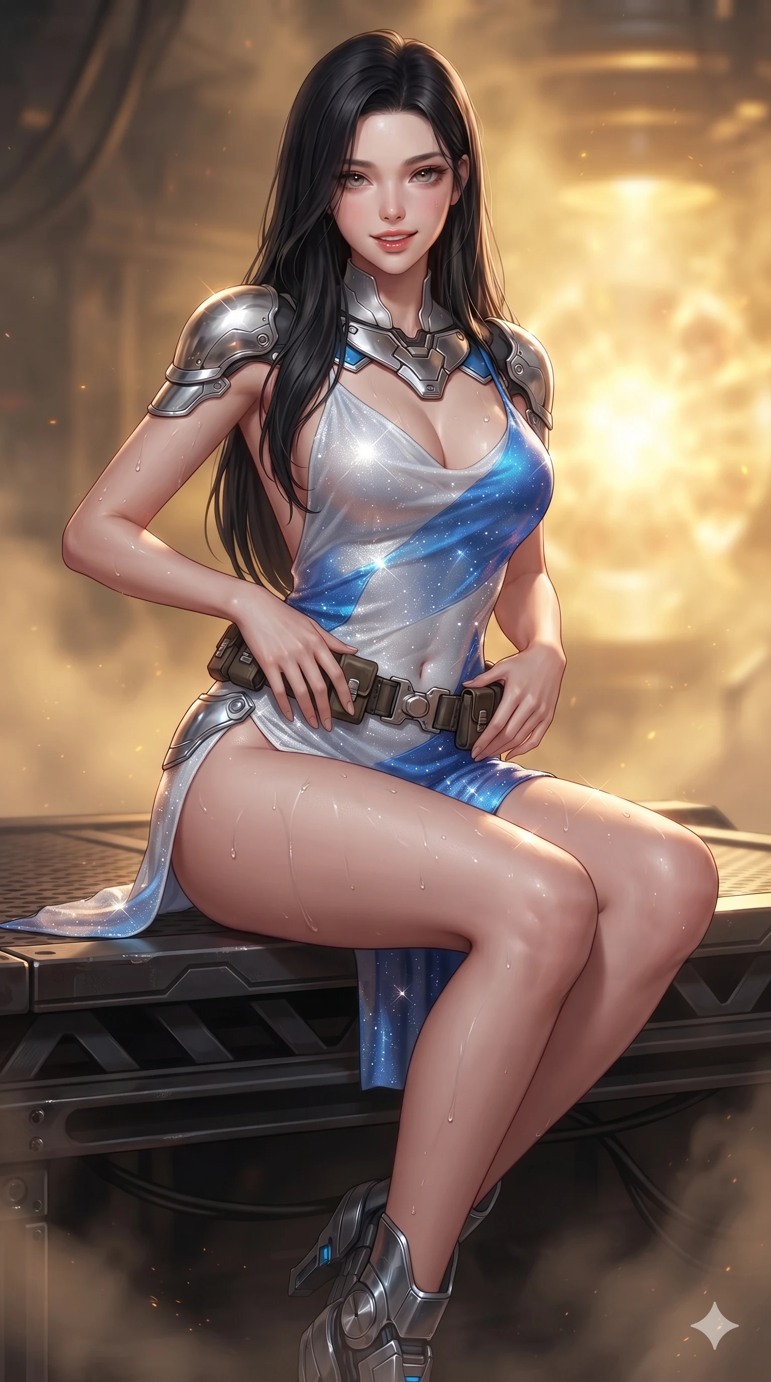 score_9, masterpiece, best quality, ultra-detailed, high-budget anime keyframe, editorial fashion photography, tasteful artistic composition, Korean woman. close-up cowboy shot from the waist and thighs up, the character dominates the composition, filling the frame with her large presence. resting both hands lightly on her tactical utility belt, arching her spine to highlight her narrow waist, flat midriff, and breathtaking collarbones while perched gracefully on the reinforced equipment staging deck with legs crossed, flashing an enchanting smile with parted glossy lips. The background shows a soft-focus volcanic atmospheric particulate haze softened in reactor containment chamber shallow focus. She has an exceptionally elegant, slender, and willowy female figure with an ultra-slim waist, flat toned midriff, narrow ribcage, and sculpted feminine hips creating an alluring, slim hourglass silhouette without bulk. sharp v-shaped jawline, high-bridge nose, intricate jewel-like sparkling eyes with depth, thick eyelashes, glossy parted lips with a natural sheen, bright confident smile with an enchanting and coquettish sensual glint, exuding both youthful magnetic charm and sovereign high-tech allure, flawlessly proportioned anatomical accuracy, strict slender model proportions, natural body alignment, perfectly sculpted long slender limbs, ultra-slim waistline, clean dynamic posture without body distortion. wearing a form-contouring gossamer cyber-chiffon flight slip with a hip-high slit and open cowl back clinging with dewy moisture in arctic snowflake white and electric plasma blue, woven from stretch metallic lurex jersey casting radiant starlight glints across her curves, accented with strategically placed chrome armor plate guards covering key curves, the form-fitting tactical tailoring adhering flawlessly to her sculpted flat midriff and slender torso, emphasizing her long leg lines and perfectly proportioned willowy build. bathed in the blinding warm golden radiance of the magnetic fusion core with dynamic volumetric heat shimmers. ultra-reflective glossy finish, specular highlights, rich textural contrasts, high-contrast stereoscopic depth, volumetric dynamic lighting, 2k, ultra detail, master piece, 9:16 ratio