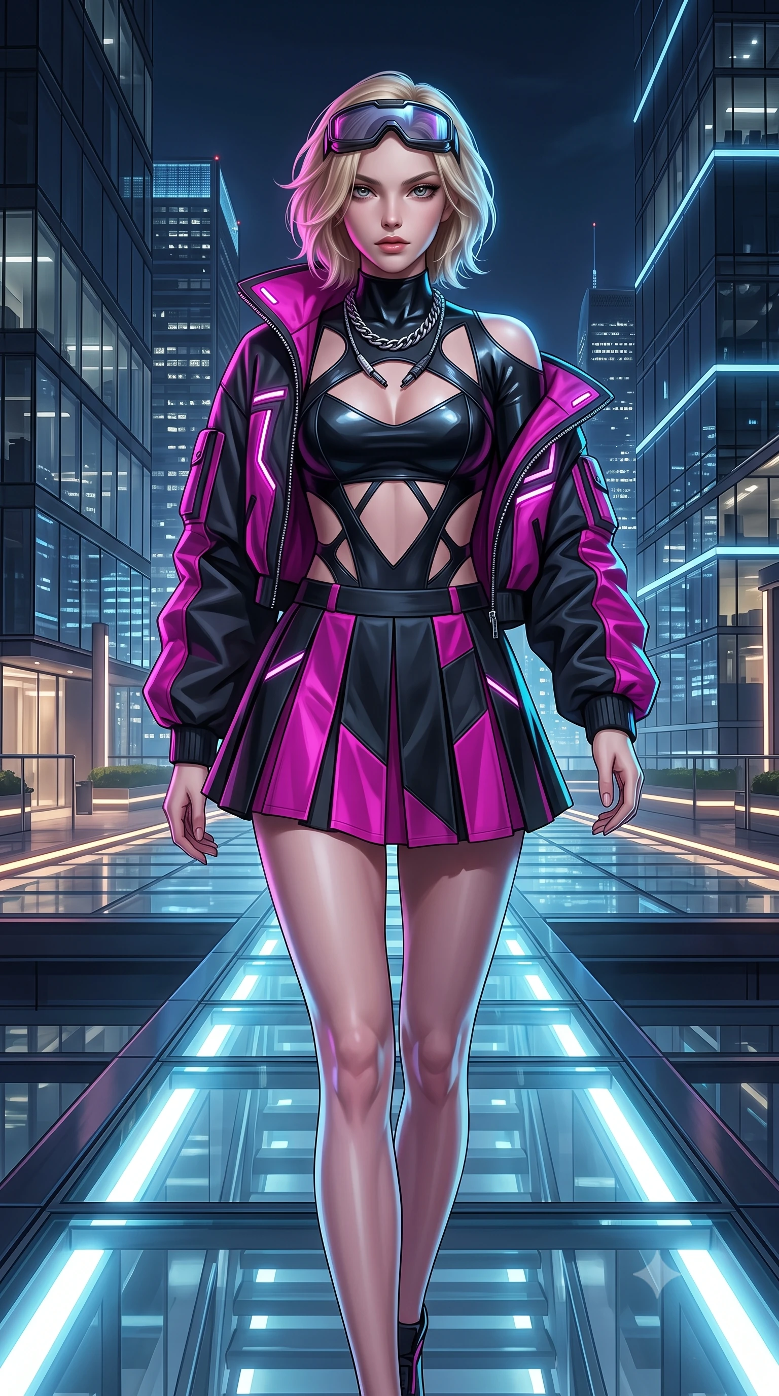 score_9, masterpiece, best quality, ultra-detailed, high-budget anime keyframe, semi-realistic 3D game render, editorial fashion photography, tasteful artistic composition, Caucasian woman. close-up cowboy shot from the waist and thighs up, the character dominates the composition, filling the frame with her large presence. turning over her shoulder with an indomitable, smoldering gaze, her soft hair framing her razor-sharp v-shaped jawline while striding along the illuminated glass deck with effortless high-fashion authority and statuesque poise. The surrounding environment is rendered in vivid detail and crisp panoramic clarity. sleek modern luxury chiaroscuro and futuristic skyline elegance rendered with environmental precision. She has an exceptionally elegant, slender, and willowy female figure with an ultra-slim waist, a gracefully sculpted slender torso, toned flat midriff, and a refined slim silhouette. sharp v-shaped jawline, high-bridge nose, intricate jewel-like eyes with depth, thick eyelashes, glossy lips with a natural sheen, captivating and magnetic expression, flawlessly proportioned anatomical accuracy, strict slender model proportions, natural body alignment, perfectly sculpted long slender limbs, ultra-slim waistline, clean dynamic posture without body distortion. wearing a daring cutout cyberpunk bodysuit paired with an oversized neon-accented bomber jacket and pleated micro-skirt in matte black and vivid magenta, tailored from second-skin aerodynamic stretch vinyl and insulated satin, accessorized with a chunky silver chain necklace and cyber-visor goggles resting on her brow edition #33, the glove-like aerodynamic second-skin fit tightly clinging to her ultra-slender waist and athletic curves without adding bulk, accentuating her razor-sharp statuesque lines and slim hourglass silhouette. surrounded by a cosmopolitan, elite, and intensely magnetic modern royalty aura. highly saturated vibrant anime colors, detailed shading with soft gradients, rich glossy textures, high-contrast stereoscopic depth, volumetric dynamic lighting, master piece, 9:16 ratio