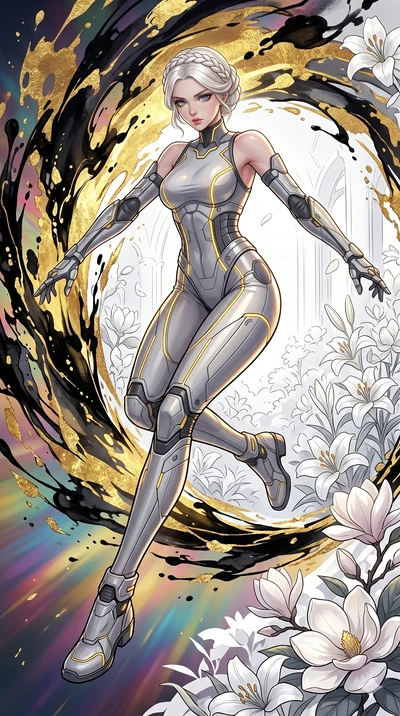 score_9, masterpiece, best quality, ultra-detailed, Set C: High-budget Anime Keyframe, Korean woman. Low angle cowboy shot filling the entire 9:16 frame with her statuesque presence. Leaping through a portal made of swirling ink and gold leaf into a 