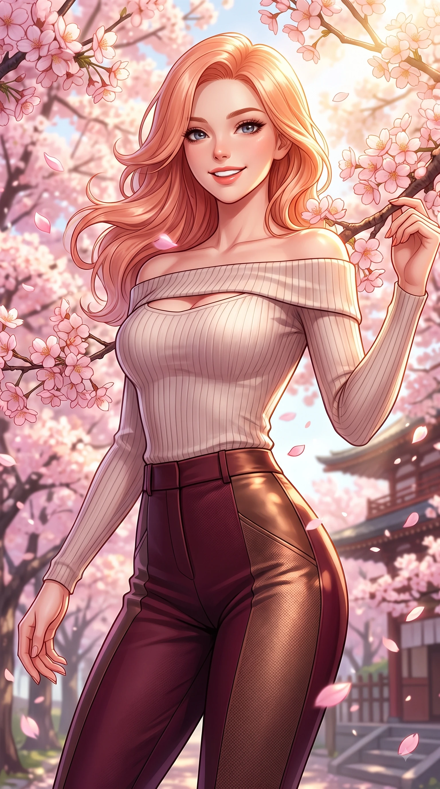 score_9, masterpiece, best quality, ultra-detailed, high-budget anime keyframe, editorial fashion photography, tasteful artistic composition, Japanese woman. close-up cowboy shot from the waist and thighs up, the character dominates the composition, filling the frame with her large presence, background elements kept in soft focus. Cheerful beaming smile with parted lips, exuding pure enchanting charm while turning dynamically toward the camera while resting cheerfully against a blooming sakura branch as golden morning sunbeams fill the air, floating pink petals drifting around her in dynamic, cheerful wind currents. She has an exceptionally elegant, slender, and willowy female figure with an ultra-slim waist, a gracefully sculpted slender torso, and a refined silhouette. sharp v-shaped jawline, high-bridge nose, intricate jewel-like eyes with depth, thick eyelashes, glossy lips with a natural sheen, flawlessly proportioned anatomical accuracy, natural body alignment, perfectly sculpted elegant limbs, clean dynamic posture without body distortion. wearing a sleek off-shoulder ribbed knit top paired with high-waist tailored pants in deep burgundy and bronze, made of fine carbon-fiber weave and soft matte leather, accented with a Tasteful chest slit framing her clavicle gracefully, the elegant draped fit framing her graceful clavicle and slender torso. bathed in bright morning sunbeams and warm golden sakura backlighting. highly saturated vibrant anime colors, detailed shading with soft gradients, rich glossy textures, high-contrast stereoscopic depth, volumetric dynamic lighting, master piece, 9:16 ratio