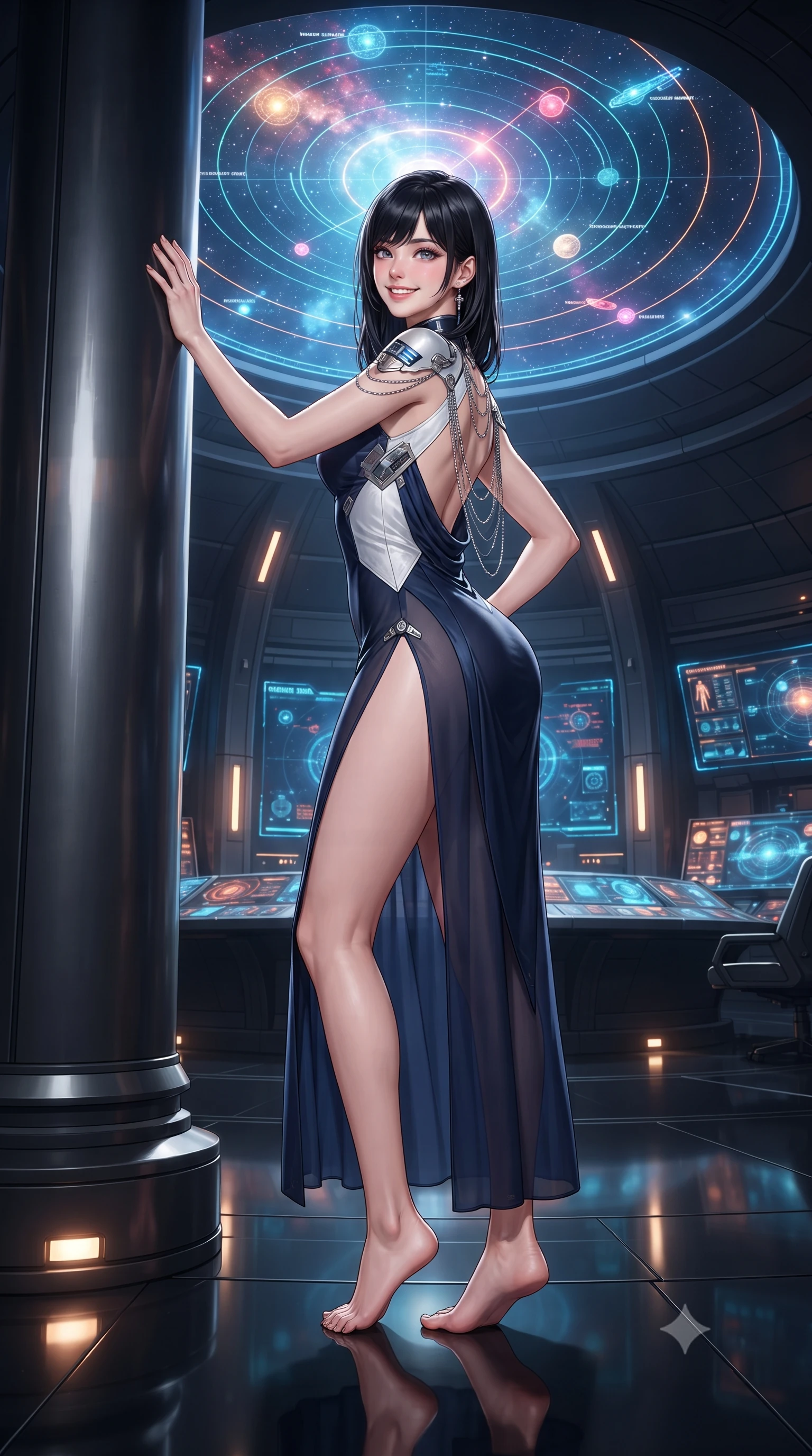 score_9, masterpiece, best quality, ultra-detailed, high-budget anime keyframe, editorial fashion photography, tasteful artistic composition, Caucasian woman. low angle full-body shot from head to toe showing her feet, filling the entire 9:16 vertical frame with her statuesque presence, stretching her vertical silhouette. standing tall beside the architectural column, one hand resting high while arching her lower back to emphasize her sculpted feminine hips and slender waist while standing poised at the center of the circular black obsidian war-room beneath a monumental 3D holographic star system map, arching her lower back with sovereign supermodel grace. The surrounding environment is rendered in vivid detail and crisp panoramic clarity: detailed tactical gown tailoring, futuristic rank insignia, and monumental command headquarters architecture in high resolution. She has an exceptionally tall and slender model-like 8.5-heads proportion, an ultra-slim waist, a flat toned midriff, narrow delicate ribcage, and beautifully sculpted feminine hips creating a graceful, slim hourglass silhouette without any bulky heaviness, with impossibly long slender legs. sharp v-shaped jawline, high-bridge nose, intricate jewel-like sparkling eyes with depth, thick eyelashes, glossy parted lips with a natural peach sheen, bright cheerful beaming smile with an enchanting and coquettish sensual glint, exuding both youthful cute charm and seductive allure, flawlessly proportioned anatomical accuracy, strict slender model proportions, natural body alignment, perfectly sculpted long slender limbs, ultra-slim waistline, clean dynamic posture without body distortion. wearing a form-contouring gossamer silk chiffon combat slip dress with a hip-high slit and open cowl back clinging with dewy moisture in pristine orbital navy white and silver starlight, made of fluid liquid jersey with seamless sculpting hold and smooth contours, accented with an open-back drape framed by falling strands of delicate chrome chains, the glove-like clinging cut tightly following the natural contour of her hips and long slender legs with youthful 8.5-heads elegance. bathed in the multi-colored celestial glow of the rotating holographic star system contrasted with subtle floor-level warm lights. ultra-reflective glossy finish, specular highlights, rich textural contrasts, high-contrast stereoscopic depth, volumetric dynamic lighting, 2k, ultra detail, master piece, 9:16 ratio