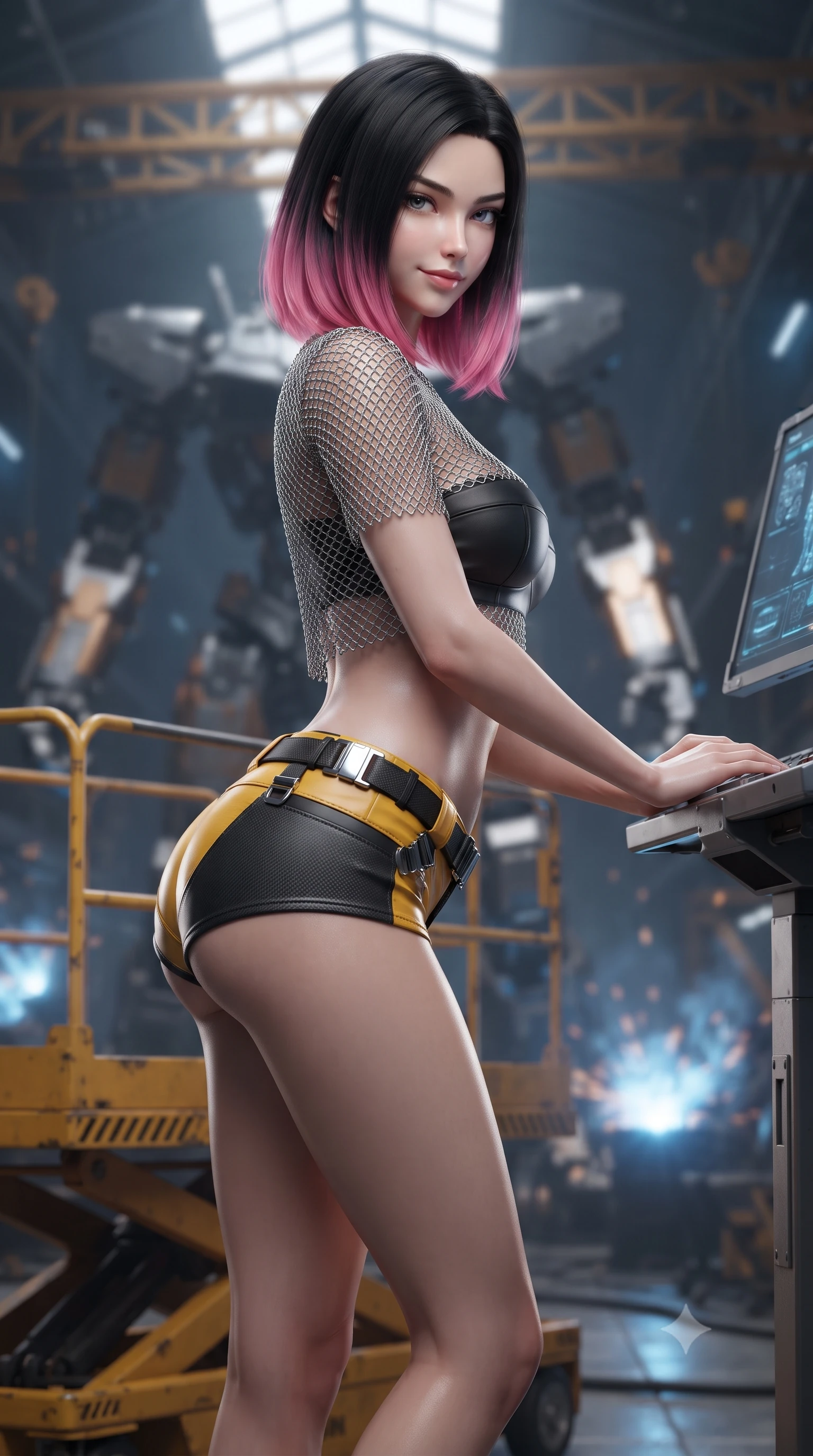 score_9, masterpiece, best quality, ultra-detailed, high-budget anime keyframe, editorial fashion photography, tasteful artistic composition, Korean woman. close-up cowboy shot from the waist and thighs up, the character dominates the composition, filling the frame with her large presence. resting both hands lightly on the holoscreen pedestal while leaning toward the lens with a teasing smirk, her tight combat suit hugging her narrow waist and feminine hip curve while standing poised on a yellow hydraulic lift platform with hips cocked back, looking over her shoulder with an intoxicating mechanic allure. The background shows a soft-focus the colossal 50-meter steel mech skeleton and soaring hangar crane trusses blurred into industrial gunmetal, amber, and welding blue bokeh. She has an exceptionally elegant, slender, and willowy female figure with an ultra-slim waist, flat toned midriff, narrow ribcage, and sculpted feminine hips creating an alluring, slim hourglass silhouette without bulk. sharp v-shaped jawline, high-bridge nose, intricate jewel-like sparkling eyes with depth, thick eyelashes, glossy parted lips with a natural sheen, bright confident smile with an enchanting and coquettish sensual glint, exuding both youthful magnetic charm and sovereign high-tech allure, flawlessly proportioned anatomical accuracy, strict slender model proportions, natural body alignment, perfectly sculpted long slender limbs, ultra-slim waistline, clean dynamic posture without body distortion. wearing a delicate silver chainmail mesh crop top layered over a sculpted matte black bandeau with low-rise combat shorts in industrial hazard yellow and matte carbon black, crafted from lightweight aerodynamic matte carbon-fiber weave with structural stiffness, finished with polished chrome buckle hardware and modular magnetic holster clasps, the aerodynamic second-skin silhouette tightly following the natural contour of her hips and long slender legs with youthful 8.5-heads elegance. illuminated by floor warning lights and sharp platinum rim lights carving her razor-sharp jawline, narrow waist, and curvy hips. ultra-reflective glossy finish, specular highlights, rich textural contrasts, high-contrast stereoscopic depth, volumetric dynamic lighting, 2k, ultra detail, master piece, 9:16 ratio
