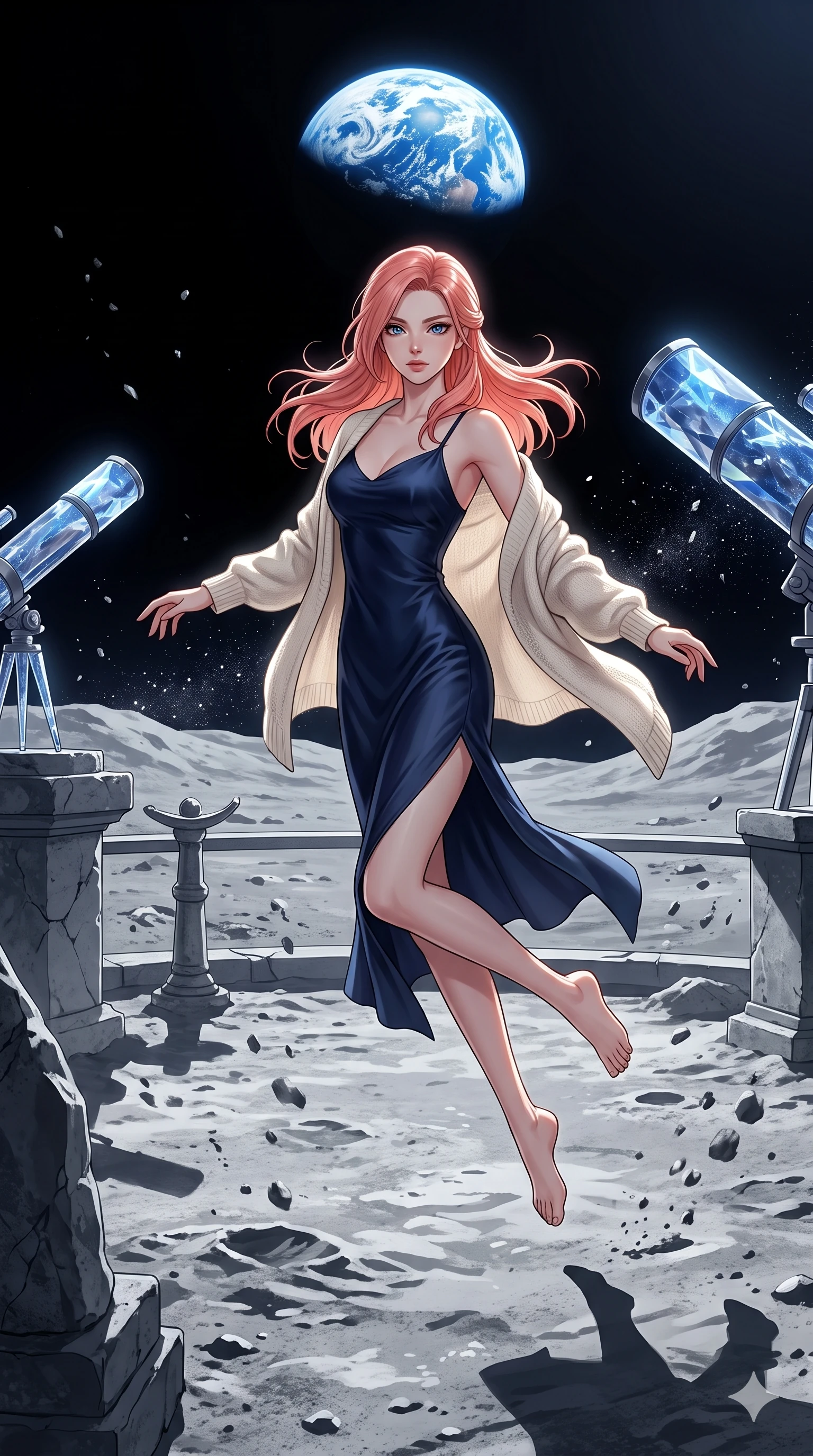 score_9, masterpiece, best quality, ultra-detailed, high-budget anime keyframe, editorial fashion photography, tasteful artistic composition, Japanese woman. low angle full-body shot from head to toe showing her feet, filling the entire 9:16 vertical frame with her statuesque presence, stretching her vertical silhouette. leaping gracefully through an open-air observation terrace on the moon's surface with crystalline telescopes pointing toward the blue Earth hanging in the black sky lunar dust particles floating weightlessly around ancient stone instruments. She has a statuesque 8.5-heads proportion, an exceptionally tall, slender and willowy model-like build with impossibly long legs and a highly sculpted ultra-slim waist. sharp v-shaped jawline, high-bridge nose, intricate jewel-like eyes with depth, thick eyelashes, glossy lips with a natural sheen. wearing a deep navy silk slip midi dress featuring a tasteful side thigh slit, layered with a soft cream knit shawl. cold silver earthshine reflecting off the lunar surface combined with stark unfiltered starlight creating sharp high-contrast shadows on the grey regolith. 2k, ultra detail, master piece, 9:16 ratio