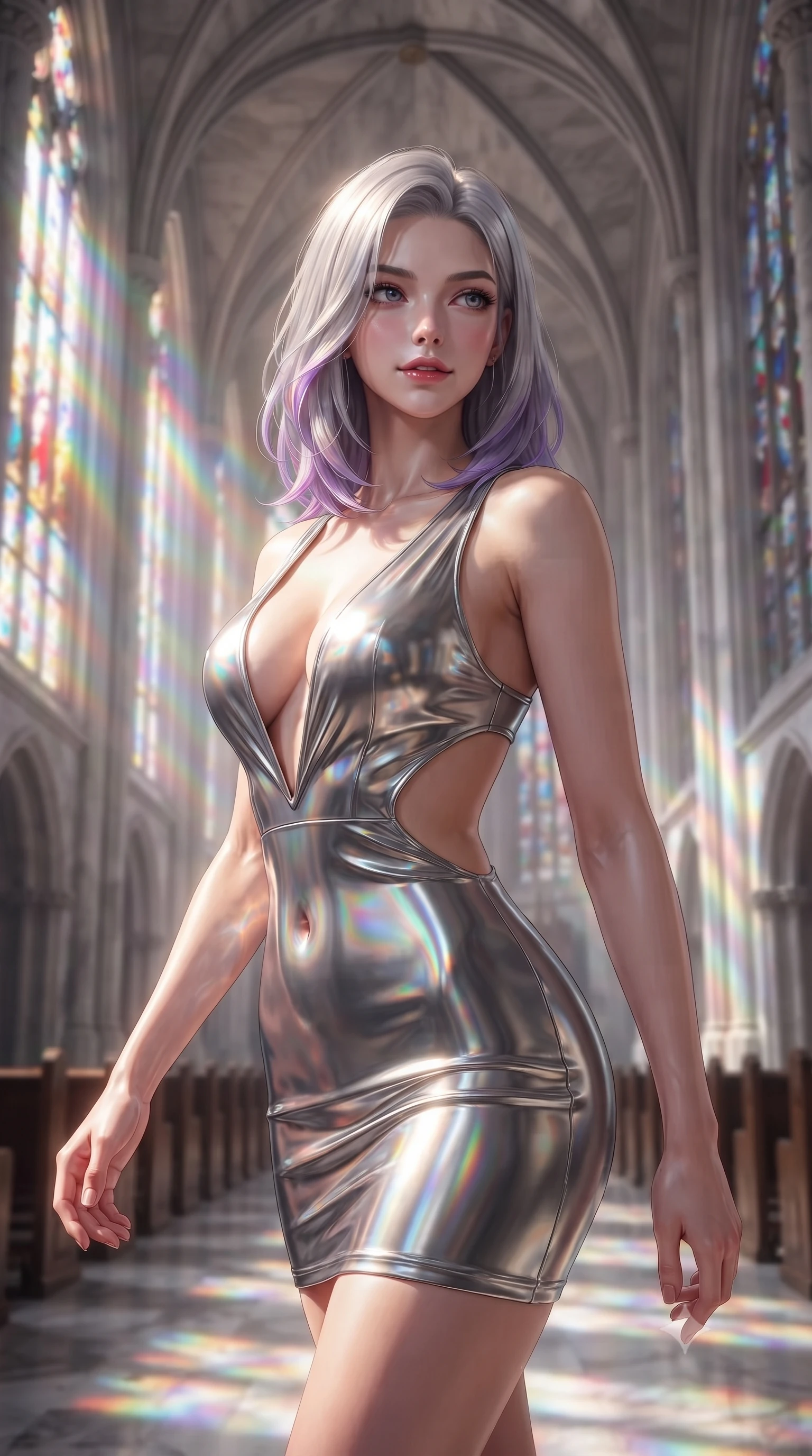 score_9, masterpiece, best quality, ultra-detailed, high-budget anime keyframe, editorial fashion photography, tasteful artistic composition, Caucasian woman. close-up cowboy shot from the waist and thighs up, the character dominates the composition, filling the frame with her large presence, background elements kept in soft focus. Glancing sidelong over her shoulder with a smoldering half-smile and heavy lashes walking down a polished marble nave lined with tall stained glass arcades, majestic vaulted ceilings rising high into a luminous atmosphere. She has an exceptionally elegant, slender, and willowy female figure with an ultra-slim waist, a gracefully sculpted slender torso, and a refined silhouette. sharp v-shaped jawline, high-bridge nose, intricate jewel-like eyes with depth, thick eyelashes, glossy lips with a natural sheen. wearing a liquid mercury gloss mini dress with ultra-deep plunging V-neck and dramatic waist cutouts, the sleek second-skin texture accentuating her magnetic presence. bathed in cascading rainbow prismatic light refracting through stained glass. ultra-reflective glossy finish, specular highlights, metallic sheen, high-contrast stereoscopic depth, volumetric dynamic lighting, 2k, ultra detail, master piece, 9:16 ratio