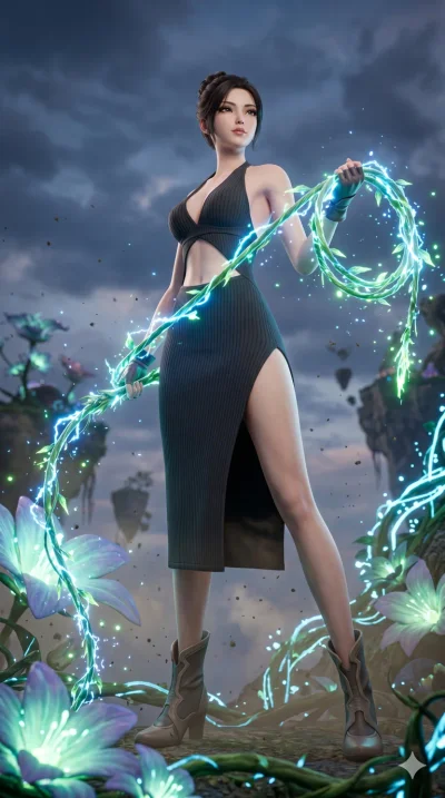 score_9, masterpiece, best quality, ultra-detailed, Semi-realistic 3D Game Render, high-fidelity character model, intricate textures, dynamic particle effects, Unreal Engine 5 aesthetic, crisp 3D depth, Japanese woman with delicate and elegant anime-