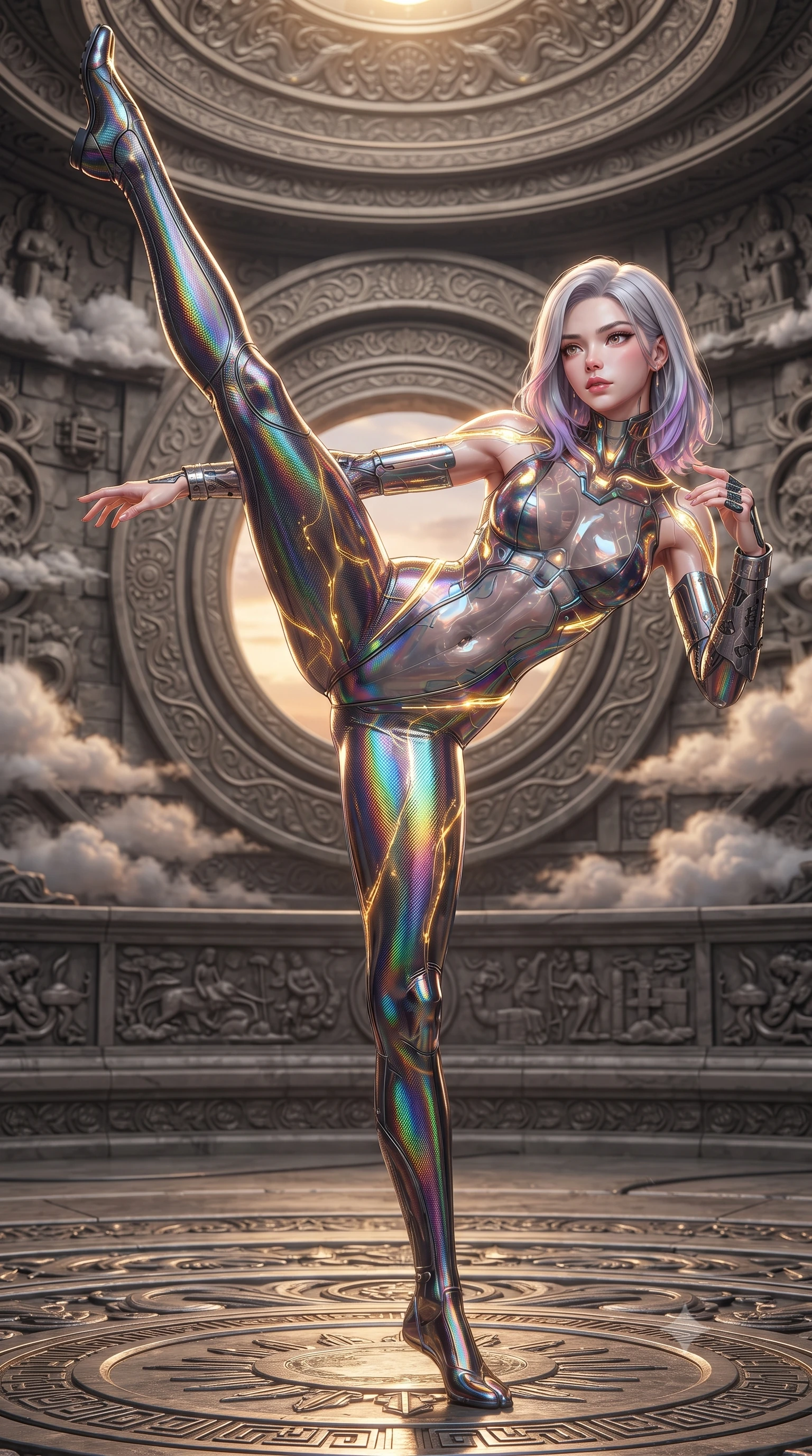 score_9, masterpiece, best quality, ultra-detailed, high-budget anime keyframe, editorial fashion photography, tasteful artistic composition, Caucasian woman. low angle full-body shot from head to toe showing her feet, filling the entire 9:16 vertical frame with her statuesque presence, stretching her vertical silhouette. executing a breathtaking zero-gravity high-kick with full 180-degree vertical extension, her impossibly long slender legs dominating the frame with razor-sharp poise while arching her spine in a fluid zero-gravity turn as golden energy waves pulse through the Damascus-pattern carbon weave of her suit. The surrounding environment is rendered in vivid detail and crisp panoramic clarity. intricate kinetic palm plate engravings, stone altar reliefs, and cloud vapor crests in high resolution. She has an absolutely perfect, statuesque 8.5-heads proportion, an exceptionally tall and slender model-like female figure with impossibly long slender legs, a toned flat midriff, and an ultra-slim waist. sharp v-shaped jawline, high-bridge nose, intricate jewel-like eyes with depth, thick eyelashes, glossy lips with a natural sheen, flawlessly proportioned anatomical accuracy, strict slender model proportions, natural body alignment, perfectly sculpted long slender limbs, ultra-slim waistline, clean dynamic posture without body distortion. wearing a high-gloss iridescent rainbow carbon-weave bodysuit with translucent cybernetic panels and Damascus-steel forearm bracers in high-gloss iridescent rainbow carbon with prism holographic sheen, made of liquid carbon-jersey fabric adhering flawlessly to her sculpted silhouette, accented with glowing fiber-optic conduits tracing her collarbones and hip curves, the sleek second-skin cut tightly hugging her graceful clavicle, narrow waist, and feminine curves with athletic precision. bathed in radiant golden holographic rune uplights and warm sunset horizon fill light. ultra-reflective glossy finish, specular highlights, dark metallic sheen, high-contrast stereoscopic depth, volumetric dynamic lighting, 2k, ultra detail, master piece, 9:16 ratio
