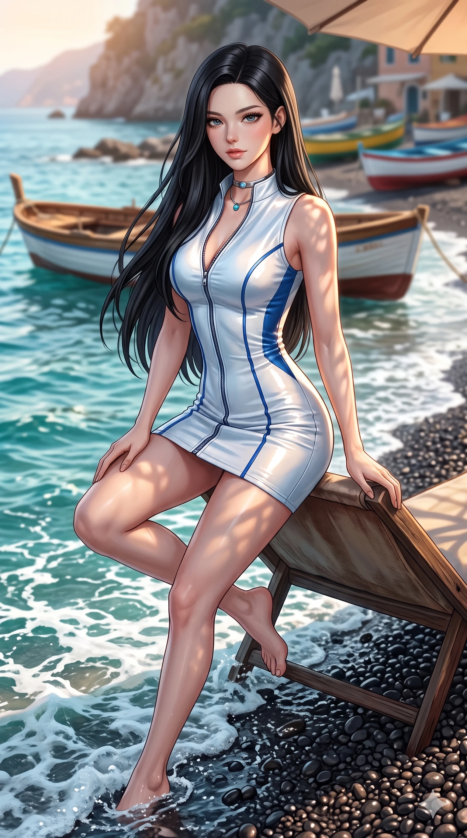 score_9, masterpiece, best quality, ultra-detailed, high-budget anime keyframe, semi-realistic 3D game render, editorial fashion photography, tasteful artistic composition, Korean woman. close-up cowboy shot from the waist and thighs up, the character dominates the composition, filling the frame with her large presence. perched sideways on the lounge seat, one knee drawn up to showcase her slender leg line while her arched back accentuates her feminine hip curve while standing poised on the dark volcanic pebble beach as turquoise surf washes around her ankles, arching her lower back with sovereign supermodel grace. The background shows a soft-focus wooden fishing skiffs softened in picturesque Italian coastal shallow focus. She has an exceptionally elegant, slender, and willowy female figure with an ultra-slim waist, flat toned midriff, narrow ribcage, and sculpted feminine hips creating an alluring, slim hourglass silhouette without bulk. sharp v-shaped jawline, high-bridge nose, sparkling eyes with hypnotic seductive depth, thick curled eyelashes, glossy parted lips with a natural dewy peach sheen, alluring bedroom-eyes with an enchanting coquettish smile, exuding magnetic siren charisma and sophisticated glamour, flawlessly proportioned anatomical accuracy, strict slender model proportions, natural body alignment, perfectly sculpted long slender limbs, ultra-slim waistline, clean dynamic posture without body distortion. wearing a glove-like stretch lambskin leather racer mini dress with double-ended front zipper and waist-cinching seams in Mykonos whitewash and cobalt blue, crafted from wet-look high-gloss vinyl fabric with dazzling specular surface reflections, finished with a minimalist chrome choker and a single turquoise stone pendant, the form-contouring cut accentuating her sculpted flat midriff, narrow delicate ribcage, and gracefully curvy hips with intoxicating allure. illuminated by parasol shadow gradients and sharp golden-peach rim lights defining her razor-sharp jawline, narrow waist, and curvy hips. highly saturated vibrant anime colors, detailed shading with soft gradients, rich glossy textures, high-contrast stereoscopic depth, volumetric dynamic lighting, master piece, 9:16 ratio
