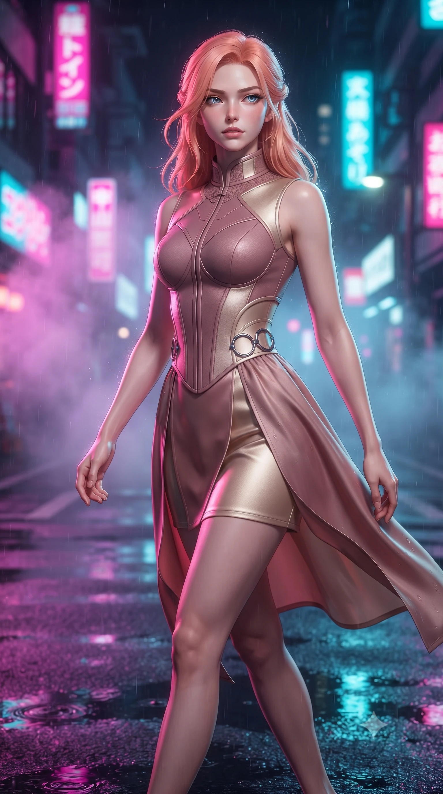 score_9, masterpiece, best quality, ultra-detailed, high-budget anime keyframe, editorial fashion photography, tasteful artistic composition, Japanese woman. close-up cowboy shot from the waist and thighs up, the character dominates the composition, filling the frame with her large presence, background elements kept in soft focus. Gazing past the camera with an air of effortless elegance and mysterious confidence walking across a wet asphalt street reflecting multi-color neon city lights, soft mist scattering vibrant magenta and cyan neon rim light around her form. She has an exceptionally elegant, slender, and willowy female figure with an ultra-slim waist, a gracefully sculpted slender torso, and a refined silhouette. sharp v-shaped jawline, high-bridge nose, intricate jewel-like eyes with depth, thick eyelashes, glossy lips with a natural sheen. wearing a modern fusion silk hanbok dress with a structured bodice in dusty rose and champagne gold, formed from sleek second-skin neoprene, accented with delicate chrome ring hardware framing her waist, the glove-like fit emphasizing her statuesque silhouette. surrounded by a vibrant, atmospheric city glow with glistening raindrops. highly saturated vibrant anime colors, detailed shading with soft gradients, rich glossy textures, high-contrast stereoscopic depth, volumetric dynamic lighting, master piece, 9:16 ratio