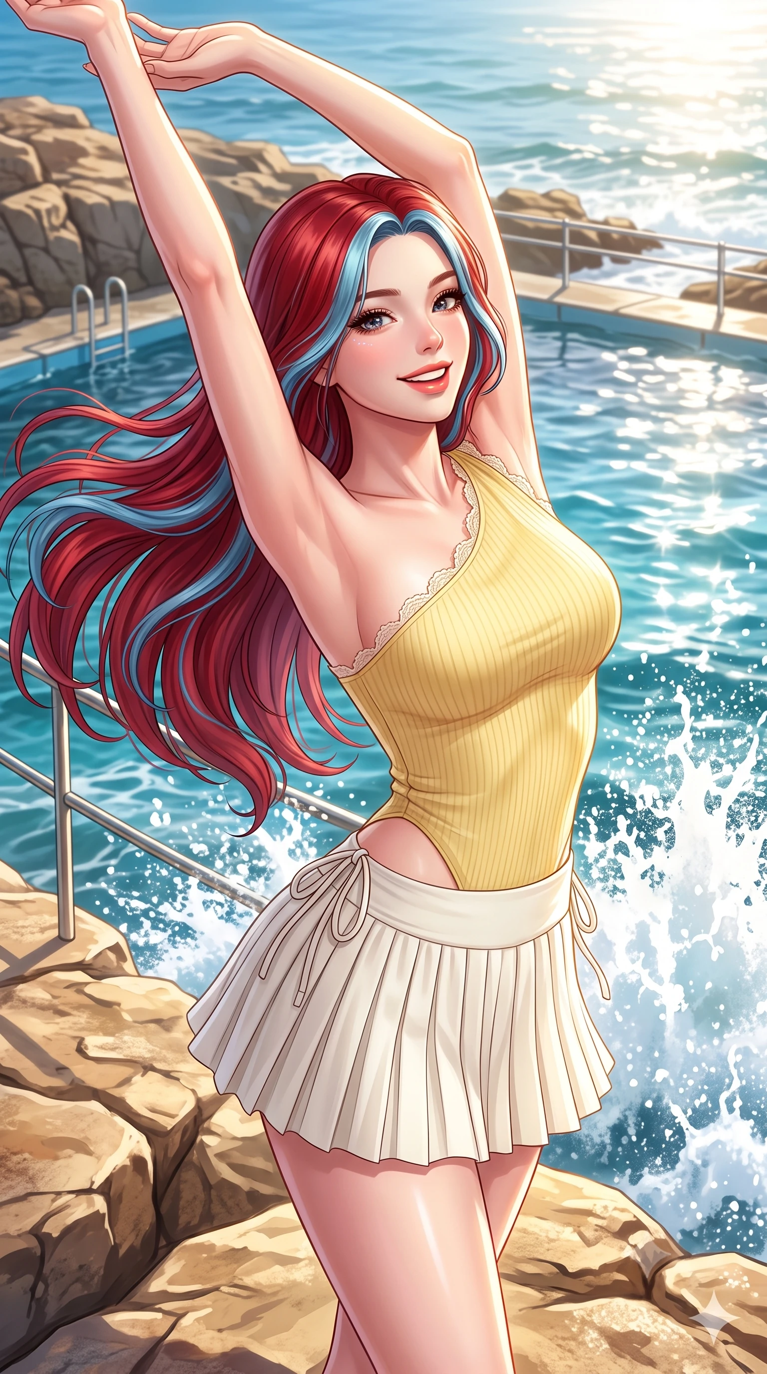 score_9, masterpiece, best quality, ultra-detailed, high-budget anime keyframe, semi-realistic 3D game render, editorial fashion photography, tasteful artistic composition, Caucasian woman. close-up cowboy shot from the waist and thighs up, the character dominates the composition, filling the frame with her large presence. playfully stretching one arm overhead toward the sun, her radiant smile capturing fresh girlhood charm while her arched torso reveals an intoxicating hip contour while turning in an alluring dancer S-curve as ocean trade winds whip her hair, gazing toward crashing white surf with parted glossy lips. The surrounding environment is rendered in vivid detail and crisp panoramic clarity. sharp sandstone rock textures, ocean pool railing details, and sea foam spray caustics in deep focus. She has an exceptionally elegant, slender, and willowy female figure with an ultra-slim waist, flat toned midriff, narrow ribcage, and sculpted feminine hips creating an alluring, slim hourglass silhouette without bulk. sharp v-shaped jawline, high-bridge nose, intricate jewel-like sparkling eyes with depth, thick eyelashes, glossy parted lips with a natural peach sheen, bright cheerful beaming smile with an enchanting and coquettish sensual glint, exuding both youthful cute charm and seductive allure, flawlessly proportioned anatomical accuracy, strict slender model proportions, natural body alignment, perfectly sculpted long slender limbs, ultra-slim waistline, clean dynamic posture without body distortion. wearing an asymmetrical one-shoulder ribbed top paired with a micro-pleated skirt with side hip ties in bright butter yellow and fresh cream white, crafted from liquid-tight stretch jersey emphasizing every curve, finished with delicate lace scallop edging along the neckline, the high-waisted tailoring accentuating her ultra-slim waistline and the enchanting curve of her feminine hips with alluring charm. illuminated by intense specular sea reflections sharply carving her razor-sharp jawline, narrow waist, and curvy hips. highly saturated vibrant anime colors, detailed shading with soft gradients, rich glossy textures, high-contrast stereoscopic depth, volumetric dynamic lighting, master piece, 9:16 ratio