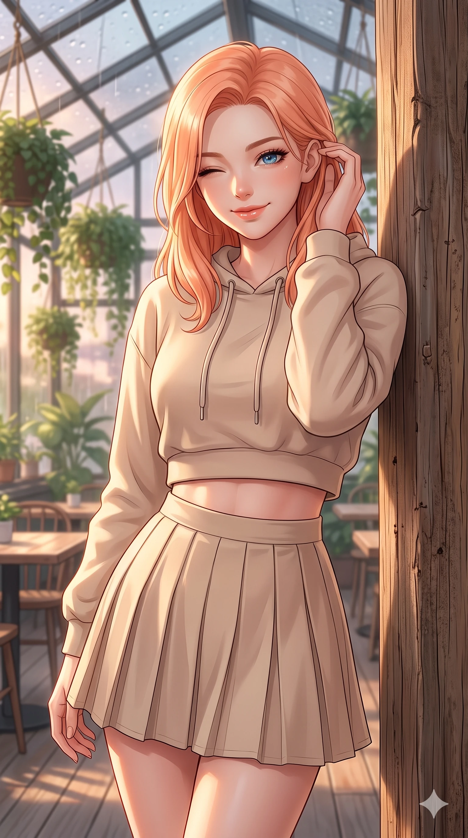 score_9, masterpiece, best quality, ultra-detailed, high-budget anime keyframe, vibrant anime aesthetic, Japanese woman. close-up cowboy shot from the waist and thighs up, the character dominates the composition, filling the frame with her large presence, background elements kept in soft focus. She is smiling delightfully while tucking a lock of hair behind her ear, gazing at the camera with sparkling eyes leaning against a rustic wooden column. the background shows a soft-focus spacious greenhouse cafe filled with hanging plants, where rain drums softly on the glass roof panels (Code-P22-106). She has an absolutely perfect proportion, an exceptionally elegant and slender female figure with an ultra-slim waist. V-shaped jawline, high-bridge nose, intricate jewel-like eyes with depth, thick eyelashes, glossy lips with a natural sheen. wearing a cropped hoodie paired with a high-waisted pleated tennis skirt in soft beige. She is bathed in soft, glowing golden hour sun casting long, elegant shadows, highlighting her winking face and glossy lips during the twilight rain. 2k, ultra detail, master piece, 9:16 ratio