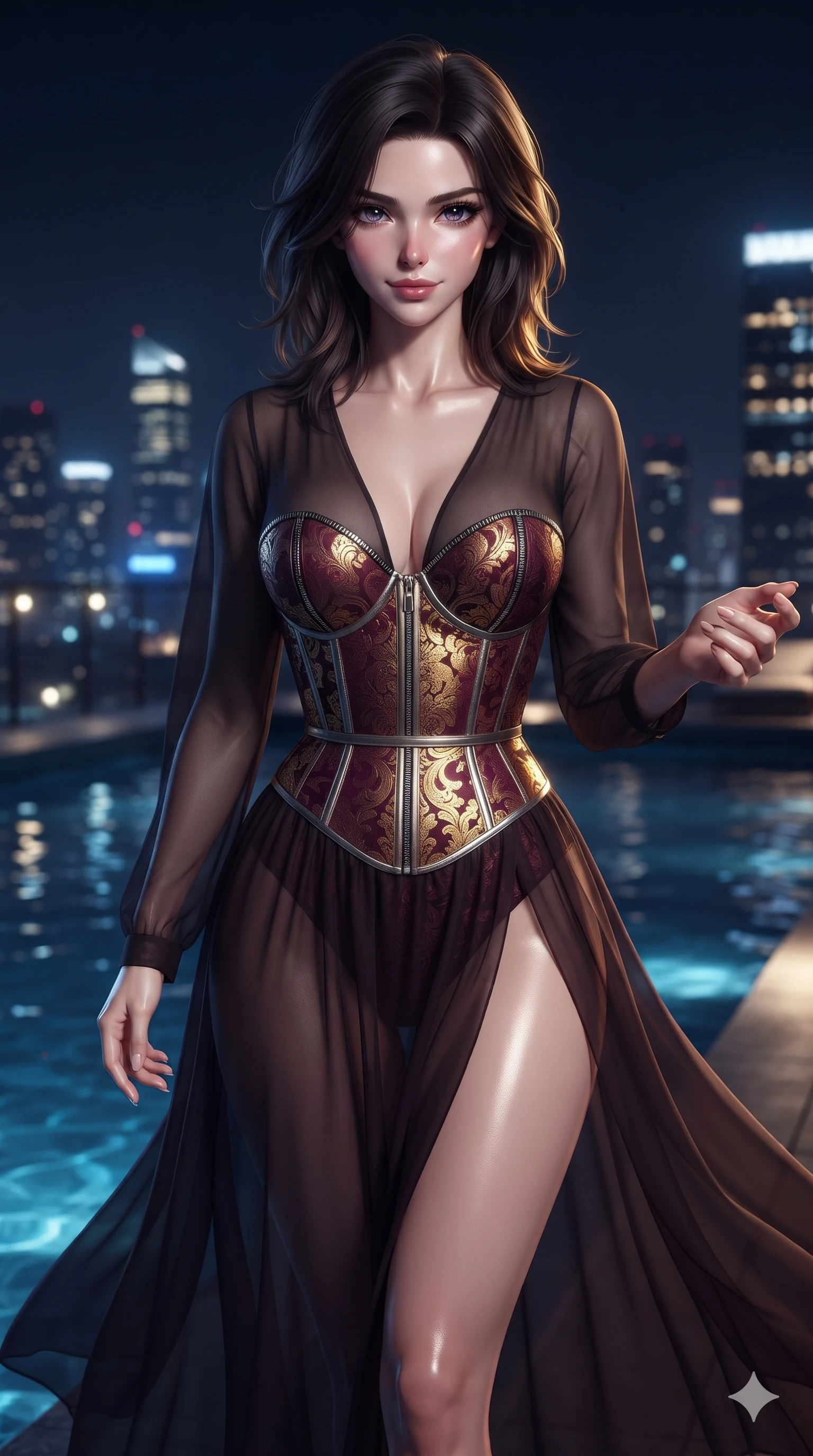 score_9, masterpiece, best quality, ultra-detailed, high-budget anime keyframe, editorial fashion photography, tasteful artistic composition, Korean woman. close-up cowboy shot from the waist and thighs up, the character dominates the composition, filling the frame with her large presence. reaching one hand toward the viewer with relaxed dark elegance, her sculpted waistline catching specular highlights while walking slowly along the mirror-smooth pool perimeter with feline poise, her long slender legs and curvy hips commanding the midnight skyline. The background shows a soft-focus exclusive penthouse rooftop pool softened in metropolitan nocturnal shallow focus. She has an exceptionally elegant, slender, and willowy female figure with an ultra-slim waist, flat toned midriff, narrow ribcage, and sculpted feminine hips creating an alluring, slim hourglass silhouette without bulk. sharp v-shaped jawline, high-bridge nose, intricate jewel-like dark sparkling eyes with hypnotic seductive depth, thick curled eyelashes, glossy parted lips with a natural wine sheen, alluring bedroom-eyes with an enigmatic smoldering smile, exuding magnetic sovereign charisma and dark avant-garde glamour, flawlessly proportioned anatomical accuracy, strict slender model proportions, natural body alignment, perfectly sculpted long slender limbs, ultra-slim waistline, clean dynamic posture without body distortion. wearing a semi-opaque sheer dark chiffon gown revealing a structured bodice silhouette in deep wine burgundy and lustrous gold foil, tailored from rich silk jacquard with subtle embossed baroque patterns, finished with metallic silver boning and sleek zipper points, the liquid-tight tailored fabric clinging flawlessly to her narrow waist and rounded feminine hips, emphasizing every millimeter of her sculpted slim hourglass curves without any bulky heaviness. illuminated by dark pool water surface bounce and sharp golden-sapphire rim lights sculpting her razor-sharp jawline, narrow waist, and curvy hips. ultra-reflective glossy finish, specular highlights, metallic sheen, high-contrast stereoscopic depth, volumetric dynamic lighting, 2k, ultra detail, master piece, 9:16 ratio