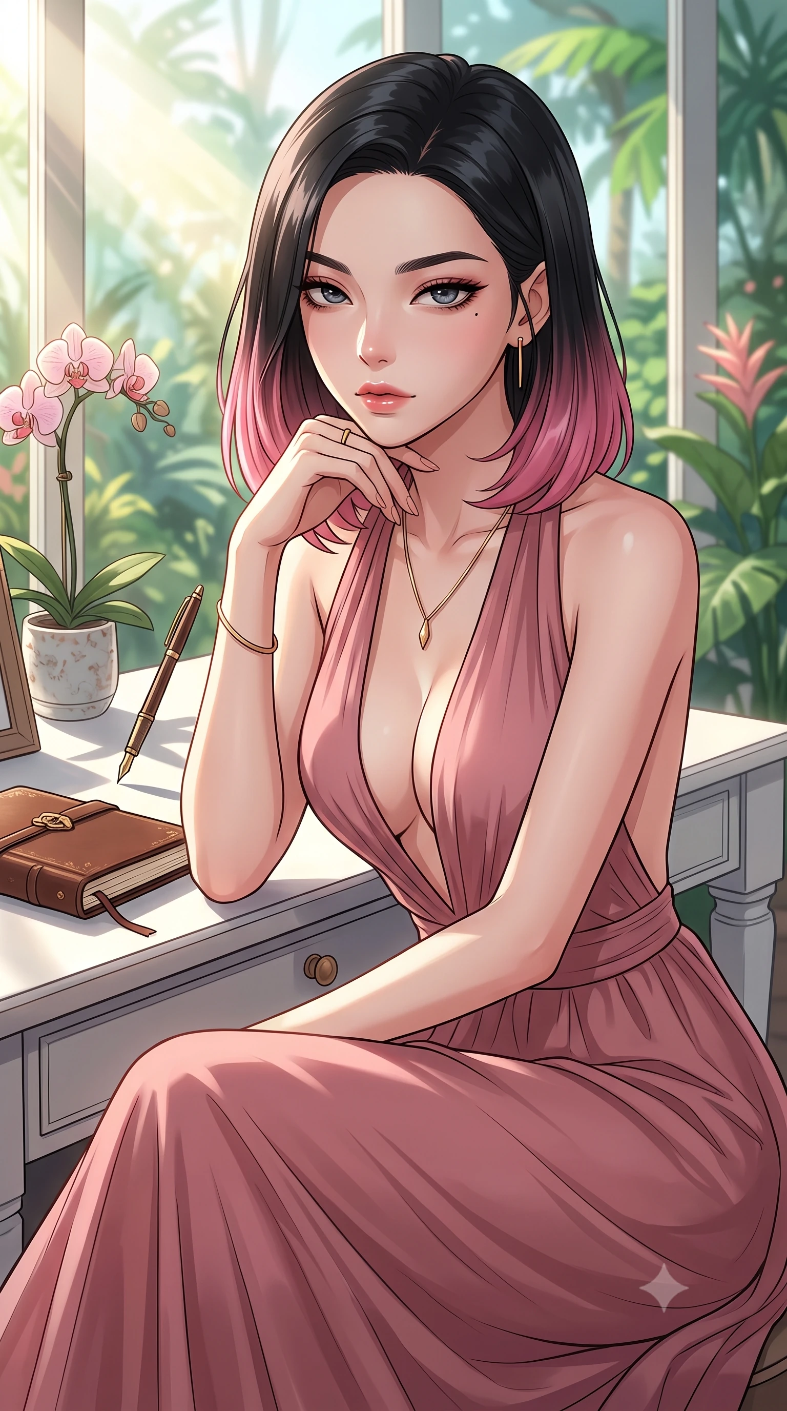 score_9, masterpiece, best quality, ultra-detailed, high-budget anime keyframe, tasteful artistic composition, Korean woman. close-up cowboy shot from the waist and thighs up, the character dominates the composition, filling the frame with her large presence, background elements kept in soft focus. resting her chin on the backs of her fingers, casting a heavy-lidded, sultry look past the camera the background shows a soft-focus a quiet writing desk in a sunroom, facing a tropical botanical garden. She has an exceptionally elegant, slender, and willowy female figure with an ultra-slim waist, a gracefully sculpted slender torso, and a refined silhouette. sharp v-shaped jawline, high-bridge nose, intricate jewel-like eyes with depth, thick eyelashes, glossy lips with a natural sheen. wearing a tailored deep plunging-V neck maxi dress in dusty rose chiffon with a bold halter neck and low-cut back. bright morning sun rays creating fresh and energetic shadows. highly saturated vibrant anime colors, cel-shading, 2d style, master piece, 9:16 ratio