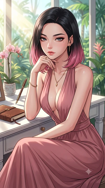 score_9, masterpiece, best quality, ultra-detailed, high-budget anime keyframe, tasteful artistic composition, Korean woman. close-up cowboy shot from the waist and thighs up, the character dominates the composition, filling the frame with her large 