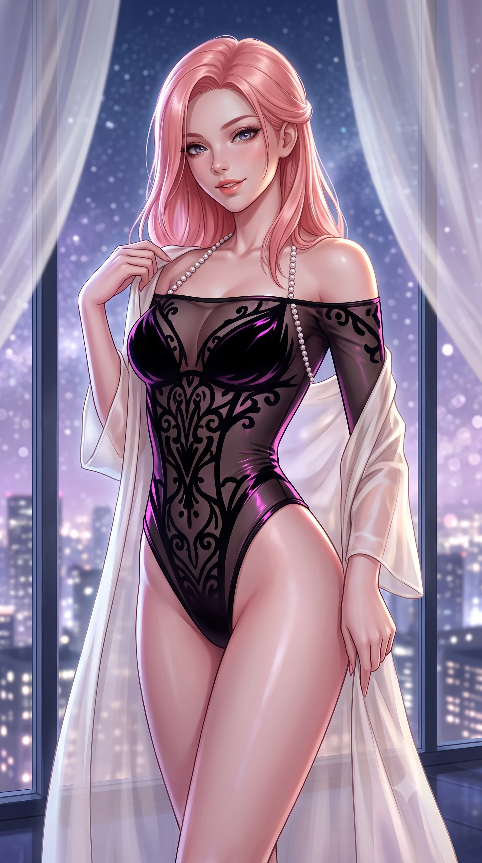 score_9, masterpiece, best quality, ultra-detailed, high-budget anime keyframe, semi-realistic 3D game render, editorial fashion photography, tasteful artistic composition, Japanese woman. close-up cowboy shot from the waist and thighs up, the character dominates the composition, filling the frame with her large presence. turning slowly with an enchanting smoldering smile, her dewy hair brushing bare shoulders as her hips angle gracefully in a captivating contrapposto while twisting her slender torso in an alluring S-curve while adjusting a sheer robe, night city lights pouring through floor-to-ceiling panoramic glass. The background shows a soft-focus floating sheer ivory silk canopy drapes and the endless starry midnight sky outside blurred into soft lavender, pearl, and silver bokeh. She has an exceptionally elegant, slender, and willowy female figure with an ultra-slim waist, flat toned midriff, narrow ribcage, and sculpted feminine hips creating an alluring, slim hourglass silhouette without bulk. sharp v-shaped jawline, high-bridge nose, sparkling eyes with hypnotic seductive depth, thick curled eyelashes, glossy parted lips with a natural dewy peach sheen, alluring bedroom-eyes with an enchanting coquettish smile, exuding magnetic siren charisma and sophisticated high-fashion glamour, flawlessly proportioned anatomical accuracy, strict slender model proportions, natural body alignment, perfectly sculpted long slender limbs, ultra-slim waistline, clean dynamic posture without body distortion. wearing an off-the-shoulder sheer-illusion mesh bodysuit with strategically placed velvet flocking and high-cut leg openings in wet-look onyx black with electric magenta reflections, made of sheer gossamer chiffon that drapes softly against skin with airy translucence, accented with a pearl-drop body harness subtly framing her dewy collarbones and spine, the glove-like clinging cut tightly following the natural contour of her hips and long slender legs with youthful 8.5-heads elegance. illuminated by moonlight fill and sharp platinum-gold rim lights sculpting her delicate clavicles, narrow waist, and curvaceous hips. highly saturated vibrant anime colors, detailed shading with soft gradients, rich glossy textures, high-contrast stereoscopic depth, volumetric dynamic lighting, master piece, 9:16 ratio