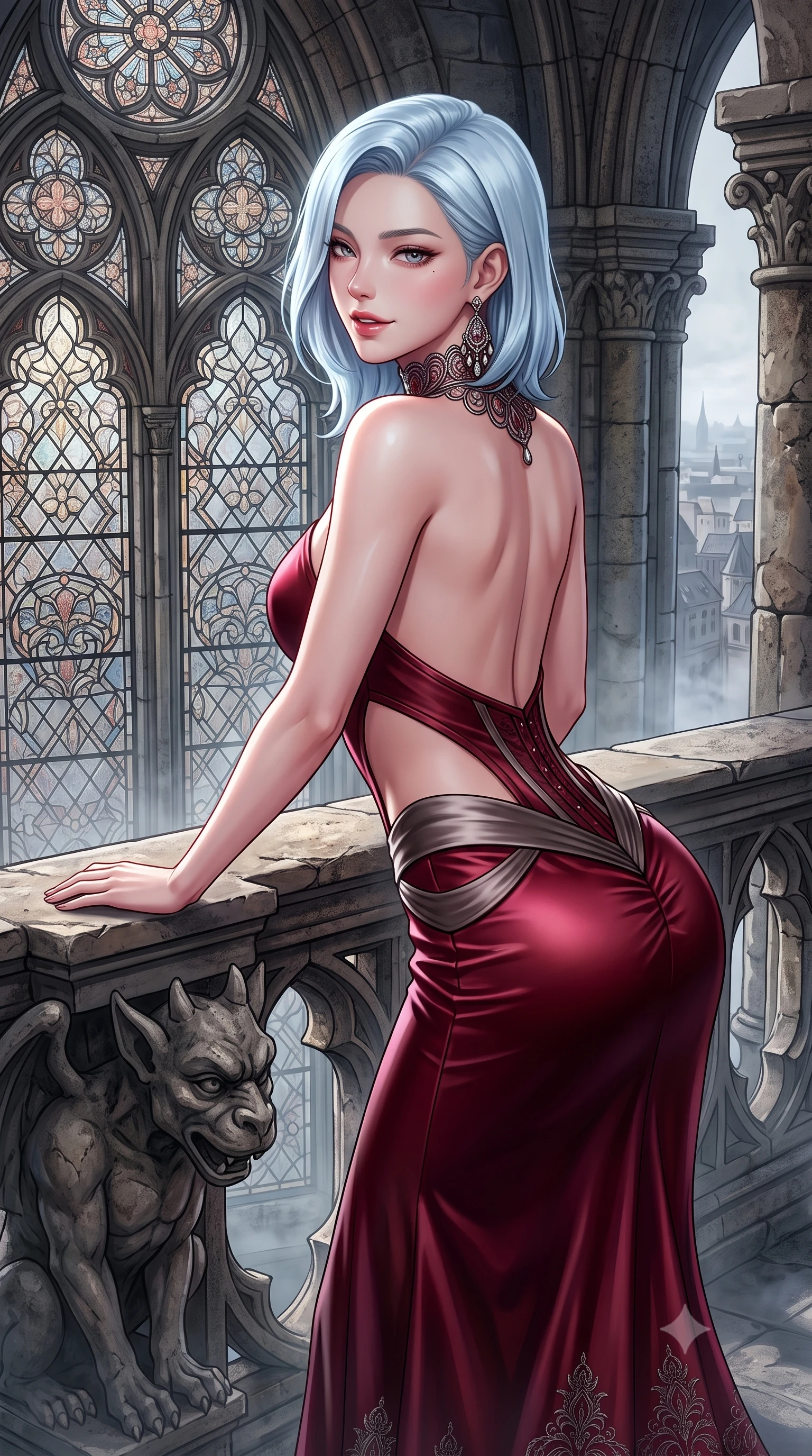 score_9, masterpiece, best quality, ultra-detailed, high-budget anime keyframe, semi-realistic 3D game render, editorial fashion photography, tasteful artistic composition, Korean woman. close-up cowboy shot from the waist and thighs up, the character dominates the composition, filling the frame with her large presence. laughing softly with enchanting, forbidden warmth, parted lips glistening as specular highlights illuminate her sculpted cheeks while resting one hand against a weathered gargoyle balustrade, looking back over her shoulder with an aloof, sovereign smirk. The surrounding environment is rendered in vivid detail and crisp panoramic clarity. detailed leaded stained-glass patterns, silk dress hem embroidery, and mist layers in high resolution. She has an exceptionally elegant, slender, and willowy female figure with an ultra-slim waist, a gracefully sculpted slender torso, toned flat midriff, and a refined slim silhouette. sharp v-shaped jawline, high-bridge nose, intricate jewel-like eyes with depth, thick eyelashes, glossy parted lips with a natural sheen, intensely captivating and seductive expression, flawlessly proportioned anatomical accuracy, strict slender model proportions, natural body alignment, perfectly sculpted long slender limbs, ultra-slim waistline, clean dynamic posture without body distortion. wearing a sculptured liquid-satin mermaid gown with an architectural open-waist cutout and bare spine in deep garnet and brushed dark platinum, made of fluid silk crepe with delicate inner corsetry boning, finished with a dramatic filigree Victorian choker and chandelier earrings, the dramatically scooped open back descending to the base of her spine, accentuating her razor-sharp statuesque lines and slim hourglass silhouette. surrounded by an immortal, transcendent, and breathtakingly majestic gothic siren aura. highly saturated vibrant anime colors, detailed shading with soft gradients, rich glossy textures, high-contrast stereoscopic depth, volumetric dynamic lighting, master piece, 9:16 ratio