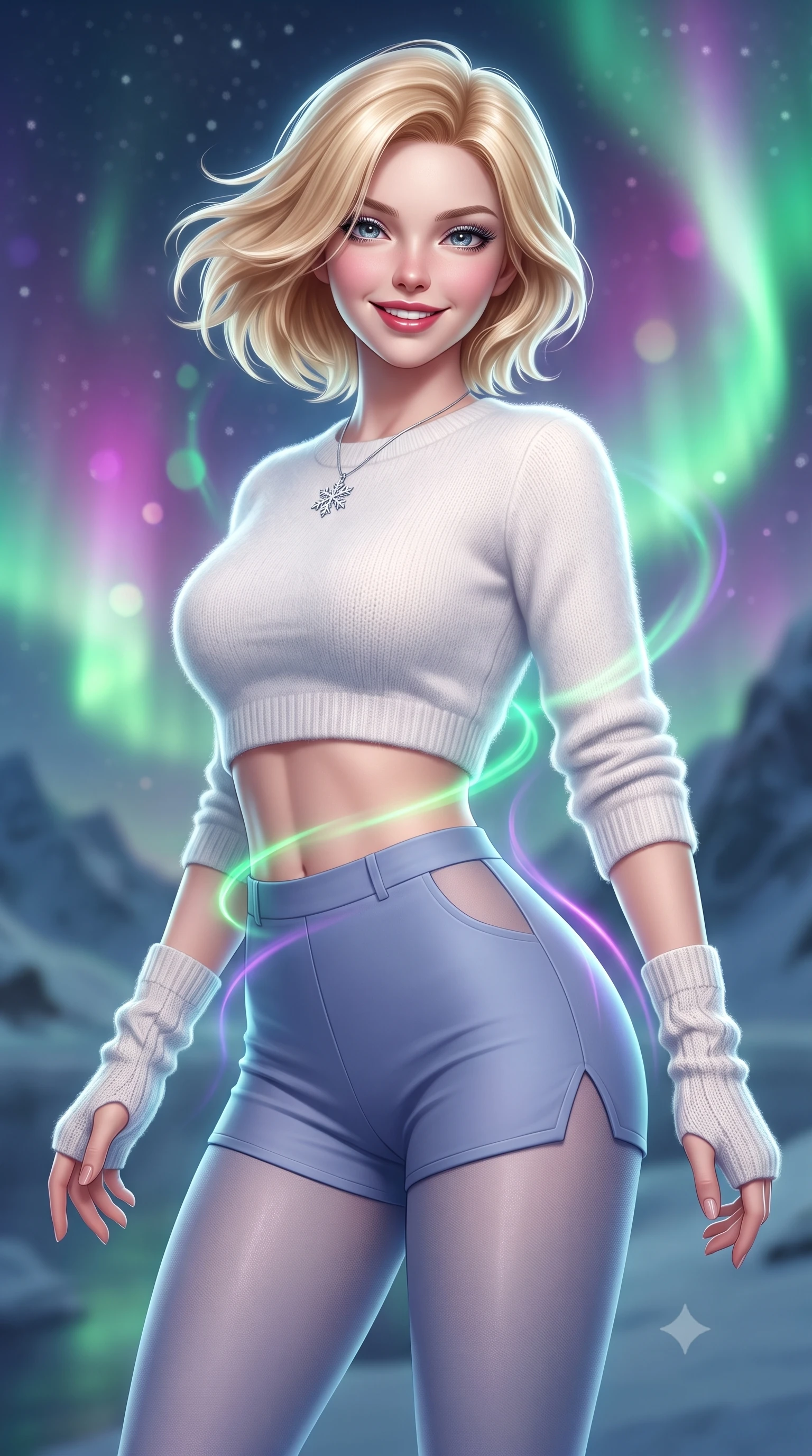 score_9, masterpiece, best quality, ultra-detailed, high-budget anime keyframe, semi-realistic 3D game render, editorial fashion photography, tasteful artistic composition, Caucasian woman. close-up cowboy shot from the waist and thighs up, the character dominates the composition, filling the frame with her large presence. turning playfully with a bright confident smile, her glossy hair tossing in the mountain breeze as her hips angle gracefully in a captivating contrapposto while twisting her slender torso in an alluring S-curve, neon emerald and violet aurora ribbons tracing her narrow waist and rounded feminine hips. The composition keeps background elements in soft focus with dreamy creamy bokeh. curving bands of emerald green and magenta aurora borealis across the starry Arctic sky blurred into radiant jade, violet, and starlight bokeh. She has an exceptionally elegant, slender, and willowy female figure with an ultra-slim waist, flat toned midriff, narrow ribcage, and sculpted feminine hips creating an alluring, slim hourglass silhouette without bulk. sharp v-shaped jawline, high-bridge nose, sparkling ice-crystal eyes with depth, frosty thick lashes, glossy parted lips with a rosy berry sheen, bright playful smile with an intoxicating seductive glint, rosy flushed cheeks radiating cozy warmth and dangerous allure, flawlessly proportioned anatomical accuracy, strict slender model proportions, natural body alignment, perfectly sculpted long slender limbs, ultra-slim waistline, clean dynamic posture without body distortion. wearing a chic white angora cropped sweater paired with tight high-waisted tailored shorts and sheer tights in dusty periwinkle blue and cloud white, woven from layered gossamer chiffon with ethereal weightless flutter, featuring elegant fingerless knit wrist warmers and a dainty silver snowflake pendant, the precision-cut side openings and low-back scoop framing her graceful spine and the sensual sweep of her slim, toned hips. illuminated by soft warm bedside lantern fill and sharp icy-platinum rim lights defining her slim torso, narrow waist, and curvy hips. highly saturated vibrant anime colors, detailed shading with soft gradients, rich glossy textures, high-contrast stereoscopic depth, volumetric dynamic lighting, master piece, 9:16 ratio