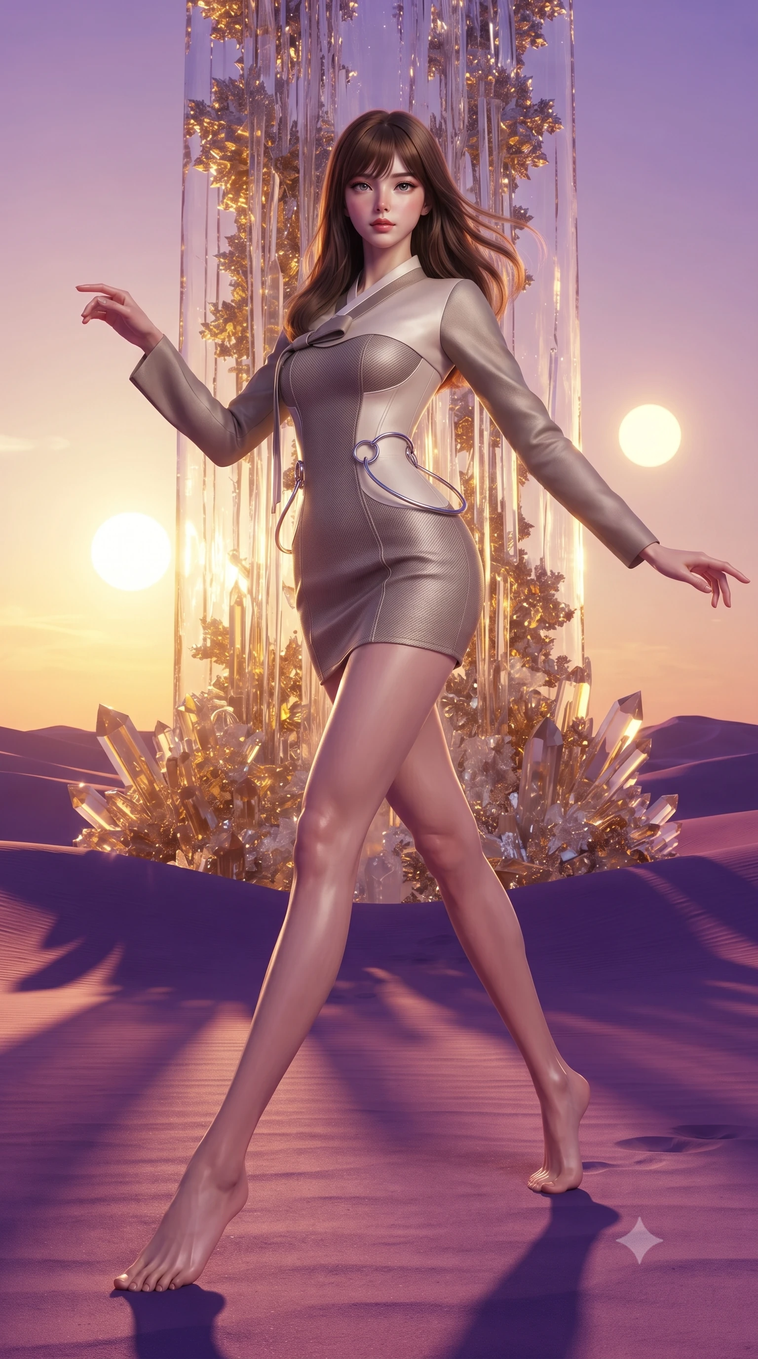 score_9, masterpiece, best quality, ultra-detailed, high-budget anime keyframe, editorial fashion photography, tasteful artistic composition, Korean woman. low angle full-body shot from head to toe showing her feet, filling the entire 9:16 vertical frame with her statuesque presence, stretching her vertical silhouette. forging dynamically through the scene, her vertical silhouette beautifully stretched poised before a giant golden fractal waterfall frozen into glass crystals, twin suns casting dramatic dual shadows across the violet desert landscape. She has an absolutely perfect, statuesque 8.5-heads proportion, an exceptionally tall and slender model-like female figure with impossibly long slender legs and an ultra-slim waist. sharp v-shaped jawline, high-bridge nose, intricate jewel-like eyes with depth, thick eyelashes, glossy lips with a natural sheen. wearing a modern fusion silk hanbok dress with a structured bodice in muted taupe and soft ivory, made of fine carbon-fiber weave and soft matte leather, accented with delicate chrome ring hardware framing her waist, the form-contouring material highlighting her ultra-slim waist and long lines. illuminated by dramatic golden sunset key light and rich purple ambient fill. ultra-reflective glossy finish, specular highlights, metallic sheen, high-contrast stereoscopic depth, volumetric dynamic lighting, 2k, ultra detail, master piece, 9:16 ratio