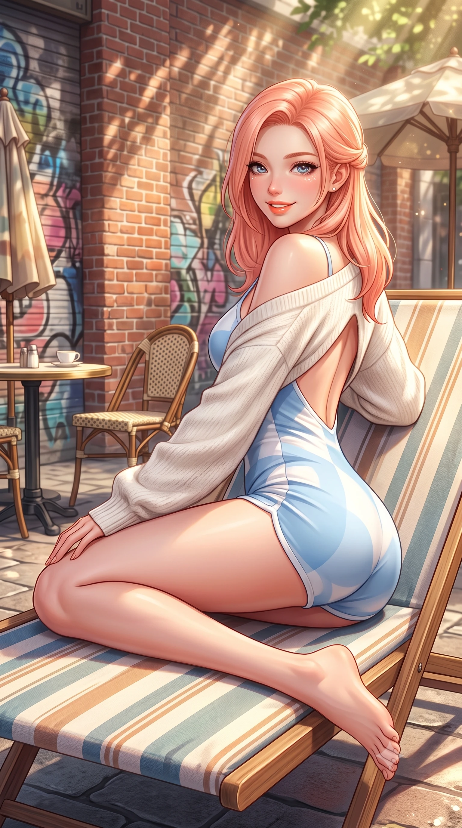 score_9, masterpiece, best quality, ultra-detailed, high-budget anime keyframe, semi-realistic 3D game render, editorial fashion photography, tasteful artistic composition, Japanese woman. low angle full-body shot from head to toe showing her feet, filling the entire 9:16 vertical frame with her statuesque presence, stretching her vertical silhouette. reclining languidly on her side across the sunbed with one knee drawn up, her radiant smile and arched hip curve commanding the 9:16 vertical frame with youthful sensual charisma while standing poised between vintage cafe umbrellas, twisting her slender torso in an alluring contrapposto stance in the filtered morning sunbeams. The surrounding environment is rendered in vivid detail and crisp panoramic clarity. sharp red-brick wall textures, street art aerosol paint layers, and small bistro table details in deep focus. She has an exceptionally tall and slender model-like 8.5-heads proportion, an ultra-slim waist, a flat toned midriff, narrow delicate ribcage, and beautifully sculpted feminine hips creating a graceful, slim hourglass silhouette without any bulky heaviness, with impossibly long slender legs. sharp v-shaped jawline, high-bridge nose, intricate jewel-like sparkling eyes with depth, thick eyelashes, glossy parted lips with a natural peach sheen, bright cheerful beaming smile with an enchanting and coquettish sensual glint, exuding both youthful cute charm and seductive allure, flawlessly proportioned anatomical accuracy, strict slender model proportions, natural body alignment, perfectly sculpted long slender limbs, ultra-slim waistline, clean dynamic posture without body distortion. wearing a second-skin stretch cotton camisole romper with high-cut leg openings and an open back in soft baby blue and crisp cloud white, tailored from crisp cotton poplin with clean structural lines, complemented by an oversized soft knit cardigan slipping off one bare shoulder, the form-contouring cut accentuating her sculpted flat midriff, narrow delicate ribcage, and gracefully curvy hips with supermodel precision. illuminated by warm street bounce light sharply defining her sculpted collarbones, ultra-slim waist, and curvy hips. highly saturated vibrant anime colors, detailed shading with soft gradients, rich glossy textures, high-contrast stereoscopic depth, volumetric dynamic lighting, master piece, 9:16 ratio