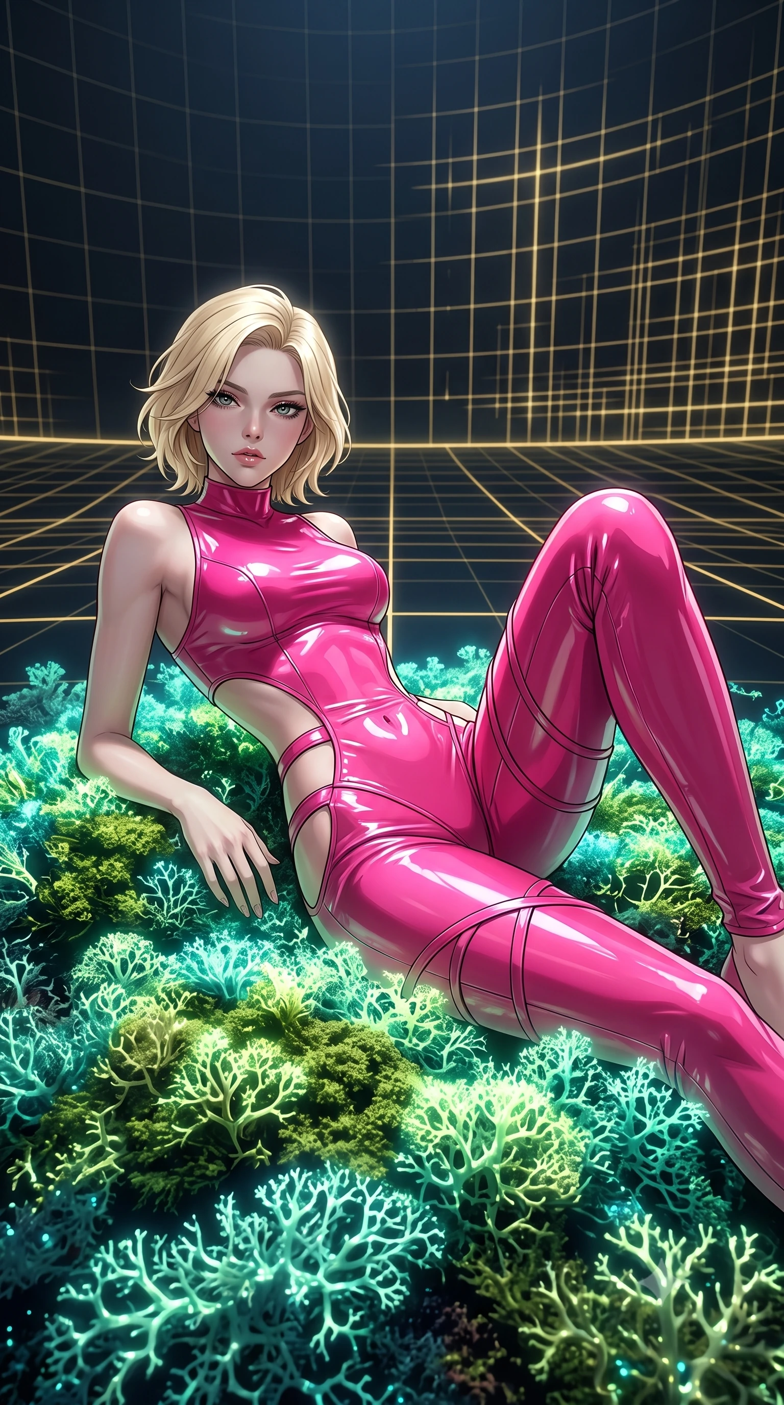 score_9, masterpiece, best quality, ultra-detailed, High-budget Anime Keyframe, Caucasian woman, strictly human ears. Low angle cowboy shot filling the entire 9:16 frame with her statuesque presence. Scenario 459: lying gracefully on a bed of bioluminescent moss inside a digital arena where gold gridlines project onto the black walls. Her presence is magnetic and overpowering in this high-budget anime scene. Outfit 459: a form-contouring hot pink patent leather jumpsuit with strategic waist cut-outs and slender leg straps. The clothing is designed to emphasize her exceptionally tall and slender 8-heads proportion. 8-heads proportion, towering silhouette, ultra-slim waist. sharp v-shaped jawline, intricate jewel-like eyes with depth, thick eyelashes, glossy lips. 2k, ultra detail, master piece, 9:16 ratio