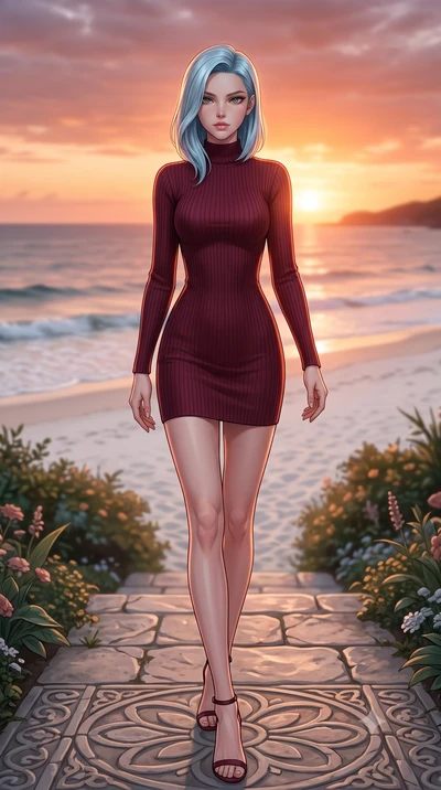 score_9, masterpiece, best quality, ultra-detailed, high-budget anime keyframe, editorial fashion photography, tasteful artistic composition, Korean woman woman. low angle full-body shot from head to toe showing her feet, filling the entire 9:16 vert