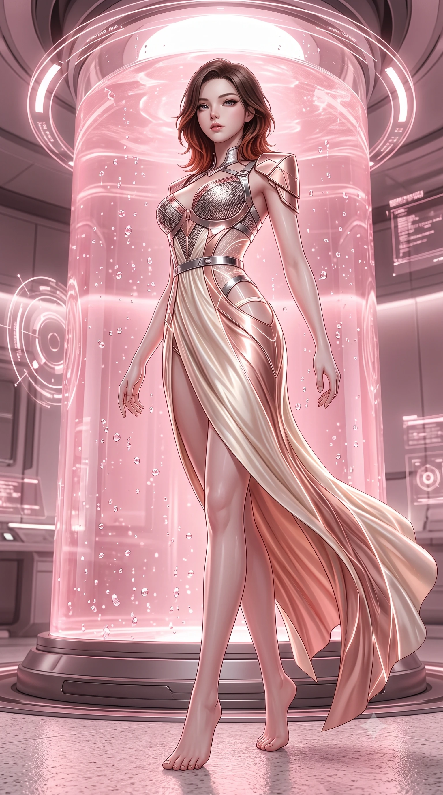 score_9, masterpiece, best quality, ultra-detailed, high-budget anime keyframe, editorial fashion photography, tasteful artistic composition, Korean woman. low angle full-body shot from head to toe showing her feet, filling the entire 9:16 vertical frame with her statuesque presence, stretching her vertical silhouette. arching her spine in a fluid zero-gravity turn with sovereign grace, her long slender legs and sculpted torso creating a sweeping line while stepping gracefully out of a soaring crystal incubator cylinder filled with glowing pink nanotech stasis fluid. The surrounding environment is rendered in vivid detail and crisp panoramic clarity. sharp holographic halo interface glyphs, quartz floor grain, and fluid droplet beads in high clarity. She has an absolutely perfect, statuesque 8.5-heads proportion, an exceptionally tall and slender model-like female figure with impossibly long slender legs, a toned flat midriff, and an ultra-slim waist. sharp v-shaped jawline, high-bridge nose, intricate jewel-like eyes with depth, thick eyelashes, glossy lips with a natural sheen, flawlessly proportioned anatomical accuracy, strict slender model proportions, natural body alignment, perfectly sculpted long slender limbs, ultra-slim waistline, clean dynamic posture without body distortion. wearing a structured titanium-mesh bustier with geometric shoulder pauldrons and an ultra-slender liquid jersey drape in sculpted rose gold and luminescent champagne ivory, tailored from semi-translucent cybernetic vinyl with glowing micro-filaments, reinforced by a sleek metallic chrome harness and delicate glowing micro-straps, the glove-like aerodynamic second-skin fit tightly clinging to her ultra-slender waist and athletic curves without adding bulk, accentuating her razor-sharp statuesque lines and slim hourglass silhouette. bathed in soft glowing rose-gold and pink nanotech ambient radiance with pure white key lighting. ultra-reflective glossy finish, specular highlights, dark metallic sheen, high-contrast stereoscopic depth, volumetric dynamic lighting, 2k, ultra detail, master piece, 9:16 ratio