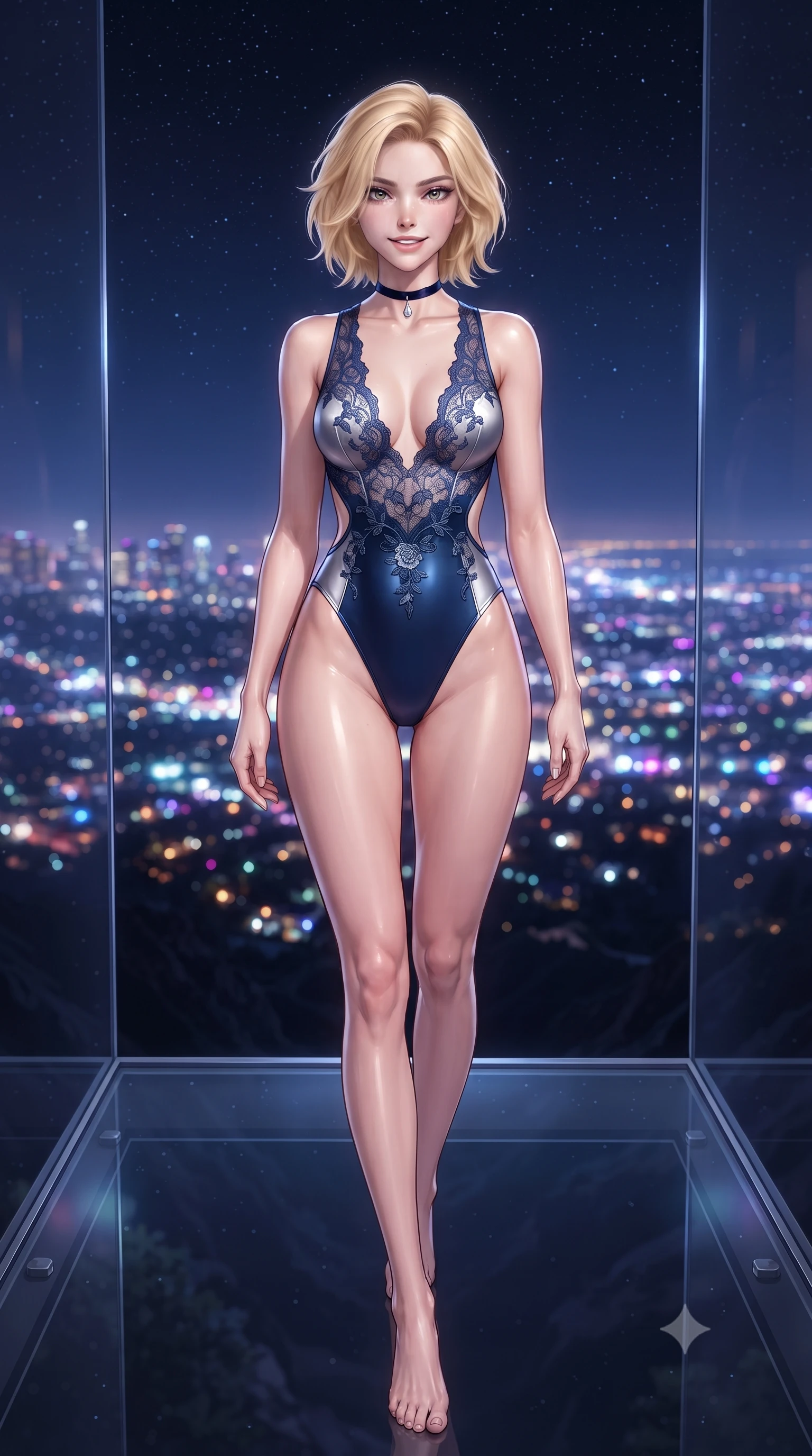 score_9, masterpiece, best quality, ultra-detailed, high-budget anime keyframe, editorial fashion photography, tasteful artistic composition, Caucasian woman. low angle full-body shot from head to toe showing her feet, filling the entire 9:16 vertical frame with her statuesque presence, stretching her vertical silhouette. stepping slowly toward the camera with hypnotic grace, hips swaying in an alluring sensual rhythm that accentuates her curvy hourglass silhouette and long slender legs while standing poised beside the wrap-around glass wall cantilevered over the canyon, arching her spine as the vast sea of Los Angeles city lights glitters below. The background shows a soft-focus endless grid of glittering Los Angeles city lights stretching to the Pacific Ocean, canyon shadows, and starry night sky blurred into electric topaz, violet, and sapphire bokeh. She has an exceptionally tall and slender model-like 8.5-heads proportion, an ultra-slim waist, a flat toned midriff, narrow delicate ribcage, and beautifully sculpted feminine hips creating a graceful, slim hourglass silhouette without any bulky heaviness, with impossibly long slender legs. sharp v-shaped jawline, high-bridge nose, intricate jewel-like sparkling eyes with depth, thick eyelashes, glossy parted lips with a natural peach sheen, bright cheerful beaming smile with an enchanting and coquettish sensual glint, exuding both youthful cute charm and seductive allure, flawlessly proportioned anatomical accuracy, strict slender model proportions, natural body alignment, perfectly sculpted long slender limbs, ultra-slim waistline, clean dynamic posture without body distortion. wearing a backless stretch lace botanical leotard with high-cut leg openings and delicate floral embroidery framing her spine in moonlit Grand Canal sapphire navy and liquid platinum, crafted from fluid liquid silk satin that clings smoothly to her narrow waist and rounded hips with a dewy sheen, finished with a thin velvet ribbon choker and a single teardrop diamond pendant, the precision-cut side openings and low-back scoop framing her graceful spine and the sensual sweep of her slim, toned hips. illuminated by city glow upward fill and razor-sharp platinum rim lights defining her dewy collarbones, ultra-slim waist, and curvy hips. ultra-reflective glossy finish, specular highlights, rich textural contrasts, high-contrast stereoscopic depth, volumetric dynamic lighting, 2k, ultra detail, master piece, 9:16 ratio