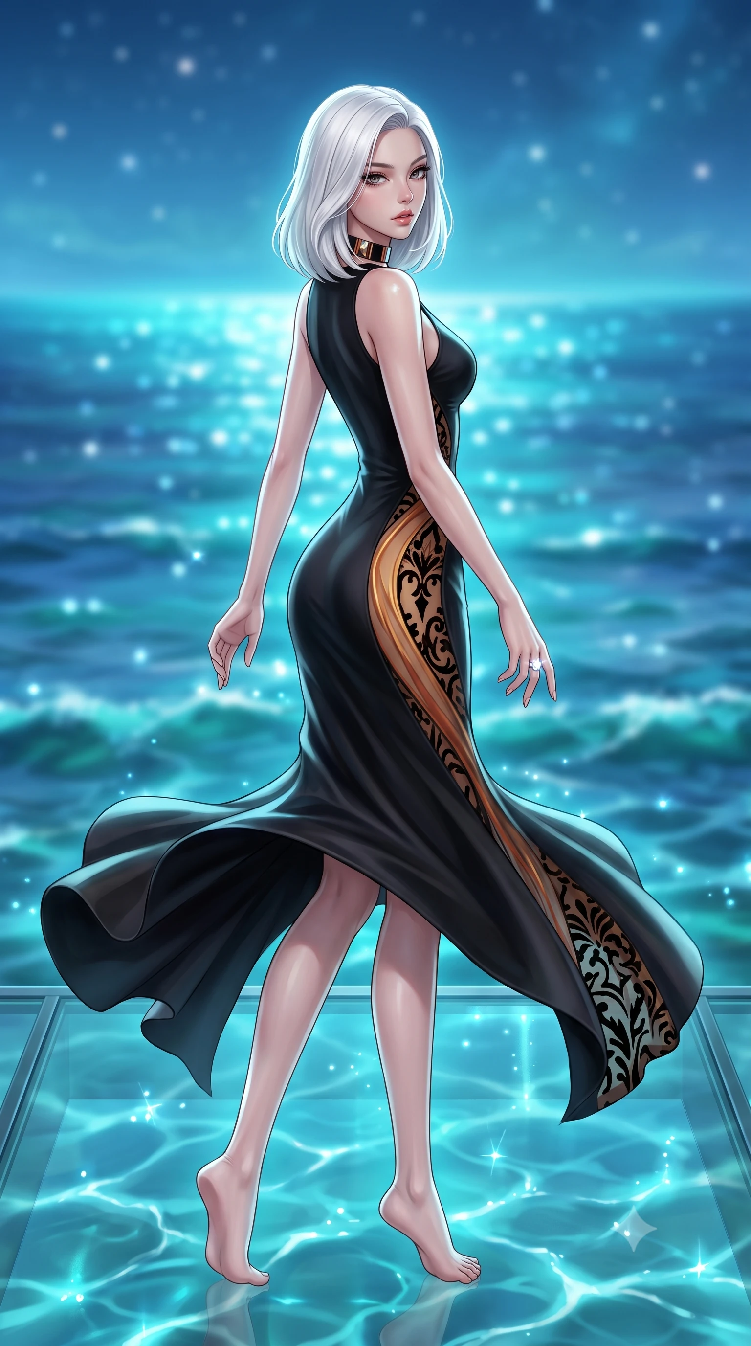 score_9, masterpiece, best quality, ultra-detailed, high-budget anime keyframe, semi-realistic 3D game render, editorial fashion photography, tasteful artistic composition, Korean woman. low angle full-body shot from head to toe showing her feet, filling the entire 9:16 vertical frame with her statuesque presence, stretching her vertical silhouette. executing an elegant mid-motion pivot turn as garments swirl around her slender limbs, glancing over her shoulder with an intoxicating bedroom-gaze while sitting perched on the edge of the glass floor terrace with legs crossed, her toned flat midriff glowing in the ethereal blue tide. The composition keeps background elements in soft focus with creamy bokeh. glowing blue-green bioluminescent waves and starlit Indian Ocean horizon blurred into luminous cyan, sapphire, and starlight bokeh. She has an exceptionally tall and slender model-like 8.5-heads proportion, an ultra-slim waist, a flat toned midriff, narrow delicate ribcage, and beautifully sculpted feminine hips creating a graceful, slim hourglass silhouette without any bulky heaviness, with impossibly long slender legs. sharp v-shaped jawline, high-bridge nose, intricate jewel-like eyes with depth, thick eyelashes, glossy parted lips with a natural sheen, intensely captivating and seductive bedroom-eyes expression, flawlessly proportioned anatomical accuracy, strict slender model proportions, natural body alignment, perfectly sculpted long slender limbs, ultra-slim waistline, clean dynamic posture without body distortion. wearing a second-skin black silk jersey maxi dress with asymmetrical sheer mesh side panels tracing the full curve of her hip in molten desert gold and burnt terracotta, made of sheer contouring power-mesh with velvet flocking patterns, complemented by a bold geometric choker and sparkling cocktail ring, the glove-like aerodynamic silhouette tightly following the natural contour of her hips and long slender legs with statuesque 8.5-heads elegance. illuminated by sparkling aquatic highlights carving her razor-sharp jawline, narrow waist, and curvy hips. highly saturated vibrant anime colors, detailed shading with soft gradients, rich glossy textures, high-contrast stereoscopic depth, volumetric dynamic lighting, master piece, 9:16 ratio