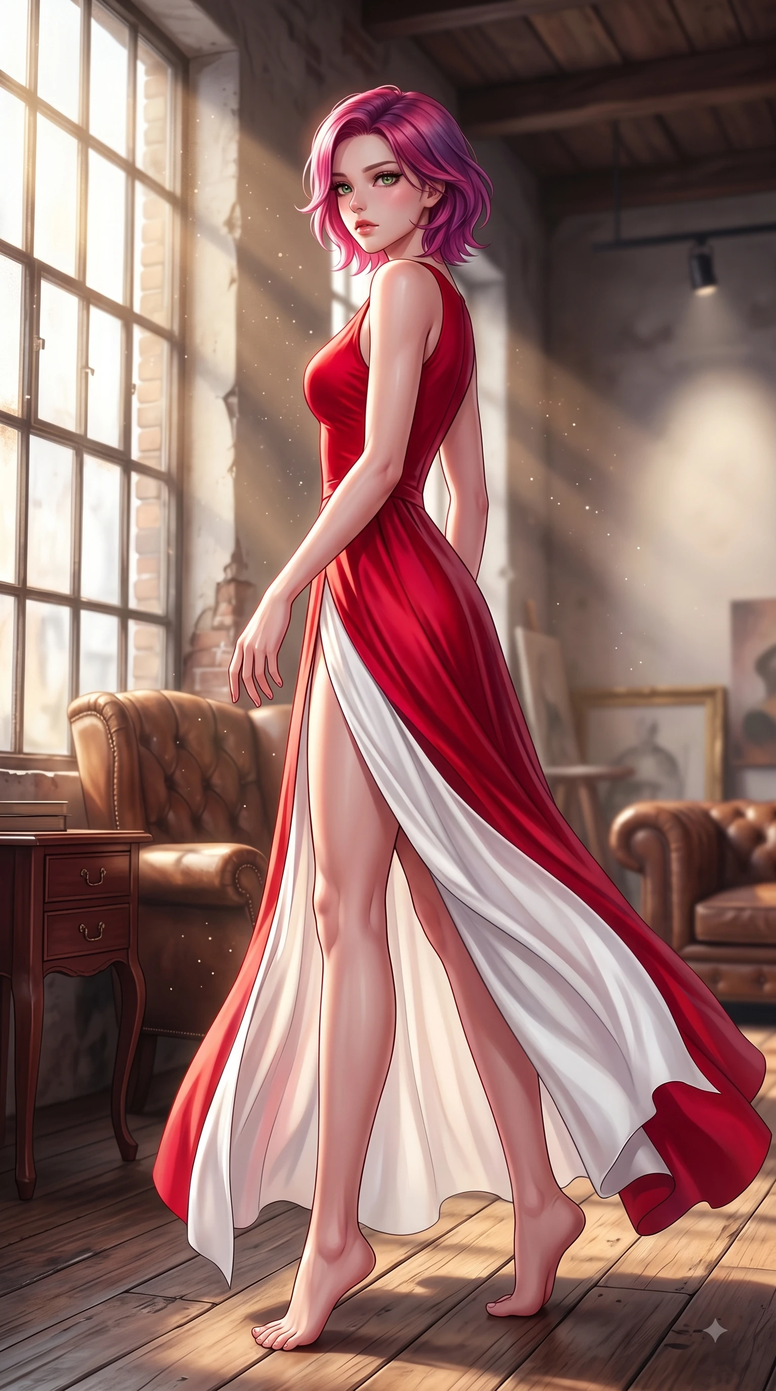 score_9, masterpiece, best quality, ultra-detailed, high-budget anime keyframe, editorial fashion photography, tasteful artistic composition, Caucasian woman. low angle full-body shot from head to toe showing her feet, filling the entire 9:16 vertical frame with her statuesque presence, stretching her vertical silhouette. Tender lingering expression with a quiet reluctant backward glance, as if hesitating to leave the moment while pivoting near a high factory window as volumetric dust motes sparkle in golden sunbeams. The composition keeps background elements in soft focus with dreamy bokeh. vintage leather furnishings and soft gallery spotlights softened by shallow focus. She has an absolutely perfect, statuesque 8.5-heads proportion, an exceptionally tall and slender model-like female figure with impossibly long slender legs and an ultra-slim waist. sharp v-shaped jawline, high-bridge nose, intricate jewel-like eyes with depth, thick eyelashes, glossy lips with a natural sheen, flawlessly proportioned anatomical accuracy, natural body alignment, perfectly sculpted elegant limbs, clean dynamic posture without body distortion. wearing a vibrant scarlet red chiffon maxi dress with a dramatic flowing skirt in vibrant crimson red and crisp snow white, crafted from smooth liquid silk satin, finished with a sleek side slit ascending to mid-thigh, the sleek second-skin fit accentuating her magnetic presence. illuminated by crisp gallery spotlights and rich mahogany ambient glow. highly saturated vibrant anime colors, detailed shading with soft gradients, rich glossy textures, high-contrast stereoscopic depth, volumetric dynamic lighting, master piece, 9:16 ratio