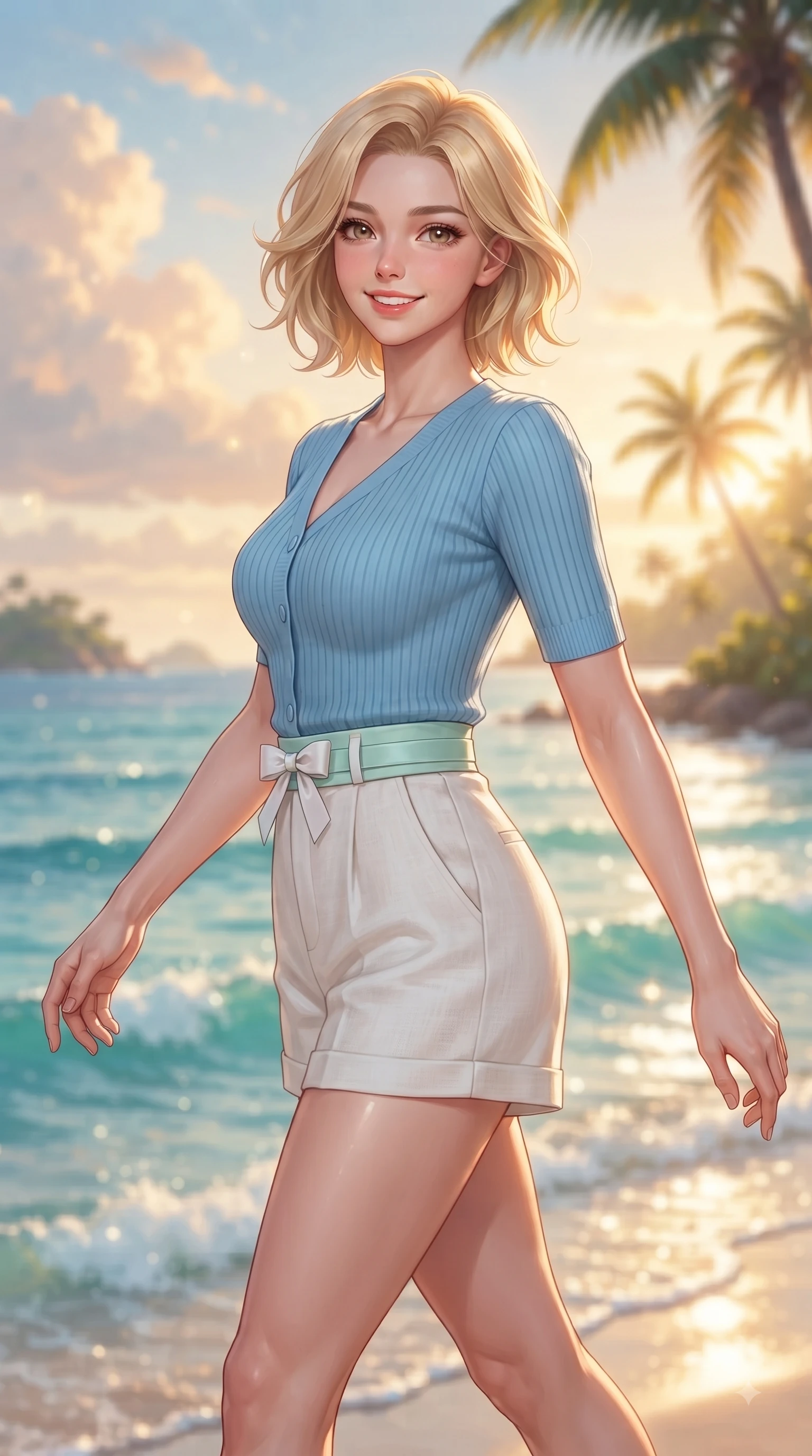 score_9, masterpiece, best quality, ultra-detailed, high-budget anime keyframe, editorial fashion photography, tasteful artistic composition, Caucasian woman. close-up cowboy shot from the waist and thighs up, the character dominates the composition, filling the frame with her large presence. Youthful bright smile exuding pure cute charm and fresh energy, her torso turning dynamically into the lens while taking a stroll along a quiet island seaside path as golden sunlight illuminates her fresh beauty. The composition keeps background elements in soft focus with dreamy bokeh. sparkling turquoise sea waves and distant island horizons blurred into smooth ocean bokeh. She has an exceptionally elegant, slender, and willowy female figure with an ultra-slim waist, a gracefully sculpted slender torso, and a refined silhouette. sharp v-shaped jawline, high-bridge nose, intricate jewel-like eyes with depth, thick eyelashes, glossy lips with a natural sheen, flawlessly proportioned anatomical accuracy, natural body alignment, perfectly sculpted elegant limbs, clean dynamic posture without body distortion. wearing a sky-blue ribbed short-sleeve cardigan with high-waist linen shorts and a dainty waist sash in refreshing mint green and crisp white, tailored from crisp cotton poplin, accented with a dainty waist ribbon bow, the soft airy drape swaying gracefully with her dynamic movements. illuminated by a glorious golden hour sunburst painting the clouds in joyful peach and amber. ultra-reflective glossy finish, specular highlights, metallic sheen, high-contrast stereoscopic depth, volumetric dynamic lighting, 2k, ultra detail, master piece, 9:16 ratio