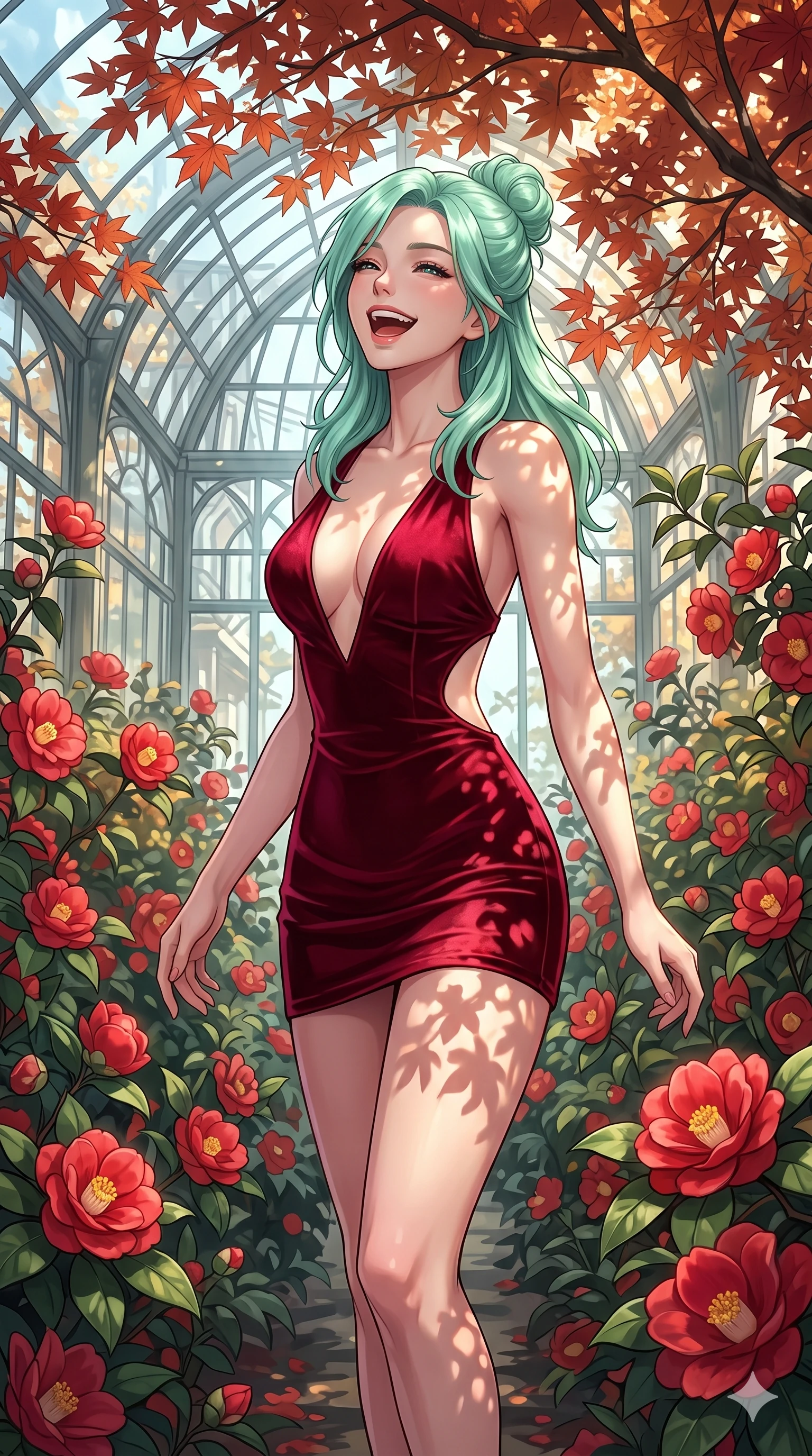score_9, masterpiece, best quality, ultra-detailed, high-budget anime keyframe, vibrant anime aesthetic, Japanese woman. cowboy shot from the thighs up, character and outfit filling the frame for maximum presence. She is tossing her head back with a joyful laugh, her lips curved into a warm winter smile inside a glass atrium filled with red camellias (Code-P21-085). She has an absolutely perfect 8-heads proportion, an exceptionally tall and slender female figure with impossibly long slender legs and an ultra-slim waist. V-shaped jawline, high-bridge nose, intricate jewel-like eyes with depth, thick eyelashes, glossy lips with a natural sheen. wearing a plunging neckline mini dress with side cutouts in winter velvet. She is bathed in dappled sunlight filtering through autumn maples, creating organic shadows. 2k, ultra detail, master piece, 9:16 ratio