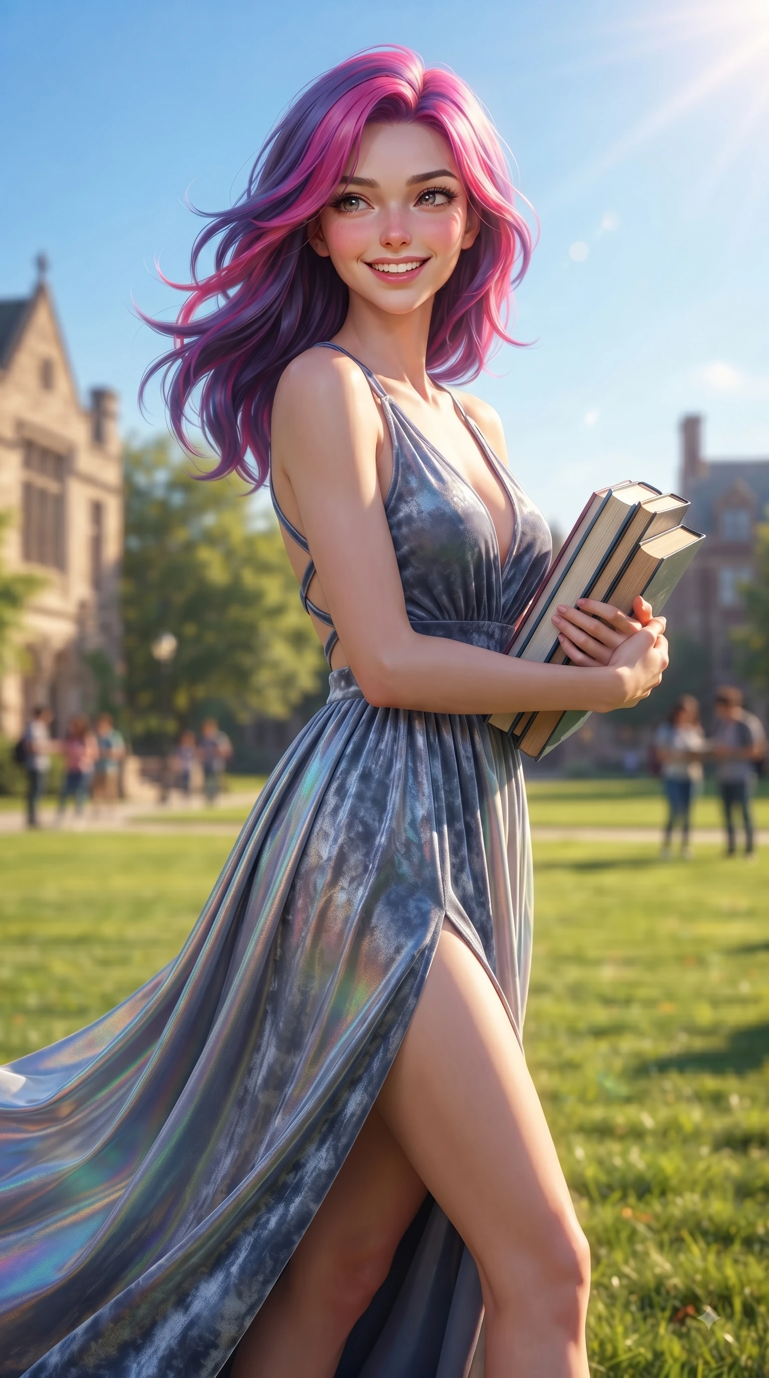 score_9, masterpiece, best quality, ultra-detailed, high-budget anime keyframe, editorial fashion photography, tasteful artistic composition, Caucasian woman. close-up cowboy shot from the waist and thighs up, the character dominates the composition, filling the frame with her large presence, background elements kept in soft focus. Cheerful beaming smile with sparkling eyes and a fresh girlhood aura, leaning forward with playful grace while walking happily across a lush green university campus lawn carrying a stack of hardcover textbooks, warm spring breeze swaying her long hair gracefully against the blue sky backdrop. She has an exceptionally elegant, slender, and willowy female figure with an ultra-slim waist, a gracefully sculpted slender torso, and a refined silhouette. sharp v-shaped jawline, high-bridge nose, intricate jewel-like eyes with depth, thick eyelashes, glossy lips with a natural sheen, flawlessly proportioned anatomical accuracy, natural body alignment, perfectly sculpted elegant limbs, clean dynamic posture without body distortion. wearing a backless crushed velvet gown with a deep V-neckline and high thigh slit in slate blue and metallic silver, crafted from iridescent chiffon that shifts colors in the light, complemented by criss-cross back straps highlighting her bare shoulders, the glove-like fit emphasizing her statuesque silhouette during motion. illuminated by warm golden sunbursts and bright clear sky refractions. ultra-reflective glossy finish, specular highlights, metallic sheen, high-contrast stereoscopic depth, volumetric dynamic lighting, 2k, ultra detail, master piece, 9:16 ratio