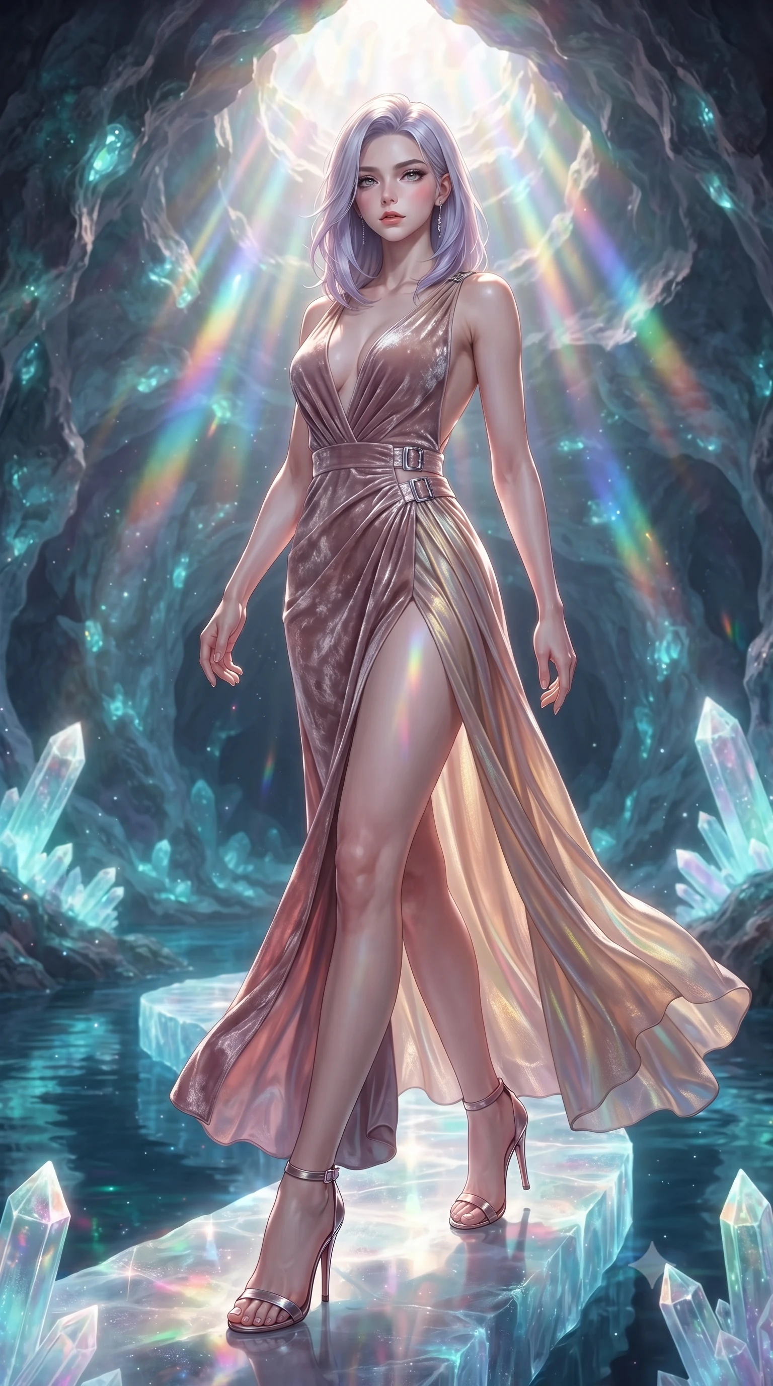 score_9, masterpiece, best quality, ultra-detailed, high-budget anime keyframe, editorial fashion photography, tasteful artistic composition, Caucasian woman. low angle full-body shot from head to toe showing her feet, filling the entire 9:16 vertical frame with her statuesque presence, stretching her vertical silhouette. navigating the luminous space with effortless poise, displaying her perfect model proportions stepping along a glowing quartz crystal bridge over a subterranean mirror lake, bioluminescent opal veins pulsing softly in the surrounding stone walls. She has an absolutely perfect, statuesque 8.5-heads proportion, an exceptionally tall and slender model-like female figure with impossibly long slender legs and an ultra-slim waist. sharp v-shaped jawline, high-bridge nose, intricate jewel-like eyes with depth, thick eyelashes, glossy lips with a natural sheen. wearing a backless crushed velvet gown with a deep V-neckline and high thigh slit in dusty rose and champagne gold, crafted from iridescent chiffon that shifts colors in the light, detailed with polished silver buckles along the waistline, the elegant draped fit framing her graceful clavicle and slender torso. bathed in brilliant prismatic light filtering from a natural cavern skylight. highly saturated vibrant anime colors, detailed shading with soft gradients, rich glossy textures, high-contrast stereoscopic depth, volumetric dynamic lighting, master piece, 9:16 ratio