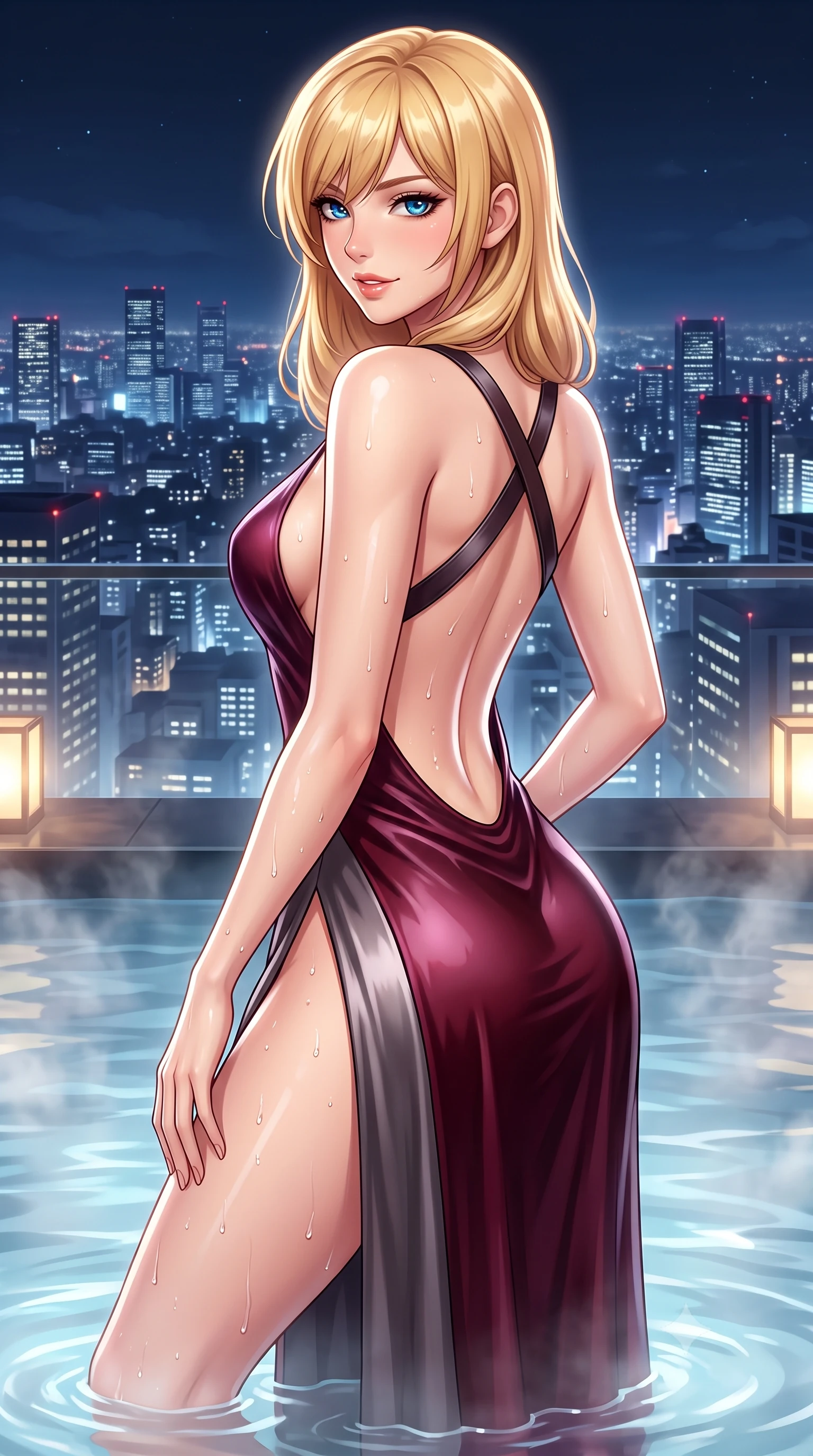 score_9, masterpiece, best quality, ultra-detailed, high-budget anime keyframe, semi-realistic 3D game render, editorial fashion photography, tasteful artistic composition, Caucasian woman. close-up cowboy shot from the waist and thighs up, the character dominates the composition, filling the frame with her large presence. turning over a bare shoulder with an intoxicating, teasing smile, her soft hair framing her sharp jawline as her hips angle gracefully while wading languidly through the steaming mineral water with hips cocked, water droplets beading along her flat midriff and long slender legs. The surrounding environment is rendered in vivid detail and crisp panoramic clarity. detailed wet fabric drape, glistening skin beads, and Tokyo skyline grid clarity in high resolution. She has an exceptionally elegant, slender, and willowy female figure with an ultra-slim waist, flat toned midriff, narrow ribcage, and sculpted feminine hips creating an alluring, slim hourglass silhouette without bulk. sharp v-shaped jawline, high-bridge nose, intricate jewel-like eyes with depth, thick eyelashes, glossy parted lips with a natural sheen, intensely captivating and seductive bedroom-eyes expression, flawlessly proportioned anatomical accuracy, strict slender model proportions, natural body alignment, perfectly sculpted long slender limbs, ultra-slim waistline, clean dynamic posture without body distortion. wearing a plunging-V neckline duchess satin gown with high side slits ascending to the high hip in deep wine burgundy and brushed dark platinum, tailored from second-skin aerodynamic stretch vinyl with specular wet sheen, featuring an open-back criss-cross harness strap in dark leather, the dramatically scooped open back descending to the base of her spine, accentuating her razor-sharp statuesque lines and slim hourglass silhouette. illuminated by rising steam backlights and city glow softly contouring her razor-sharp jawline, narrow waist, and curvy hips. highly saturated vibrant anime colors, detailed shading with soft gradients, rich glossy textures, high-contrast stereoscopic depth, volumetric dynamic lighting, master piece, 9:16 ratio