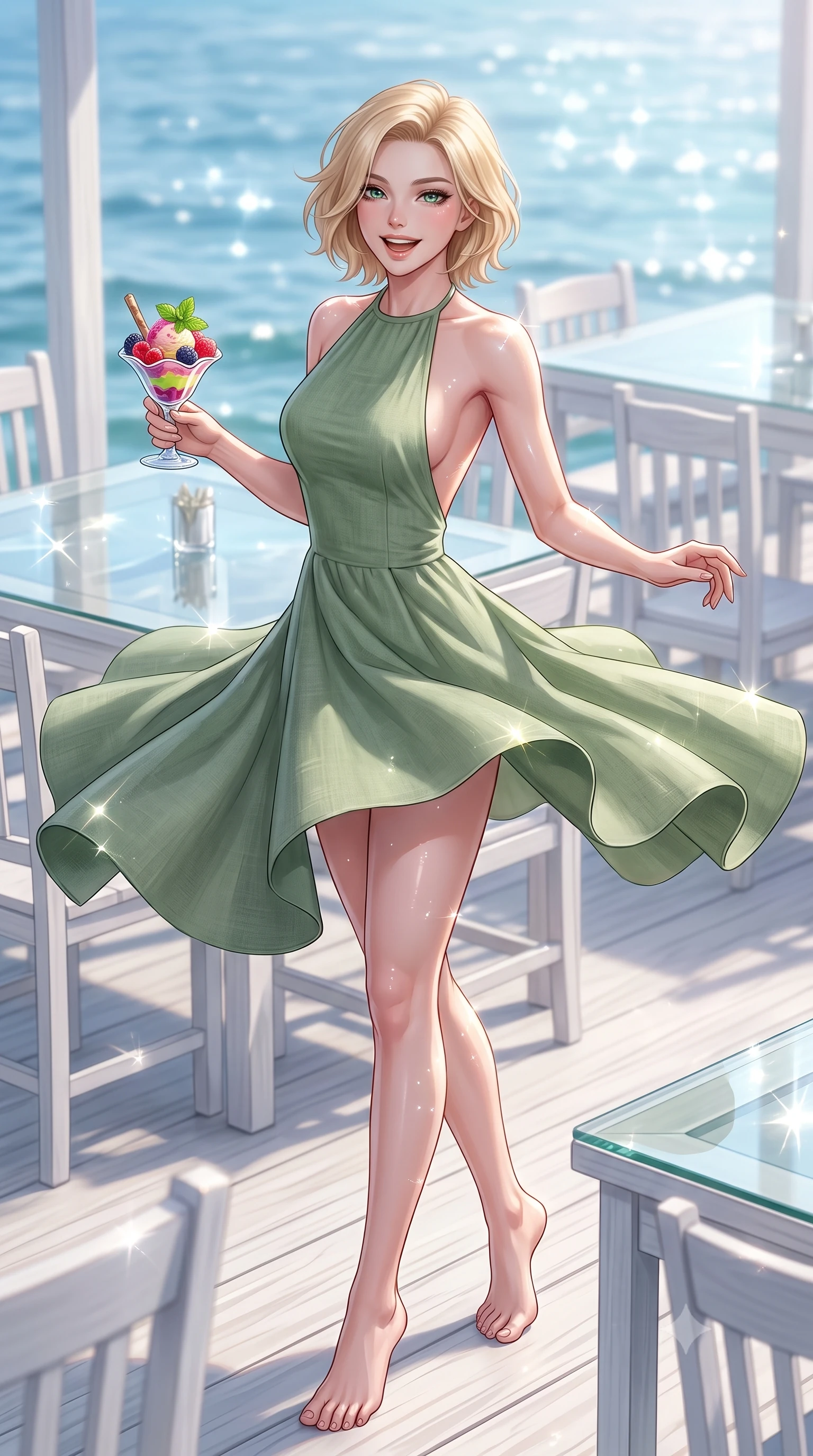 score_9, masterpiece, best quality, ultra-detailed, high-budget anime keyframe, editorial fashion photography, tasteful artistic composition, Caucasian woman. low angle full-body shot from head to toe showing her feet, filling the entire 9:16 vertical frame with her statuesque presence, stretching her vertical silhouette. twirling around with a playful, cute laugh, her skirt billowing beautifully in the air set against a soft-focus background of at a seaside cafe deck with white wooden tables and views of the blue water holding a colorful ice cream coupe with fresh berries and mint. She has an absolutely perfect, statuesque 8.5-heads proportion, an exceptionally tall and slender model-like female figure with impossibly long slender legs and an ultra-slim waist. sharp v-shaped jawline, high-bridge nose, intricate jewel-like eyes with depth, thick eyelashes, glossy lips with a natural sheen. wearing tailored backless linen halter dress in sage green, showing her elegant shoulder lines. bright daylight reflecting off the glass table and creating sparkling glints. ultra-reflective glossy finish, specular highlights, metallic sheen, high-contrast stereoscopic depth, volumetric dynamic lighting, 2k, ultra detail, master piece, 9:16 ratio