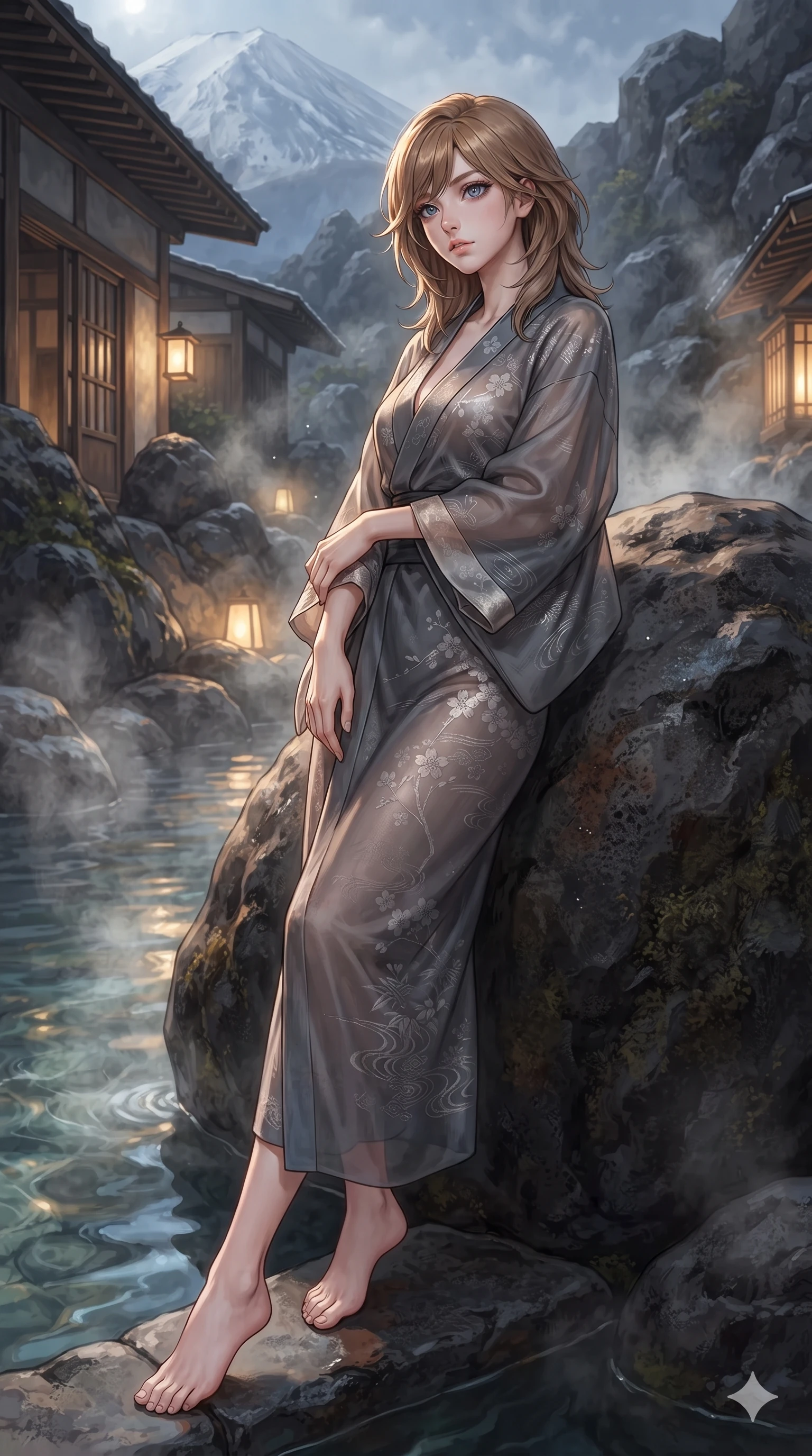 score_9, masterpiece, best quality, ultra-detailed, high-budget anime keyframe, editorial fashion photography, tasteful artistic composition, Korean woman. low angle full-body shot from head to toe showing her feet, filling the entire 9:16 vertical frame with her statuesque presence, stretching her vertical silhouette. executing a slow, graceful pivot turn as her silk wrap skirt sways around her slender legs, glancing back with an enchanting, teasing sensual expression while leaning against a smooth volcanic rock boulder with hips cocked back, looking through floating steam eddies with heavy-lidded seductive eyes. The surrounding environment is rendered in vivid detail and crisp panoramic clarity: intricate sheer vintage mesh dress tailoring, delicate chain belt accents, and high-altitude hot spring architecture in razor-sharp precision. She has an exceptionally tall and slender model-like 8.5-heads proportion, an ultra-slim waist, a flat toned midriff, narrow delicate ribcage, and beautifully sculpted feminine hips creating a graceful, slim hourglass silhouette without any bulky heaviness, with impossibly long slender legs. sharp v-shaped jawline, high-bridge nose, intricate jewel-like sparkling eyes with depth, thick eyelashes, glossy parted lips with a natural sheen, intensely captivating and seductive bedroom-eyes expression, exuding both youthful cute charm and sovereign luxury allure, flawlessly proportioned anatomical accuracy, strict slender model proportions, natural body alignment, perfectly sculpted long slender limbs, ultra-slim waistline, clean dynamic posture without body distortion. wearing a delicate semi-translucent silk yukata that clings to her wet skin and curvy hip contours in charcoal grey and polished chrome, made of delicate semi-sheer nanotech mesh with microscopic hexagonal weaves, featuring an open-back criss-cross harness strap in dark leather, the bespoke structured tailoring following the natural line of her 8.5-heads silhouette with refined elegance. bathed in the warm, moody ambient light of concealed rock-recessed spotlights combined with the soft silver glow of the moon. ultra-reflective glossy finish, specular highlights, rich textural contrasts, high-contrast stereoscopic depth, volumetric dynamic lighting, 2k, ultra detail, master piece, 9:16 ratio