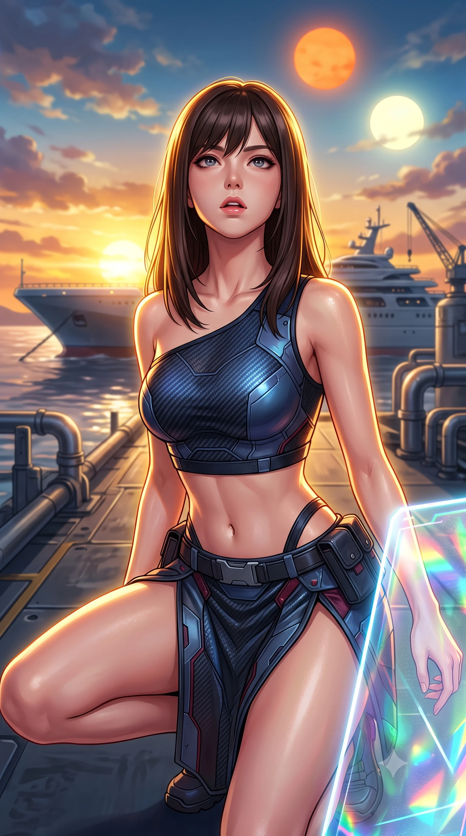 score_9, masterpiece, best quality, ultra-detailed, high-budget anime keyframe, editorial fashion photography, tasteful artistic composition, Korean woman. close-up cowboy shot from the waist and thighs up, the character dominates the composition, filling the frame with her large presence, background elements kept in soft focus. crouching slightly behind a glowing holographic shield emitter, looking up with defiance and lips slightly parted, the background shows a soft-focus a research vessel deck docked in a bay of liquid mercury under a binary sun. She has an exceptionally elegant, slender, and willowy female figure with an ultra-slim waist, a gracefully sculpted slender torso, and a refined silhouette. sharp v-shaped jawline, high-bridge nose, intricate jewel-like eyes with depth, thick eyelashes, glossy lips with a natural sheen. wearing a slim-fit asymmetric one-shoulder crop top in carbon knit, paired with a high-slit combat skirt. brilliant golden hour sunset tracing her carbon-armor silhouette with a gold rim. highly saturated vibrant anime colors, detailed shading with soft gradients, rich glossy textures, high-contrast stereoscopic depth, volumetric dynamic lighting, master piece, 9:16 ratio