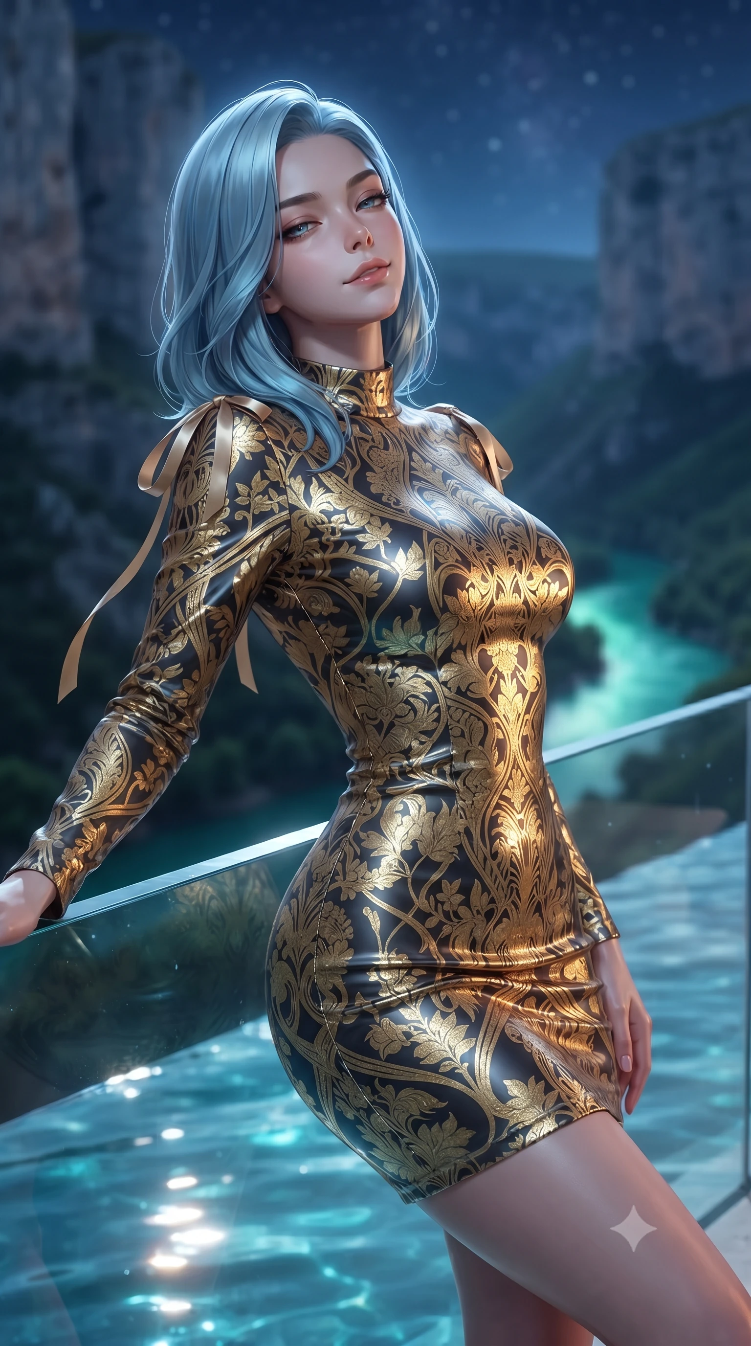 score_9, masterpiece, best quality, ultra-detailed, high-budget anime keyframe, editorial fashion photography, tasteful artistic composition, Korean woman. close-up cowboy shot from the waist and thighs up, the character dominates the composition, filling the frame with her large presence. leaning back against the balustrade with relaxed seductive grace, head tilted back slightly while casting a hypnotic, heavy-lidded gaze while leaning against the clear acrylic infinity coping with hips cocked back, looking down at the moonlit emerald river below with smoldering bedroom-eyes. The background shows a soft-focus monumental vertical limestone canyon walls towering into the night, winding emerald-turquoise Verdon river far below, and starry sky blurred into jade, turquoise, and silver bokeh. She has an exceptionally elegant, slender, and willowy female figure with an ultra-slim waist, flat toned midriff, narrow ribcage, and sculpted feminine hips creating an alluring, slim hourglass silhouette without bulk. sharp v-shaped jawline, high-bridge nose, intricate jewel-like sparkling eyes with depth, thick eyelashes, glossy parted lips with a natural peach sheen, bright cheerful beaming smile with an enchanting and coquettish sensual glint, exuding both youthful cute charm and seductive allure, flawlessly proportioned anatomical accuracy, strict slender model proportions, natural body alignment, perfectly sculpted long slender limbs, ultra-slim waistline, clean dynamic posture without body distortion. wearing a tailored velvet bodycon cocktail dress with long fitted sleeves and mock neck in Viennese golden secession noir and imperial 24k gold leaf, crafted from fluid liquid silk satin that clings smoothly to her narrow waist and rounded hips with a dewy sheen, finished with satin ribbon ties at the shoulders fluttering in the gentle breeze, the impeccably tailored cut draping gracefully along her slender figure with aristocratic poise. illuminated by pool water reflection bounce and sharp platinum-cyan rim lights defining her dewy collarbones, ultra-slim waist, and curvy hips. ultra-reflective glossy finish, specular highlights, rich textural contrasts, high-contrast stereoscopic depth, volumetric dynamic lighting, 2k, ultra detail, master piece, 9:16 ratio